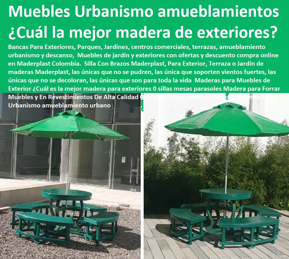 Muebles para jardines y terrazas exteriores, mesas, sillas y parasoles