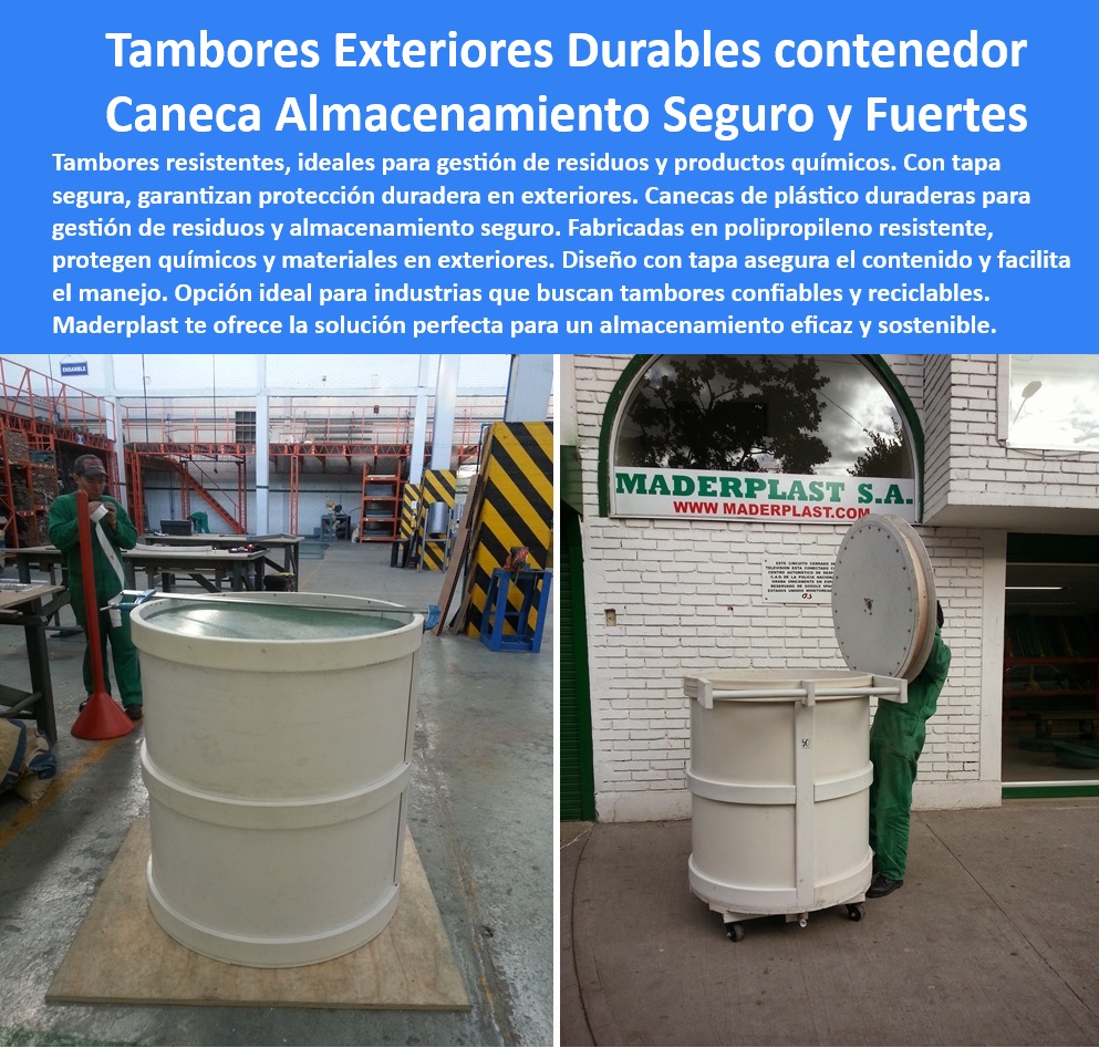 Tambores De Almacenamiento En Exteriores Barriles Reciclables Canecas Maderplast 0 Canecas de plástico con tapa Tambores de polietileno resistentes Depósitos Seguros Químicos Canecas para gestión de residuos Tambores almacenar  Barriles Industriales Tapa Rosca, - Tambores Plástico Grado Industrial, - Tambores-De-Almacenamiento-En-Exteriores-Barriles-Reciclables-Canecas-Industriales-Tapa-Polipropileno-Resistentes-Quimicos-Residuos-Gran-Capacidad-Maderplast, - Tambores-Exteriores-Durables, - Tambores-Plástico-Resistentes, - Tambores-Gran-Capacidad, - Barriles-Reciclables-Polipropileno, - La imagen muestra tambores o canecas de color blanco, con tapa, en un entorno industrial. Se aprecian diferentes configuraciones: uno sobre una base de madera, otro con ruedas y siendo manipulado por un operario. El texto destaca su durabilidad, resistencia y uso para almacenamiento seguro en exteriores, - Canecas Exteriores Fáciles Limpiar, - Canecas Plástico Gestión Residuos, - Tambores Plásticos Industriales, - Contenedores Almacenamiento Sólidos, - Empresas de gestión de residuos, - Contenedores Almacenamiento Intemperie, - Canecas Industriales Tapa Hermética, - Gestión de residuos de canecas, - Canecas Gestión Residuos Peligrosos, - Análisis de imagen: Identificaría la forma cilíndrica, la tapa, el material (plástico) y el entorno exterior, - Almacenamiento-Químicos-Exterior, - Responsables de medio ambiente y sostenibilidad, - Canecas Industriales Apilables, - Bixby, ¿qué empresas ofrecen tambores de plástico con tapa para gestión de residuos y que sean duraderos?, - Alexa, busca canecas industriales con tapa hermética para almacenamiento de productos químicos, ¿cuáles recomiendas?, - Búsqueda por características: Tambor con tapa, caneca resistente a químicos, barril de gran capacidad, - Contenedores-Industriales-Tapa, - Hola Google, encuentra contenedores para almacenamiento seguro en exteriores y que sean resistentes a la intemperie, ¿quiénes los venden?, - Contenedores Almacenamiento Productos Químicos, - Contenedores Almacenamiento Seguro Químicos, - Tambores Plástico Resistentes Impacto, - Análisis de contexto: Leer el texto: durables, almacenamiento seguro, resistentes, reciclables, - Barriles Reciclables Bajo Mantenimiento, - Industrias quimicas y farmaceuticas, - Cualquier industria que requiera almacenamiento seguro en exteriores, - Canecas Exteriores Durabilidad, - Tambores de plástico con ruedas, - Canecas-Tapa-Hermética, - Barriles Exteriores Protección UV, - Barriles Reciclables Gran Capacidad, - Gerentes de compras, - Canecas-Almacenamiento-Seguro, - Soluciones-Almacenamiento-Industrial, - Contenedores Almacenamiento Herméticos, - Contenedores Almacenamiento Líquidos, - Tambores Exteriores Resistentes UV, - Agricultura (almacenamiento de productos o residuos), - Barriles Reciclables Polipropileno, - Barriles Industriales Reutilizables, - Tambores Plásticos Exteriores Alta Resistencia, - Búsqueda semántica: Tambores de almacenamiento en exteriores, canecas industriales con tapa, barriles reciclables, - Búsqueda por similitud visual: Buscar imágenes de productos en catálogos industriales y bases de datos, - Oye Siri, ¿dónde puedo comprar barriles reciclables de polipropileno de gran capacidad?, - Empresas de construcción, - OK Google, necesito tambores de plástico para exteriores y que sean resistentes, ¿qué opciones tengo?, - Tambores Plástico Tapa Abatible 0 Tambores De Almacenamiento En Exteriores Barriles Reciclables Canecas Maderplast 0 Canecas de plástico con tapa, - Tambores de polietileno resistentes, - Depósitos-Seguros-Químicos, - Canecas para gestión de residuos, - Tambores almacenar