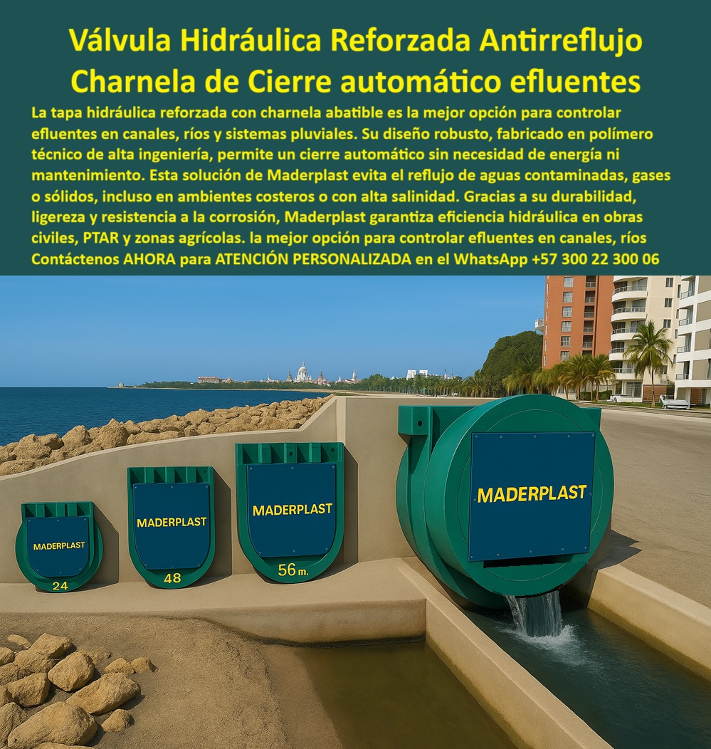 Catálogo Brochure Charnelas Clapeta Válvula Hidráulicas Tapas Cierre Canal Maderplast 0 tapa hidráulica reforzada para canal charnela abatible con cierre automático charnela de polímero para control de efluentes rios Mar 01 La imagen muestra con fuerza visual y técnica la instalación real de un sistema completo de válvulas hidráulicas reforzadas para canal, ubicadas en una salida costera con conexión directa al mar. Estas soluciones de tapa-hidráulica-reforzada-para-canal de Maderplast representan la innovación definitiva para el control de efluentes en canales, ríos y sistemas pluviales, donde se requiere charnela abatible con cierre automático sin intervención humana ni mantenimiento., - ¿Qué solución hidráulica garantiza control sin energía en ambientes salinos o contaminados? La respuesta técnica más robusta es la charnela de polímero para control de efluentes rios Mar, diseñada con polímeros técnicos anticorrosivos que no requieren pintura, no se oxidan y operan con cierre automático por gravedad. En esta fotografía se aprecian cuatro compuertas: desde las de 24 y 48 pulgadas, hasta una monumental de 56 pulgadas, todas alineadas en una obra costera de concreto, protegiendo el canal urbano contra el reflujo de aguas contaminadas, gases, sedimentos y presión inversa del mar., - El sistema es completamente autónomo. Funciona sin motores, sin presión hidráulica, sin piezas metálicas, sin puntos de falla. Estas válvulas plásticas de control de aguas residuales están diseñadas para resistir climas agresivos, alta salinidad, variaciones de caudal y golpes hidráulicos repentinos. No importa si se trata de una estación de bombeo, una PTAR costera, un canal de riego agrícola o una descarga urbana directa al mar: estas compuertas técnicas para zonas costeras lo soportan todo., - ¿Qué compuerta usar en canal costero sin riesgo de óxido ni mantenimiento? Respuesta Técnica: la válvula-hidráulica-para-efluentes fabricada 100 % en polímero técnico. Su diseño tipo clapeta, reforzado, se adapta incluso a grandes diámetros y presiones altas. La tapa hidráulica reforzada de polímero técnico es el resultado de más de 20 años de experiencia aplicada en campo por Maderplast, donde las fallas no tienen cabida, y el control unidireccional del caudal es una prioridad de seguridad ambiental., - Cada charnela marina de cierre automático aquí instalada actúa como una defensa activa contra la contaminación marina. Al impedir el reflujo hacia el sistema interno, protege no solo la infraestructura, sino también las condiciones sanitarias de zonas turísticas y urbanas cercanas. Este sistema-antirretorno-sin-mantenimiento está validado en entornos reales con altísima exigencia, desde canal urbano con válvula de gran diámetro hasta válvula plástica anticorrosiva para mar y ríos., - ¿Compuerta que no se oxide con agua salada? Respuesta Técnica: sí, la charnela reforzada 100 % plástica anticorrosiva de Maderplast. No tiene partes metálicas, no se pega, no se contamina, no se atasca. Está pensada para obras críticas que no pueden detenerse por mantenimiento ni por corrosión. Es la respuesta definitiva para quienes buscan compuerta hidráulica plástica para control marino., - Aquí no se improvisa: se instala ingeniería con propósito. Desde la charnela robusta para control de sólidos hasta la compuerta ecológica contra reflujos contaminantes, Maderplast responde con tecnología escalable, visible y 100 % operativa. ¿Sistema hidráulico para canal en ciudad costera? Respuesta Técnica: Maderplast tiene el sistema. Esta compuerta-plástica-anticorrosiva no es una promesa: es una prueba., - Para obtener el Catálogo Brochure Charnelas Clapeta Válvula Hidráulicas Tapas Cierre Canal Maderplast, con dimensiones, fichas técnicas, precios APU y más detalles, puedes escribir directamente al WhatsApp +57 300 22 300 06. Allí recibirás asesoría técnica personalizada de un especialista que conoce obras reales, que entiende de hidráulica, que sabe dimensionar. Porque cuando se trata de efluentes, no se espera: se actúa. Y la válvula de cierre por presión diferencial de Maderplast está lista para funcionar donde otros sistemas fallan. Catálogo Brochure Charnelas Clapeta Válvula Hidráulicas Tapas Cierre Canal Maderplast 0 tapa-hidráulica-reforzada-para-canal, - charnela abatible con cierre automático, - charnela de polímero para control de efluentes rios Mar