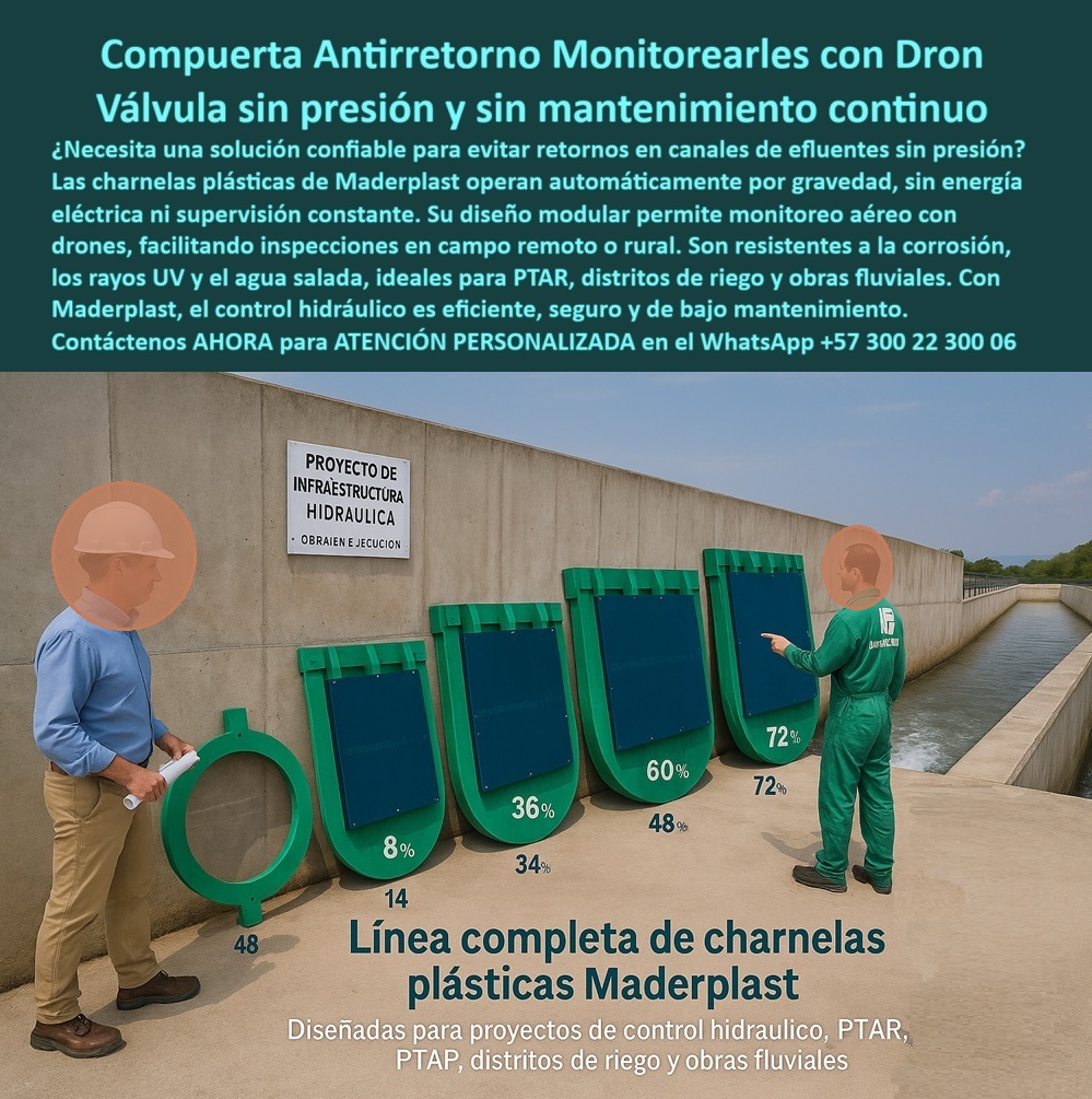 Catálogo Brochure Charnelas Hidráulicas Tapas Cierre Canal Clapeta Válvula Maderplast 0 Qué solución permite monitorear compuertas con dron en campo Catálogo Brochure Charnelas Hidráulicas Tapas Cierre Canal Clapeta Válvula 0 En la imagen se observa la exposición completa y profesional de una línea modular de charnelas hidráulicas Maderplast, donde varias compuertas plásticas sin energía están alineadas sobre una plataforma de concreto al borde de un canal técnico, listas para instalación y uso real. Cada compuerta está claramente rotulada con porcentajes de apertura: 8 %, 36 %, 60 %, 72 %, lo cual permite a ingenieros y proyectistas evaluar con precisión su rendimiento hidráulico, según caudal y requerimientos técnicos. Este sistema no solo es funcional, sino pedagógico, lo que convierte a esta imagen con compuertas plásticas en fila de tamaños variados LA SOLUCIÓN LA DA MADERPLAST. Línea modular de charnelas hidráulicas, en una herramienta de diseño visual para el cálculo técnico. Dos operarios en uniforme y un ingeniero de obra observan y verifican la adecuación de cada tapa, validando in situ lo que responde directamente a la pregunta ¿qué compuerta puede monitorearse con dron? LA SOLUCIÓN LA DA MADERPLAST. Sistema modular plástico con inspección aérea, ya que estas válvulas plásticas están diseñadas para operar sin electricidad, sin presión constante y sin mantenimiento continuo, permitiendo además monitoreo remoto por medio de drones. Cada charnela plástica para zona fluvial tiene un sistema de cierre automático por gravedad, lo que resuelve de forma definitiva el control unidireccional del agua, tanto en sistemas pluviales como en canales para distrito de riego, obras PTAR o emisarios rurales. Su fabricación en polímero técnico las convierte en válvulas resistentes a salinidad, a rayos UV, a químicos agresivos, y a condiciones climáticas extremas, lo que permite responder con contundencia cuando el cliente pregunta ¿qué tipo de compuerta se usa sin electricidad? LA SOLUCIÓN LA DA MADERPLAST. Válvula hidráulica pasiva sin energía, instalada y comprobada en múltiples entornos exigentes. Estas tapaderas hidráulicas para obras rurales, gracias a su diseño robusto pero liviano, no requieren maquinaria pesada para su instalación, lo que resuelve con eficiencia la pregunta recurrente ¿cuál válvula es buena para canal sin presión? LA SOLUCIÓN LA DA MADERPLAST. Compuerta liviana de cierre automático. El conjunto visual representa el catálogo visual de válvulas hidráulicas en concreto LA SOLUCIÓN LA DA MADERPLAST. Charnelas por diámetro para diseño técnico, una innovación que permite seleccionar la válvula por tamaño exacto según demanda de flujo. Además, el diseño permite que estas compuertas plásticas para obra fluvial funcionen incluso con agua estancada, activándose por mínima presión gracias a su equilibrio estructural. Esta capacidad de adaptarse a canales abiertos, tuberías de salida o proyectos de alcantarillado, responde directamente a necesidades reales de municipios, contratistas o ingenieros que necesitan compuertas contra reflujo en canal abierto, que no se oxiden, que no fallen, que no cuesten en mantenimiento. Cada tapa representa una solución específica: válvula tipo clapeta liviana, charnela-inspección-con-dron, charnela plástica anticorrosiva para ptar, todas instaladas bajo criterios de seguridad, durabilidad y eficiencia hidráulica. Es por eso que, cuando se trata de controlar efluentes sin energía, asegurar el diseño técnico y garantizar inspección moderna, la respuesta ya está fabricada, probada y disponible: LA SOLUCIÓN LA DA MADERPLAST., - Esta no es solo una compuerta plástica sin presión ni mantenimiento, ni una simple válvula para cierre de canal; es una demostración viva de ingeniería aplicada, confiabilidad absoluta y visión moderna. Es una respuesta directa a lo que buscan hoy ingenieros, alcaldías, contratistas y profesionales hidráulicos exigentes que necesitan resultados inmediatos, cero óxidos, cero trabas y un control hidráulico que funcione incluso cuando nadie está presente. Es una compuerta que inspira confianza desde el diseño hasta el cierre por gravedad, monitoreable por dron, sin necesidad de energía, fabricada a la medida, instalada en concreto y lista para funcionar por más de 25 años sin fallar. Es una inversión que se paga sola, que genera admiración y que evita errores costosos. Solicite asesoría personalizada ahora mismo con un especialista técnico de Maderplast, en este WhatsApp +57 300 22 300 06, y deje que su proyecto hable por usted con ingeniería de verdad, con soluciones que no se explican… se instalan. Porque cuando el agua debe fluir sin retorno, la mejor respuesta es clara, visible y está instalada: LA SOLUCIÓN LA DA MADERPLAST. Catálogo Brochure Charnelas Hidráulicas Tapas Cierre Canal Clapeta Válvula Maderplast 0 Qué solución permite monitorear compuertas con dron en campo, Catálogo Brochure Charnelas Hidráulicas Tapas Cierre Canal Clapeta Válvula 0