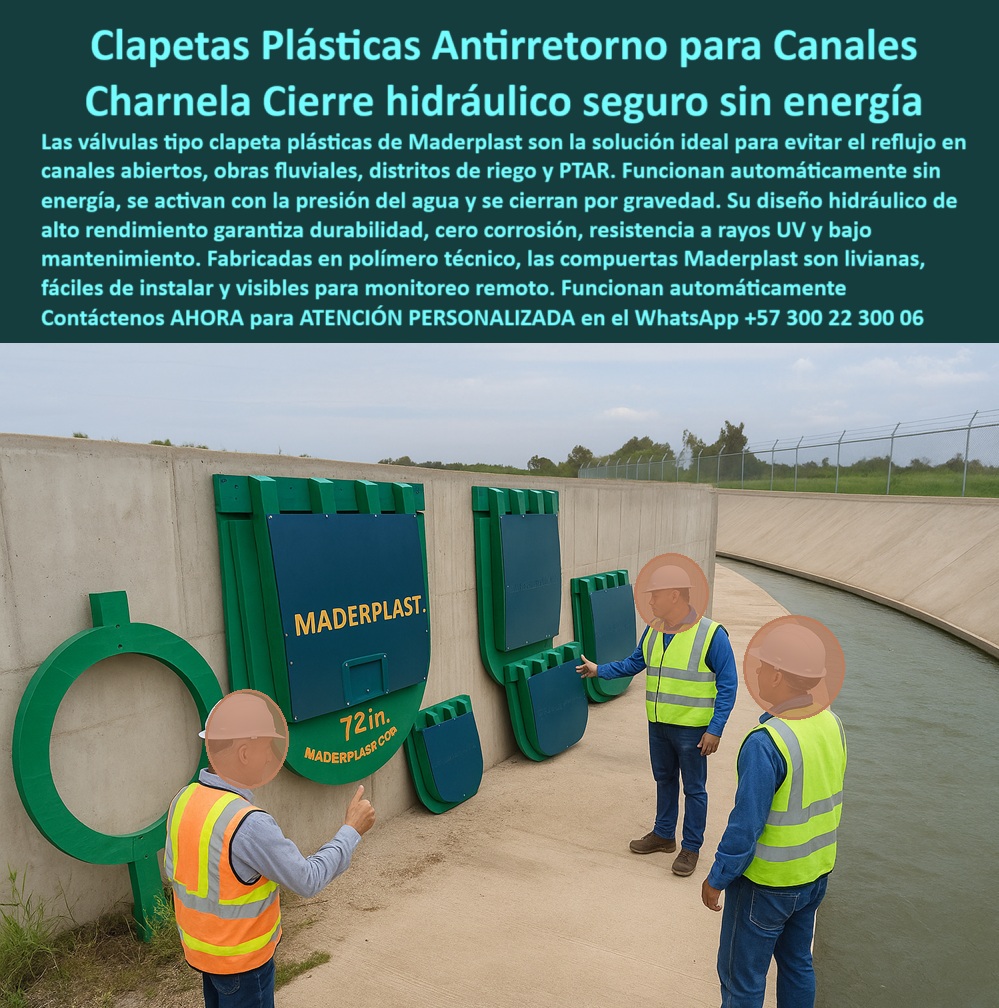 Catálogo Brochure Charnelas Hidráulicas Tapas Cierre Canal Clapeta Válvula Maderplast 0 clapetas plásticas para canales compuerta antirretorno hidráulica válvulas antirretorno plásticas para canal abierto clapeta ptar 01 Cuando el agua debe fluir en un solo sentido y jamás regresar, cuando el proyecto hidráulico exige máxima seguridad con cero mantenimiento, cuando el canal, el drenaje, el distrito de riego o la PTAR necesita soluciones que duren décadas sin oxidarse ni fallar, Maderplast responde con lo mejor: sus clapetas plásticas para canales. Esta imagen lo dice todo: un verdadero catálogo visual de compuertas hidráulicas antirretorno para canales, donde cada modelo responde a una necesidad técnica, específica y exigente., - Desde la compuerta-antirretorno-hidráulica circular hasta la válvula plástica de control de flujo cuadrada, cada una de estas soluciones fue fabricada en polímero técnico de alto rendimiento, reforzado para resistir rayos UV, químicos, humedad, presión constante, y lo mejor: todo sin energía, sin partes metálicas, sin mantenimiento. Son válvulas antirretorno plásticas para canal abierto, creadas para operar automáticamente: se abren con el paso del agua y se cierran por gravedad. Así de simple, así de confiable, así de técnica es la solución que Maderplast entrega., - Y si estás preguntando ¿Qué tipo de válvula usar para canal abierto sin energía?, la respuesta inmediata es clara: charnela plástica automática que se activa por presión de agua y se cierra por gravedad. Este sistema no necesita motores, ni electricidad, ni intervención humana, ni repuestos. Su durabilidad está probada en canales rurales, urbanos y en infraestructura pública., - Para los ingenieros civiles, diseñadores hidráulicos y contratistas que buscan sistemas sostenibles y sin fallas, este catálogo-de-charnelas-hidráulicas-plásticas ofrece toda la gama necesaria para adaptarse a cualquier proyecto. Desde clapetas con sello hermético para canales agrícolas, hasta compuertas livianas para instalación rápida y segura, cada pieza está diseñada con precisión, ajustada a los requerimientos de caudal, presión, temperatura y tipo de canal., - ¿Fabrican charnelas a medida para obras de PTAR? Por supuesto. Maderplast no especula. Diseña. Calcula. Refuerza. Entrega. Las válvulas plásticas para distritos de riego y PTAR están construidas con la intención de ofrecer años de servicio continuo, sin fallas, sin óxido y con facilidad de inspección visual remota. Son visibles desde drones, monitoreables sin contacto, lo que mejora la supervisión técnica., - En esta imagen, vemos un catálogo de válvulas plásticas industriales para obras reales. Nada de renders. Nada de maquetas. Solo soluciones listas para instalación. Válvulas activadas por el flujo hidráulico. Clapetas plásticas antirretorno para sistemas de riego, canalizaciones urbanas, drenajes pluviales, canales abiertos y obras sanitarias. Todas las compuertas presentadas han sido diseñadas bajo normativas de eficiencia hídrica, ecológica y sin corrosión., - ¿Cuál es la diferencia entre clapetas hidráulicas Maderplast? Respuesta inmediata: cada diseño tiene aplicación específica según caudal, tipo de canal y presión hidráulica. Aquí no hay fórmulas genéricas. Todo está hecho a medida. Como lo necesita su proyecto. Como lo exige su obra. Como lo espera el país., - Por eso, cuando se trata de una compuerta-antirretorno-para-canal-abierto, una válvula hidráulica automática para canalización sostenible, o una tapa hidráulica para canal de riego y PTAR, la mejor elección es Maderplast. Fabricamos desde lo más pequeño hasta lo más grande. Desde lo más simple hasta lo más técnico., - Solicite ya asesoría especializada con un especialista de Maderplast, atención personalizada en este whatsapp 57+ 300 22 300 06., - Maderplast no adivina: diseña, fabrica, entrega y garantiza. Porque sabemos lo que hacemos. Porque tenemos el respaldo. Porque su proyecto merece la mejor válvula. Y esa válvula, está aquí. Catálogo Brochure Charnelas Hidráulicas Tapas Cierre Canal Clapeta Válvula Maderplast 0 clapetas plásticas para canales, - compuerta-antirretorno-hidráulica, - válvulas antirretorno plásticas para canal abierto, - clapeta ptar
