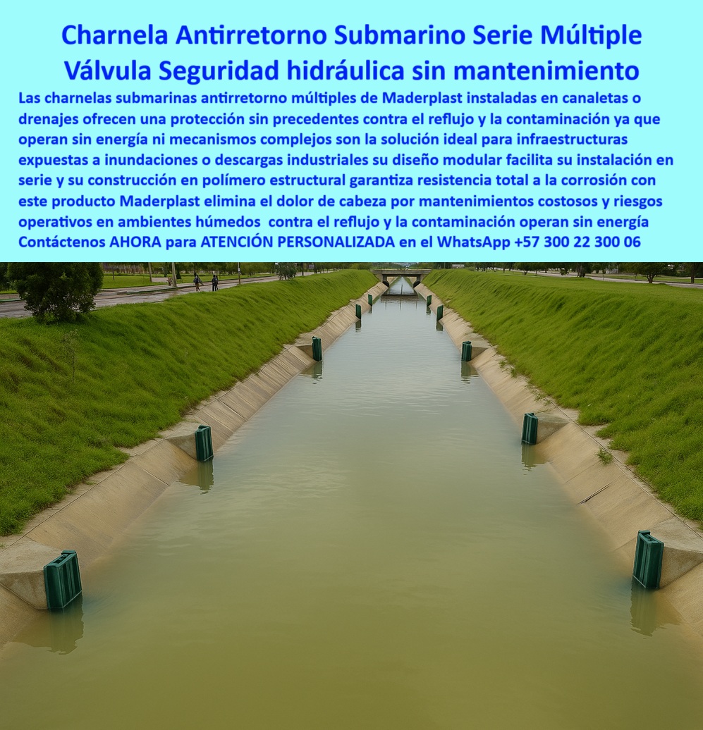 Charnela Canal Compuertas Canales Diques Válvulas Anti Inundacion Maderplast 0 sistema de control de agua sin energía sistema modular de control hídrico submarino sistema antirreflujo tipo tapa hidráulica Flood protection Ptap 01 La imagen muestra un canal urbano con césped en ambas márgenes y una serie de dispositivos hidráulicos perfectamente alineados sobre las paredes inclinadas. Se trata del revolucionario sistema modular de control hidráulico submarino desarrollado por Maderplast, una tecnología de última generación compuesta por charnelas antirretorno submarinas en serie múltiple, fabricadas en polímero estructural técnico y diseñadas para enfrentar los desafíos más exigentes del drenaje-urbano-sin-mantenimiento. Este tipo de solución no solo permite el control de vertimiento por presión hidráulica, sino que también constituye una respuesta efectiva a la pregunta más recurrente en zonas de riesgo: “¿Qué sistema hidráulico opera sin intervención humana?” La respuesta más inteligente y técnica es clara: una válvula plástica automática modular sin mantenimiento para canales urbanos como la que aquí se instala., - Estas compuertas hidráulicas sin energía para aguas residuales operan automáticamente, con cierre por presión inversa, sin necesidad de electricidad, lubricación ni piezas metálicas. Cada compuerta antirretorno submarina sin energía que se observa en la foto es una válvula tipo clapeta para zonas con descargas, construida para resistir entornos agresivos, desde descargas industriales contaminantes hasta lluvias torrenciales. Y cuando nos preguntan: “¿Qué válvula plástica sirve para evitar el reflujo en canaletas?”, la respuesta técnica es contundente: una válvula plástica tipo clapeta sumergible automática para canaletas sin energía, como la que aquí demuestra su capacidad para proteger entornos urbanos con eficiencia y cero mantenimiento., - Este sistema antirreflujo tipo tapa hidráulica garantiza seguridad hidráulica sin mantenimiento, ya que cada charnela sumergida automática para drenaje pluvial actúa como un guardián silencioso, evitando que aguas contaminadas, residuos o reflujo vuelvan aguas arriba. No hay mejor opción cuando se requiere una válvula hidráulica sin mantenimiento para canales que soporte presión constante y evite obstrucciones críticas. Este sistema, completamente autónomo, ha sido la respuesta clave para quienes se enfrentan a inundaciones urbanas sin margen de error., - La imagen también responde otra inquietud clave de proyectos técnicos: “¿Qué charnela submarina es ideal para inundaciones y lluvias?” La mejor solución es la charnela sumergida de control hidráulico múltiple para zonas inundables, capaz de ofrecer protección continua 24/7 sin fallas. Su diseño en serie múltiple multiplica la eficiencia del flujo, mejora la evacuación pluvial y permite mantener los canales limpios y libres de reflujo con una arquitectura hidráulica optimizada., - Gracias a su fabricación en polímero técnico de alto desempeño, esta válvula sumergida contra reflujo contaminante no se oxida, no se degrada, no requiere supervisión constante. Es una compuerta plástica resistente para flujo inverso, pensada para durar más de 20 años bajo condiciones extremas. Y cuando el reto es proteger áreas sensibles, industriales o agrícolas, ante la pregunta: “¿Qué compuerta sirve para evitar contaminaciones en drenajes industriales?” la respuesta más eficiente es: válvula sumergida plástica automática para evitar retorno contaminante en drenajes., - Este proyecto Maderplast responde también a la necesidad de un sistema de control de agua sin energía, un sistema limpio, preciso y ecológico que ha desplazado a soluciones metálicas obsoletas, costosas y de mantenimiento constante. Su integración modular permite adaptarse a diferentes tamaños, caudales y geometrías de canal sin complicaciones, y cada charnela hidráulica para evitar retorno contaminante demuestra que la ingeniería bien aplicada no solo soluciona, sino que previene, protege y optimiza., - Porque cuando se busca una válvula hidráulica sin mantenimiento para canales, no basta con elegir un producto. Hay que elegir confianza, respaldo técnico, durabilidad comprobada y atención personalizada. Por eso, la mejor decisión es contactar ahora a un especialista de Maderplast para recibir asesoría especializada a través del whatsapp +57 300 22 300 06, y descubrir cómo transformar un problema hidráulico en una solución sostenible y de alta ingeniería. Charnela Canal Compuertas Canales Diques Válvulas Anti Inundacion Maderplast 0 sistema-de-control-de-agua-sin-energía, - sistema modular de control hídrico submarino, - sistema antirreflujo tipo tapa hidráulica, Flood protection Ptap