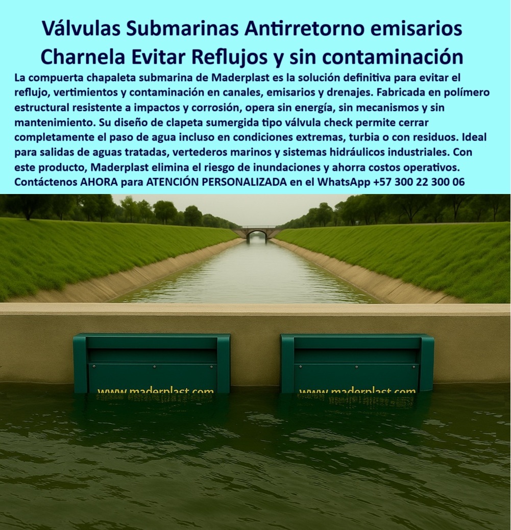 Charnela Canal Compuertas Canales Diques Válvulas Anti Inundacion Maderplast 0 sistema pasivo de control para aguas costeras Clientes institucionales y gobiernos locales Ingenieros civiles hidráulicos y sanitarios válvula canal 01 La imagen revela una compuerta antirretornos de alta resistencia tipo charnela plástica de Maderplast instalada en un canal hidráulico, operando sin presión ni energía, en un entorno de alta exigencia técnica. Esta válvula control hidráulico seguro y eficiente se presenta como la solución ideal para proteger zonas urbanas y rurales contra el reflujo, las inundaciones y los vertimientos contaminantes. Su estructura reforzada permite soportar grandes caudales sin trabarse, sin oxidarse y sin necesidad de mantenimiento. Su diseño de cierre automático por gravedad hace que estas válvulas funcionen de manera completamente autónoma, siendo la elección preferida por alcaldías, operadores de infraestructura hídrica y consultores ambientales que requieren soluciones eficaces, duraderas y sostenibles., - Si te preguntas ¿Qué válvula se usa en emisarios submarinos?, la respuesta técnica está aquí: una válvula tipo clapeta plástica sumergible sin mecanismos con cierre automático por gravedad, fabricada en polímero técnico resistente a químicos, residuos sólidos, salinidad y vandalismo. Esta misma tecnología está presente en la imagen, donde se aprecia el sistema funcionando de forma estable en un canal expuesto, con personal técnico supervisando la operación eficiente de la válvula., - Ante la duda ¿Qué tapa sirve para vertimientos con residuos?, la solución más efectiva es una compuerta sumergida que bloquea retroceso incluso en aguas turbias o contaminadas, como lo hace la visible válvula submarina de clapeta plástica, instalada en un emisario o canal artificial para permitir el flujo unidireccional sin que haya posibilidad de retorno de agua contaminada o ingreso de cuerpos extraños. Este sistema hidráulico sin mantenimiento reduce significativamente los costos operativos y evita fallas estructurales en drenajes industriales, emisarios marinos, canales verdes o vertederos urbanos., - ¿Te preguntas cómo evitar reflujo en canales industriales? La solución es clara: se logra con compuertas antirretorno tipo check fabricadas en polímero resistente a corrosión, como esta compuerta-plástica-check que opera sin presión y sin sistemas eléctricos, gracias a su mecanismo de charnela reforzada de cierre pasivo. Este dispositivo actúa como una válvula sumergible para emisario, evitando que aguas residuales o contaminantes retornen al sistema hidráulico o ambiental., - Para quienes buscan un dispositivo antirretorno para aguas tratadas, la imagen ofrece una respuesta visible, robusta y comprobable: una compuerta clapeta canal sumergido cuya instalación directa en concreto asegura sellado hermético y operación constante sin supervisión presencial. Además, si necesitas una válvula técnica para canales verdes, esta opción es la más segura, pues combina tecnología anticorrosiva, sistema pasivo y resistencia mecánica superior, ideal para infraestructura expuesta o subterránea., - Y si la pregunta es ¿Qué sistema antirretorno instalar en drenajes profundos?, la respuesta es contundente: una charnela submarina plástica con cierre hermético para aguas tratadas en emisarios, como la que aquí se muestra en acción, deteniendo todo posible retroceso y manteniendo la dirección del flujo hidráulico incluso en condiciones extremas. Este sistema-antireflujo-sin-energía es de instalación rápida, no requiere grúas, y puede ser implementado en obras nuevas o sistemas existentes sin modificar las estructuras base., - Además, si estás trabajando en control de contaminación en vertederos o canales costeros, esta válvula sumergida control de vertimientos es compatible con emisarios submarinos, bocatomas, salidas de alcantarillado y zonas de captación, pues se activa automáticamente solo con el peso del agua y se cierra ante cualquier presión inversa., - ¿Quieres ver una foto de compuerta sin energía en drenaje industrial? La imagen responde: aquí está la válvula plástica Maderplast instalada en emisario sin mantenimiento, con personal técnico verificando la correcta operación en un canal profundo, una verdadera solución profesional en obra. Esta compuerta clapeta canal industrial, también conocida como válvula-submarina-antirretorno, ofrece años de funcionamiento continuo sin corrosión, sin piezas móviles metálicas, sin fallas, sin fricción, sin energía, sin motores, sin sensores… solo física hidráulica aplicada con inteligencia estructural., - ¿Te preguntas cómo funcionan las válvulas sin energía? La respuesta es sencilla y comprobable: operan por gravedad con sistema basculante pasivo que cierra automáticamente sin presión, como lo hacen las tapas hidráulicas sumergibles sin energía que evitan inundaciones, bloquean contaminantes y protegen la salud pública y el medio ambiente., - ¡No esperes una emergencia para actuar! Esta es la solución definitiva para obras hidráulicas urbanas, rurales, costeras o industriales. Solicítala ya, con asesoría personalizada directamente con un experto Maderplast, escribiendo al WhatsApp +57 300 22 300 06., - Compuerta Maderplast. Tecnología sin presión, sin mantenimiento, sin margen de error. Charnela Canal Compuertas Canales Diques Válvulas Anti Inundacion Maderplast 0 sistema pasivo de control para aguas costeras, - Clientes institucionales y gobiernos locales, Ingenieros civiles, hidráulicos y sanitarios válvula  canal