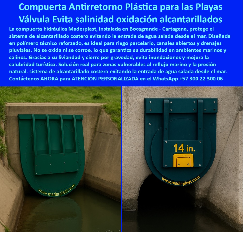 Charnela Hidráulica Para Control De Caudal En Ríos Charnelas Antiretorno Maderplast 0 compuerta anti retorno para alcantarillado pluvial Válvula de no retorno para montaje mural charnela anti reflujo agua con diseños Mar 01 La fotografía muestra en primer plano una compuerta hidráulica plástica antirretorno para zonas costeras, instalada sobre un muro de concreto que protege un sistema de alcantarillado pluvial. Se trata de una válvula plástica vertical instalada en muro, fabricada por Maderplast con tecnología de alta ingeniería, diseñada para resistir ambientes marinos salinos sin oxidarse, sin corroerse y sin requerir mantenimiento. Este modelo, probado en las playas de Bocagrande - Cartagena, funciona como charnela hidráulica para control de caudal en ríos y mares, impidiendo el ingreso de agua salada desde el mar y protegiendo redes sanitarias, turísticas y urbanas contra reflujo y presión marina., - ¿Qué compuerta evita entrada de agua salada en alcantarillado? La compuerta plástica antirretorno para mar con cierre por gravedad es la respuesta técnica ideal. ¿Cuál es la válvula que evita entrada de mar en alcantarillas? La más inteligente solución es la compuerta técnica para reflujo salino con cierre por gravedad, sin piezas metálicas, sin óxido, y con garantía de operación 24/7. ¿Qué tipo de charnela es esta contra agua marina? La mejor respuesta es: compuerta plástica técnica para canales pluviales costeros. Diseñada para durar más de 20 años en condiciones salinas severas, con presión inversa constante y ambientes húmedos extremos., - Esta solución se clasifica como válvula de no retorno para montaje mural, específicamente pensada como compuerta anti retorno para alcantarillado pluvial. También cumple como sistema antirretorno para redes sanitarias costeras, y ha sido utilizada con éxito en múltiples playas colombianas para evitar la oxidación de estructuras de acero, proteger la salubridad ambiental y mantener la infraestructura turística libre de reflujo., - ¿Cómo se mantiene libre de fallos esta solución? Gracias a su sistema hidráulico de control sin óxido ni mantenimiento, basado en cierre por presión natural del agua y materiales plásticos resistentes. Su operación no depende de motores, ni de supervisión constante. Solo requiere una instalación correcta con brida mural y la gravedad hará el resto. ¿Qué tapa evita oxidación en redes pluviales junto al mar? Respuesta técnica: válvula mural plástica de cierre hermético sin mantenimiento. ¿Dónde va esta válvula redonda anticorrosiva? Respuesta más inteligente: tapa plástica de seguridad montada en emisarios costeros. ¿Qué compuerta sirve para proteger contra reflujo en playas? La solución técnica es una charnela técnica plástica anticorrosiva para zonas costeras y drenajes., - En términos de aplicación, esta solución se clasifica también como tapa plástica de seguridad para drenaje costero, tapa plástica técnica para caudales en costas, válvula antireflujo para aguas marinas, compuerta mural técnica para drenaje urbano, válvula de seguridad en emisarios costeros, y como una opción ideal para válvula hidráulica para alcantarillado sin corrosión, perfecta para tapa-hidráulica-para-alcantarillado, control-de-reflujo-en-playas y sistema de control sin mantenimiento para ductos., - Esta válvula está incluida en catálogos técnicos bajo el nombre válvula costera de seguridad plástica, compuerta de cierre automático por gravedad marina, válvula clapeta anticorrosiva para aguas salinas, tapa hidráulica con resistencia marina, y es también una confiable compuerta para bocatomas con agua salada, con desempeño comprobado en zonas vulnerables a inundaciones por marea o por mal clima., - ¿Dónde encuentro válvulas de reflujo resistentes al mar? La mejor alternativa es la compuerta hidráulica ligera anticorrosiva para control en ductos marinos, un diseño creado por Maderplast que cumple con todas las exigencias ambientales, estructurales y sanitarias., - En resumen, si usted busca una solución confiable, sin óxido, sin mantenimiento y con máxima durabilidad, esta charnela anti reflujo agua con diseños Mar, fabricada en polímero técnico reforzado y certificada para uso urbano, turístico o agrícola, es la mejor inversión en infraestructura costera. Compuerta-anticorrosiva-plástica, confiable, ecológica y funcional., - Ahora es su momento. Haga lo que ya están haciendo en las mejores playas del país. Proteja su sistema de alcantarillado, evite fallas, y eleve la seguridad sanitaria de su comunidad. Escriba ahora mismo al WhatsApp +57 300 22 300 06 y reciba asesoría personalizada de un especialista de Maderplast. Quien instala Maderplast, instala confianza. Solicite la suya hoy. Charnela Hidráulica Para Control De Caudal En Ríos Charnelas Antiretorno Maderplast 0 compuerta anti retorno para alcantarillado pluvial, - Válvula de no retorno para montaje mural, - charnela anti reflujo agua con diseños Mar