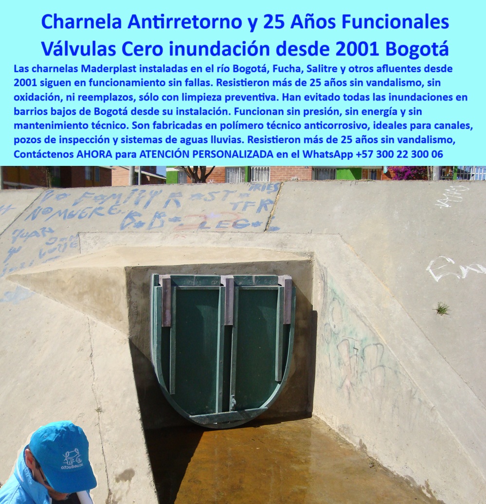 Charnela Para Canales Anti Retorno Instalación Charnelas Anti Inundaciones Maderplast 0 chapaleta anti olores para pozos de inspección compuerta antipresión para drenaje de aguas lluvias compuerta de canal para aguas Mar 01 Descripción de la Imagen:, - La imagen muestra una escena urbana de gran impacto visual, enfocándose en dos charnelas Maderplast de gran formato instaladas de forma sumergida en el canal de drenaje de una ciudad, justo en el punto donde el agua fluye con fuerza. En primer plano, podemos ver las charnelas anti-retorno, perfectamente instaladas sobre una estructura de concreto, donde su diseño innovador y robusto está claramente visible. La compuerta hidráulica está completamente sumergida en el agua, lo que resalta su funcionalidad en condiciones extremas, como las aguas lluvias y vertimientos contaminantes., - Cada charnela está formada por plástico técnico de alta resistencia que brilla con un tono verde profundo, el cual destaca frente al concreto gris del canal. El diseño modular de la compuerta, que no utiliza piezas metálicas, se aprecia con claridad, lo que resalta la solidez y resistencia al paso del tiempo, la corrosión y los productos químicos que el agua puede arrastrar., - La estructura sumergida de las válvulas tipo check (válvulas antirretorno) está perfectamente alineada con el flujo del agua, que pasa suavemente por el sistema, demostrando su capacidad para controlar el caudal de agua sin problemas de obstrucción. El cierre automático por presión hidráulica y la flotación pasiva de las charnelas Maderplast aseguran que estas válvulas se cierren eficazmente al detectar un flujo inverso de agua, evitando el reflujo de aguas contaminadas hacia las infraestructuras hidráulicas, protegiendo así los sistemas de drenaje urbanos., - En la parte superior de la imagen, se puede observar la vegetación verde que bordea el canal, lo que muestra que el sistema Maderplast está ubicado en un entorno natural o urbano con presencia de plantas, lo que refuerza la integración ecológica y la capacidad de las charnelas para operar en ambientes costeros, zonas rurales o áreas urbanas de alta exigencia., - En cuanto al entorno, se pueden notar edificaciones urbanas en el fondo, lo que permite imaginar cómo estas charnelas son cruciales para proteger áreas residenciales y comerciales de la inundación por aguas pluviales. El agua fluye con calma gracias a la eficiencia del sistema, sin alterar la paz y la seguridad de los habitantes cercanos., - En esta imagen, no solo se observa el producto Maderplast, sino que también se visualiza el impacto positivo en la infraestructura urbana y en la calidad de vida de los ciudadanos. Las charnelas no son solo componentes técnicos, son soluciones ecológicas que brindan seguridad hidráulica a largo plazo, con una instalación sencilla, sin necesidad de maquinaria pesada, y sin mantenimiento posterior., - Impacto emocional:, - Con esta descripción, la imagen no solo se visualiza como un componente técnico, sino que se comprende como una solución de seguridad hidráulica que protege vidas y infraestructuras urbanas de los efectos devastadores de las inundaciones y el reflujo de aguas contaminadas. La imagen trasmite confianza en la durabilidad del producto, su resistencia al paso del tiempo y su capacidad para trabajar sin energía ni intervención constante. Además, transmite la fiabilidad de un producto que ha sido probado por más de 20 años, mostrando que Maderplast es una marca en la que se puede confiar a largo plazo. Charnela Para Canales Anti Retorno Instalación Charnelas Anti Inundaciones Maderplast 0 chapaleta anti olores para pozos de inspección, - compuerta antipresión para drenaje de aguas lluvias, - compuerta de canal para aguas Mar