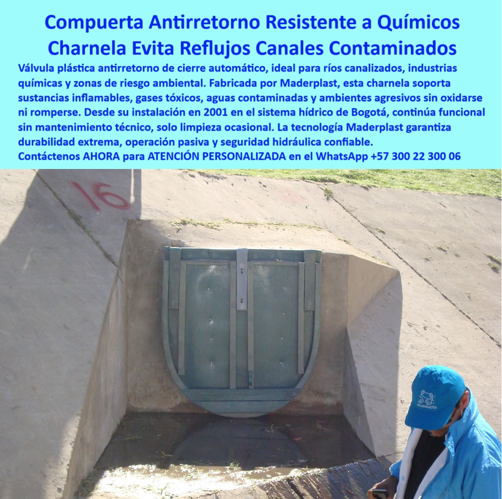 Charnela Para Canales Anti Retorno Instalación Charnelas Anti Inundaciones Maderplast 0 válvula resistente a sustancias químicas inflamables Compuerta de cierre automático válvulas anti retorno para ríos compuerta Mar 01 La imagen documenta un caso de éxito con más de dos décadas de respaldo técnico: una compuerta hidráulica plástica tipo charnela, instalada desde 2001 en el canal del río Fucha, parte del sistema hídrico del río Bogotá, sigue operando con total funcionalidad, sin corrosión, sin mantenimiento técnico, solo limpieza ocasional. Esta válvula de canal con más de 20 años de uso representa una solución probada y aprobada. Hoy, ese mismo cliente —tras inspección conjunta entre EAAB, CAR y el contratista Power China— ha decidido repetir la compra para el Plan Maestro de Alcantarillado de Bogotá en el proyecto PTAR Canoas, lo que valida el compromiso y la calidad de Maderplast., - ¿Qué válvula usar en canales con aguas contaminadas? La respuesta técnica es clara: charnela plástica resistente a químicos y cierre automático sin mantenimiento. Esta compuerta duradera para sistemas agresivos fue diseñada con polímero técnico reforzado para resistir sustancias inflamables, gases tóxicos, aguas contaminadas y químicos industriales sin oxidarse ni romperse, ideal para zonas de riesgo ambiental., - ¿Qué compuerta fue aprobada por la CAR y EAAB para PTAR Canoas? Sin duda, la compuerta plástica de alta durabilidad usada desde 2001 en el canal del río Bogotá, con sistema de cierre por gravedad, sin partes metálicas, sin necesidad de energía, y con funcionamiento pasivo 24/7. Se trata de una válvula eficiente para aguas contaminadas, que ha superado la prueba del tiempo y la inspección rigurosa de los mayores entes reguladores de Colombia., - ¿Dónde encuentro una válvula sin mantenimiento para aguas negras? En Maderplast, la válvula plástica sin mantenimiento técnico que hoy se usa en sistemas hidráulicos pasivos para PTAR Canoas y será instalada desde el río Tunjuelito hasta la planta PTAR antes de la represa del Muña. Su diseño es perfecto para industria química, canales urbanos, alcantarillado contaminado, y ríos canalizados., - ¿Cómo funciona en condiciones extremas? Gracias a su diseño inteligente, esta compuerta de cierre automático por gravedad soporta flujos industriales, químicos, sólidos y gases sin comprometer su operación. Por eso es reconocida como una compuerta anticorrosiva para canal de concreto, una válvula técnica para químicos y aguas negras, una charnela segura para zonas de riesgo ambiental, y una válvula aprobada por contratista y autoridades ambientales., - ¿Qué compuerta soporta químicos y flujos industriales? Maderplast ofrece una tapa técnica de polímero estructural con instalación en muro de concreto, ideal para inspección ambiental, protección sanitaria y plan maestro alcantarillado Bogotá. Esta charnela hidráulica resistente a químicos, ha demostrado ser funcional sin corrosión desde 2001, y hoy representa el estándar más alto en compuertas ecológicas para redes pluviales, alcantarillado urbano, y descarga tóxica., - No es una promesa. Es un hecho comprobado. Más de 20 años después, la charnela tipo clapeta para alcantarillado sigue operando en condiciones agresivas sin fallas. Es por eso que el cliente repite la compra. Porque la confianza se construye con durabilidad, respaldo técnico y resultados medibles., - Ahora es su turno. ¿Va a esperar a que el sistema falle o va a instalar desde ya una solución estructural definitiva? No espere la emergencia. Anticípese con tecnología Maderplast. Escriba ahora mismo al WhatsApp +57 300 22 300 06 y reciba atención personalizada inmediata con un especialista que lo acompañará desde el diseño hasta la instalación. Las obras exitosas no se improvisan. Se construyen con Maderplast. Charnela Para Canales Anti Retorno Instalación Charnelas Anti Inundaciones Maderplast 0 válvula resistente a sustancias químicas inflamables, - Compuerta de cierre automático, - válvulas anti retorno para ríos, - compuerta Mar