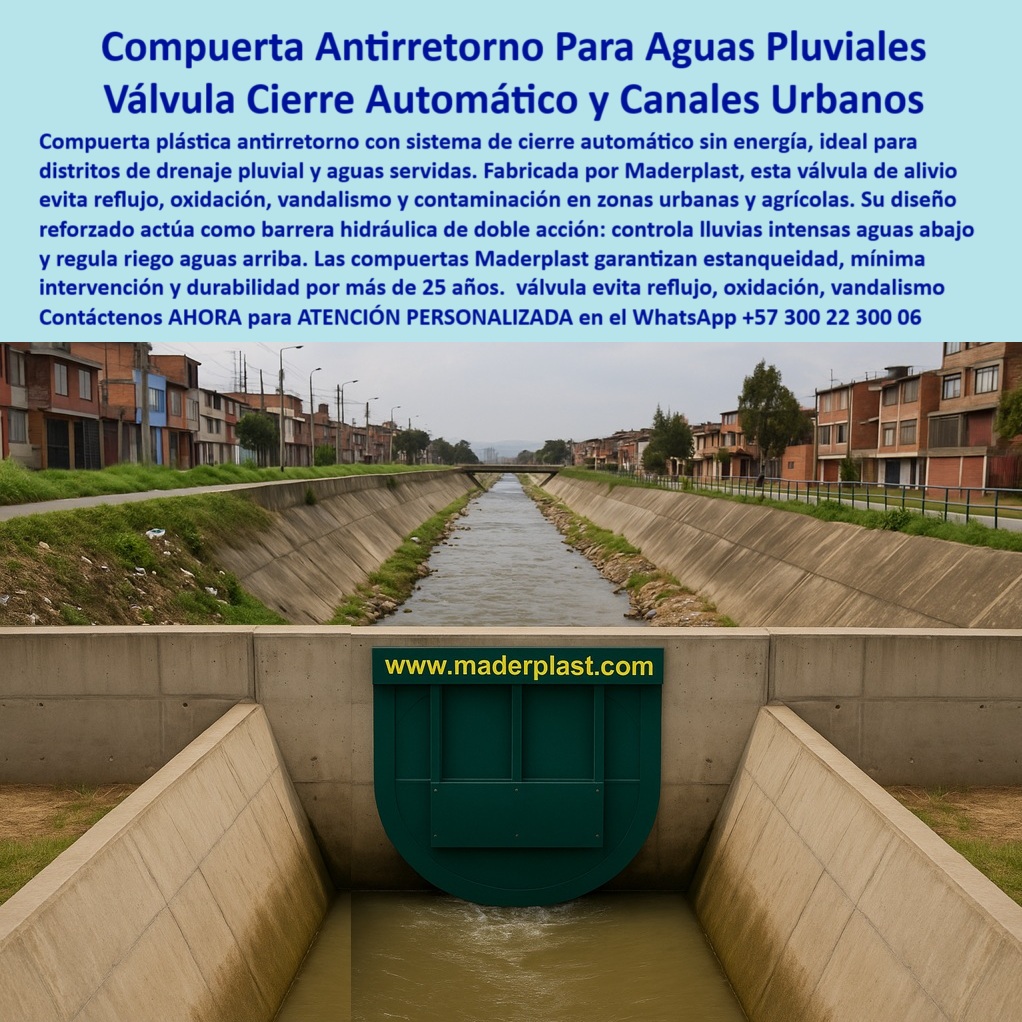 Charnela Para Control De Caudal En Ríos Canales De Riego Antiretorno Maderplast 0 cierre automático pluvial válvula de alivio sin retorno compuerta anticorrosiva aguas servidas tapa plástica reforzada para cierre canal 01 En esta imagen se aprecia una compuerta plástica tipo charnela de cierre automático, instalada en un canal de concreto que atraviesa una zona urbana con alta densidad poblacional. Esta solución de Maderplast, diseñada específicamente para sistemas de drenaje pluvial y aguas servidas, opera sin energía, se activa únicamente con la presión del agua y no requiere mantenimiento técnico. Es una válvula antirretorno para distritos de drenaje, una verdadera barrera hidráulica de doble acción: aguas abajo evita inundaciones urbanas por lluvias intensas y aguas arriba regula caudales residuales para riego controlado., - ¿Qué válvula plástica sirve para canales urbanos? La respuesta técnica es clara: la compuerta de cierre automático sin energía ideal para drenaje pluvial y aguas servidas, con más de 25 años de durabilidad comprobada, sin fallas estructurales ni pérdidas por oxidación o vandalismo. La instalación vertical embebida en concreto asegura estanqueidad hidráulica, eficiencia permanente y resistencia estructural incluso bajo presión constante., - ¿Qué tapa controla reflujo y oxidación en canales? La válvula plástica reforzada con doble acción hidráulica que evita corrosión y retorno ha sido probada en zonas urbanas vulnerables y agresivas. Esta tapa plástica reforzada para cierre canal elimina por completo la necesidad de válvulas metálicas que fallan por oxidación. En cambio, ofrece funcionamiento pasivo, sellado confiable y tecnología ecológica de alta ingeniería., - ¿Qué válvula usan en drenajes pluviales sin mantenimiento? Justamente esta: la compuerta hidráulica de cierre pasivo sin partes metálicas ni energía, una solución estable, eficiente y segura para canales en barrios urbanos y residenciales. Esta válvula plástica de cierre automático urbano cumple con normas técnicas de infraestructura hidráulica sostenible y urbana, garantizando más de 25 años de servicio continuo., - ¿Qué compuerta evita retorno en canal urbano? La válvula plástica de cierre automático instalada en muro de concreto, como la que ves en la imagen, está diseñada para operar sin intervención humana, bloquear reflujos contaminantes y resistir el paso del tiempo incluso en condiciones climáticas extremas o de vandalismo ocasional., - ¿Qué compuerta dura más de 25 años sin fallas? Maderplast responde con hechos, no con promesas: esta charnela plástica anticorrosiva instalada en concreto con funcionamiento autónomo ya opera sin fallos en múltiples zonas urbanas, donde ha sido validada por empresas de acueducto, alcaldías y contratistas de infraestructura pública., - ¿Compuerta reforzada contra vandalismo urbano? Exactamente, esta tapa hidráulica plástica con sellado seguro en canales residenciales, que resiste agresiones externas y garantiza la integridad de los sistemas hidráulicos municipales. Además, al ser una válvula de alivio sin retorno, protege tanto aguas abajo como aguas arriba con su diseño de cierre-automático-pluvial., - ¿Sistema hidráulico sin electricidad para canal urbano? La respuesta más inteligente es la válvula pasiva plástica instalada en estructura de concreto, una solución moderna, sin engranajes, sin oxidación y con sello hermético que responde a las exigencias de drenaje urbano del siglo XXI., - No deje su canal expuesto a inundaciones, reflujo o vandalismo. Las compuertas Maderplast son la solución definitiva: resistentes, sin mantenimiento, ecológicas y diseñadas para durar. Contáctenos AHORA para atención personalizada con un especialista de Maderplast en el WhatsApp +57 300 22 300 06. No espere al desastre. Instale tecnología pasiva, confiable y de clase mundial con Maderplast. Charnela Para Control De Caudal En Ríos Canales De Riego Antiretorno Maderplast 0 cierre-automático-pluvial, - válvula de alivio sin retorno, - compuerta-anticorrosiva-aguas-servidas, tapa plástica reforzada para cierre canal