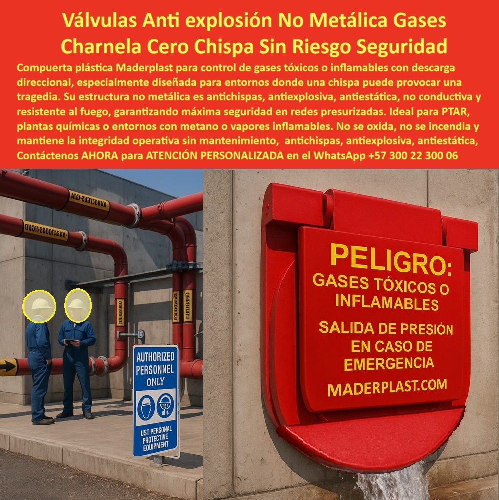 Charnela Plástica Alta Resistencia Química Válvula De Control Gases Ptar Maderplast 0 Compuertas de retención de gases con descarga unidireccional Charnela PP 01 Charnela Plástica Alta Resistencia Química Válvula De Control Gases Ptar Maderplast 0 En la imagen se aprecia una charnela plástica de alta resistencia química instalada en una red industrial sensible a la presencia de gases tóxicos o inflamables, específicamente diseñada para actuar como válvula de control de gases PTAR Maderplast. Su estructura, completamente plástica y no metálica, evita la generación de chispas, lo que la convierte en una compuerta de retención de gases con descarga unidireccional segura incluso en atmósferas explosivas o áreas ATEX. Esta tapa de descarga unidireccional funciona de manera autónoma, sin electricidad, sin herrajes metálicos, y con un sistema de bisagra integrada que garantiza un cierre hermético bajo presión interna., - Diseñada como parte de un sistema no metálico de control de gases industriales, esta compuerta ha sido desarrollada con polímeros técnicos ignífugos, antiextáticos y no conductivos, lo que la hace ideal para PTAR, túneles, plantas químicas y entornos con vapores inflamables o metano. En la fotografía se observa claramente el mensaje de advertencia “PELIGRO: GASES TÓXICOS O INFLAMABLES – SALIDA DE PRESIÓN EN CASO DE EMERGENCIA”, impreso en alta visibilidad sobre la válvula roja de descarga por presión sin chispa, una solución visual y funcional que indica de inmediato su función crítica., - ¿Qué válvula se usa para gases tóxicos sin chispa? La válvula plástica antichispa unidireccional sin riesgo de ignición ni corrosión es la única que garantiza seguridad completa en ambientes agresivos. ¿Cuál tapa de emergencia se activa por presión? La tapa plástica de descarga para redes químicas activada sin electricidad ni contacto es la opción técnica aprobada en sistemas industriales de riesgo. ¿Qué compuerta sirve para vapores inflamables? La respuesta técnica es la compuerta unidireccional sin metal que no genera chispa en atmósferas explosivas, lo que asegura continuidad operativa sin fallas catastróficas., - Diseñada como válvula plástica para evacuación de gases peligrosos, esta tecnología también cumple funciones de válvula industrial para control ambiental sin chispa, siendo especialmente útil en redes presurizadas que manejan gases de escape o presión acumulada. Su sistema se basa en un diseño reforzado para funcionar como válvula de seguridad para descarga de presión controlada, con el respaldo de pruebas en campo y cumplimiento de normativas industriales de seguridad., - ¿Qué compuerta evita explosiones en PTAR? La válvula anticorrosiva sin chispa para controlar presión en instalaciones industriales es la única con historial de funcionamiento exitoso en zonas de riesgo. Y si buscas una solución visual clara, la charnela plástica roja con señal visual para descarga en caso crítico no solo es técnica, también es intuitiva y de rápida identificación en emergencias. ¿Qué compuerta es segura en entornos ATEX con gases? Sin duda, la charnela no metálica para redes presurizadas industriales cumple con los requisitos más exigentes., - La válvula antichispa de uso intensivo sin electricidad funciona por presión interna y su diseño permite la evacuación inmediata de gases en caso de fuga. ¿Qué tapa usar para salida de presión segura? Técnicamente, la tapa plástica reforzada de seguridad sin ignición para entornos con gases tóxicos es la respuesta más confiable. Esta válvula también cumple el rol de compuerta de seguridad para gases, con diseño que evita ignición espontánea, contacto eléctrico y degradación por fuego o agentes químicos., - Ideal como válvula para PTAR sin chispa, esta charnela está pensada para uso diario en condiciones hostiles, donde un fallo puede representar una tragedia. No se oxida, no se prende, no genera arco eléctrico ni necesita mantenimiento, lo que la convierte en una de las pocas soluciones aptas para instalaciones clasificadas como Zonas 1 y 2 según normas internacionales., - Para aquellos que preguntan: ¿Qué compuerta usar para controlar presión de gases inflamables?, la respuesta más inteligente es la válvula plástica de descarga automática instalada en estructura de concreto, segura, confiable y visible. ¿Qué válvula no metálica usar en redes presurizadas? La tapa reforzada de evacuación sin contacto eléctrico ni oxidación es la opción preferida por ingenieros en entornos sensibles. ¿Qué compuerta se recomienda para gases industriales sin mantenimiento? Sin duda, la válvula ignífuga para áreas ATEX sin riesgo de explosión fabricada por Maderplast., - Actúe antes de que ocurra una emergencia. Instale seguridad real, certificada y 100 % confiable. No más metales, no más riesgos, no más mantenimientos costosos. Instale Maderplast., - Para asesoría especializada con un especialista de Maderplast, atención personalizada en este WhatsApp +57 300 22 300 06. Escriba ahora y reciba el respaldo de la marca líder en seguridad hidráulica y ambiental. Compuertas de retención de gases con descarga unidireccional, - Charnela Pp