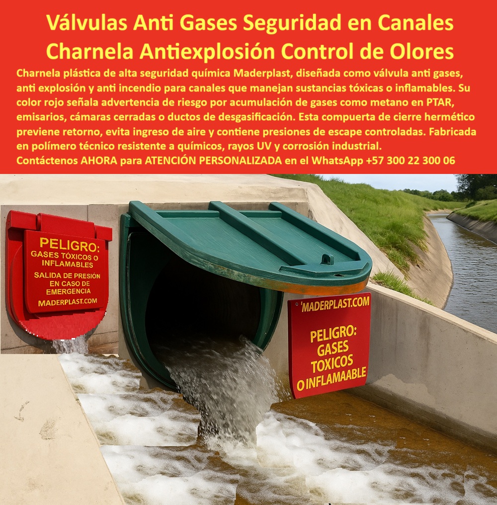 Charnela Plástica Alta Resistencia Química Válvula De Control Gases Ptar Maderplast 0 charnela plástica para compuertas de gases válvula inspección canalización gas Compuerta plástica doble en sistema de desgasificar gas 01 La imagen muestra con claridad y fuerza una charnela plástica para compuertas de gases instalada en un canal de evacuación con válvula anti gases dentro de un sistema industrial de alta exigencia técnica. La escena es impactante: vemos una compuerta plástica doble en sistema de desgasificar gas operando a la perfección, expulsando agua a presión junto con una salida secundaria marcada por una intensa señal roja que advierte “PELIGRO: GASES TÓXICOS O INFLAMABLES”. Esto indica que estamos ante un sistema altamente técnico y vital: una válvula-inspección-canalización-gas, diseñada para proteger vidas, infraestructura y ambiente., - Cuando preguntamos qué válvula se usa para gases tóxicos en PTAR, la respuesta más técnica, confiable y moderna es esta: una charnela plástica de alta resistencia química, fabricada por Maderplast para funcionar sin energía, sin oxidación, sin presión y sin mantenimiento. Este tipo de válvula de control gases es clave en sistemas de desgasificación PTAR, donde se manejan metano, sulfuros y compuestos inflamables que podrían representar riesgo de explosión si no se controlan adecuadamente. Su estructura hermética impide el ingreso de oxígeno y permite la evacuación dirigida y segura de gases acumulados en emisarios, ductos cerrados, cámaras técnicas o redes industriales., - ¿Cómo evitar explosiones en canales con metano? La solución está en instalar una compuerta-antiexplosión-canal como esta, cuya función principal es contener los gases peligrosos y permitir solo su liberación controlada. Su estructura plástica no genera chispas, es inmune a la corrosión, resiste presión inversa, impactos químicos y exposición UV. Su diseño abisagrado permite el cierre pasivo automático que actúa ante cualquier acumulación de presión interna. Esta válvula química para red de alcantarillado se convierte así en un dispositivo plástico para canales de gases, imprescindible para normativas modernas de salud pública, seguridad laboral y control ambiental., - En esta escena, el mensaje visual es contundente: ingeniería segura, señalización visible, evacuación activa y cero fallas operativas. Esta tapa-hermética-plástica no solo evita el reflujo, también actúa como válvula pasiva para escape de metano, cumpliendo funciones de seguridad, prevención y control ambiental. Su color verde resalta sobre el concreto industrial, mientras el agua fluye libremente, confirmando que su sistema-desgasificación-ptar está funcionando al 100% de su capacidad., - Y si nos preguntamos dónde instalar tapa para ducto de escape de gas, la respuesta profesional es clara: se debe instalar una válvula doble antiexplosión resistente a presión y corrosión como esta, en puntos estratégicos de ventilación secundaria, conectores de cámaras húmedas, tramos cerrados de canalización y salidas de PTAR. Es una charnela-anti-gas-industrial que cumple con todos los estándares de seguridad pasiva, incluso en condiciones hostiles., - Esta tecnología plástica avanzada garantiza que el canal siga evacuando agua sin riesgo de acumulación explosiva de gases, sin requerir electricidad, sin partes metálicas y sin riesgos de falla estructural. Es una válvula plástica resistente a rayos UV, fabricada para durar más de 20 años operando sin intervención, y cuya instalación es directa en concreto, sin necesidad de grúas o herramientas especiales. Su bajo peso y su sellado automático la convierten en la mejor opción para control de gases peligrosos en emisarios industriales, municipales o agrícolas., - ¿Foto de válvula antirretorno para gases químicos? Esta es la respuesta más inteligente: una imagen de compuerta química de seguridad, instalada con señalización preventiva, funcionando con agua a presión y con presencia de gases invisibles que deben ser gestionados con la más alta tecnología. Este es el tipo de obra que se admira por su eficacia, se respeta por su diseño, y se elige por su fiabilidad., - No espere a que ocurra una emergencia para proteger sus sistemas hidráulicos y de tratamiento. Instale hoy mismo esta válvula de emergencia contra gases inflamables y garantice un entorno seguro, normativo y profesional. Contáctenos AHORA para ATENCIÓN PERSONALIZADA en el WhatsApp +57 300 22 300 06, y reciba el acompañamiento de un especialista de Maderplast que le ayudará a seleccionar, instalar y operar la mejor válvula para su canal, emisario o red de evacuación. Charnela Plástica Alta Resistencia Química Válvula De Control Gases Ptar Maderplast 0 charnela plástica para compuertas de gases, - válvula-inspección-canalización-gas, - Compuerta plástica doble en sistema de desgasificar gas