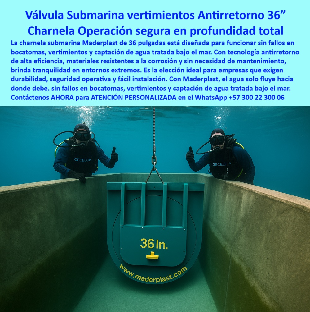 Charnela Submarina Bocatoma Charnelas canal Vertimientos Ptar Ptap Maderplast 0 válvula tipo clapeta bajo el mar Alcaldías acueductos constructoras ONGs de agua dique modular antireflujo marino tapa de control hidráulico ptar 01 En la imagen se observa una charnela submarina tipo clapeta de 36 pulgadas, en pleno proceso de instalación asistida por buzos profesionales, dentro de un canal técnico sumergido construido en concreto armado. Esta válvula submarina antirretorno para bocatomas marinas forma parte del sistema hidráulico marino de vertimiento controlado, instalado por Maderplast con tecnología pasiva que no requiere energía, engranajes ni mantenimiento, asegurando operación segura en profundidad total. En la escena destacan los buzos especializados validando la posición y nivelación de la compuerta submarina sin energía para PTAP, equipada con anclajes reforzados y una bisagra hidráulica que garantiza un cierre hermético y unidireccional por presión inversa., - La válvula tipo clapeta bajo el mar está diseñada específicamente para vertimientos en emisarios submarinos, captación de agua tratada, y conducción en bocatomas de alta presión. Este sistema cumple funciones críticas en proyectos impulsados por alcaldías, acueductos, constructoras, y ONGs de agua, donde es vital impedir el retorno del mar o de contaminantes en procesos de vertimiento ambientalmente controlado. Maderplast, como fabricante líder en soluciones hidráulicas submarinas, asegura que el agua solo fluya en un sentido gracias a su dique-modular-antireflujo-marino, un desarrollo patentado de ingeniería plástica estructural., - ¿Dispositivo de control hidráulico en canal marino? La respuesta más inteligente es la compuerta sumergida activada por gravedad con flujo seguro a mar, sin necesidad de energía eléctrica. ¿Qué tapa usar en bocatomas marinas profundas? Técnicamente, la tapa plástica antirretorno de alta resistencia a presión y corrosión oceánica es la solución definitiva. ¿Qué válvula submarina sirve para PTAR? Es la válvula técnica sumergida de operación automática para vertimientos en profundidad, diseñada para resistir salinidad, presión, impacto submarino y fallas estructurales durante décadas., - Maderplast ha diseñado esta válvula hidráulica submarina de 36 pulgadas con polímeros técnicos de alto desempeño, resistentes a los rayos UV, la corrosión salina, el crecimiento biológico y la degradación química. Su sistema pasivo de control de vertimiento oceánico impide eficazmente el reflujo incluso en condiciones extremas, siendo la solución confiable para cualquier compuerta de captación de aguas tratadas, tapa de seguridad hidráulica para bocatomas, o compuerta de retención para aguas residuales submarinas., - ¿Qué válvula se ve instalada en vertimiento oceánico? La respuesta más inteligente es la válvula plástica resistente a presión en emisario submarino sin energía, visible en la foto acompañada por equipo técnico de buceo que valida su correcta alineación. ¿Qué compuerta funciona sin energía bajo el mar? Técnicamente, la compuerta hidráulica de control unidireccional activa por presión sin componentes eléctricos es la única solución 100% confiable. ¿Qué tapa antirretorno usar para vertimiento de aguas tratadas? La más segura es la válvula de 36 pulgadas instalada para flujo unidireccional bajo el océano, tal como se evidencia en esta instalación., - La charnela clapeta para vertimientos submarinos sin energía es ideal para obras costeras de saneamiento, porque permite la evacuación constante de aguas tratadas sin riesgo de succión inversa, evitando así la contaminación del sistema. Su tapa plástica de control hidráulico marino ha sido diseñada para soportar instalación asistida por inmersión técnica, con grúa desde superficie, tal como se ve en esta fotografía submarina., - Este sistema de vertimiento PTAR no solo controla el caudal con eficiencia, sino que ofrece la mejor relación entre ingeniería, seguridad y sostenibilidad ambiental. Por eso, Maderplast es la elección de los expertos que entienden que bajo el mar, solo hay una oportunidad de hacerlo bien., - No deje su infraestructura crítica en manos de válvulas metálicas que se oxidan. Elija la innovación sumergible sin fallos. Elija Maderplast., - Solicite asesoría especializada AHORA con un ingeniero Maderplast, con atención inmediata en este WhatsApp +57 300 22 300 06. Confíe su obra al fabricante que opera donde otros no pueden. Charnela Submarina Bocatoma Charnelas canal Vertimientos Ptar Ptap Maderplast 0 válvula tipo clapeta bajo el mar, - Alcaldías, acueductos, constructoras, ONGs de agua, - dique-modular-antireflujo-marino tapa de control hidráulico ptar