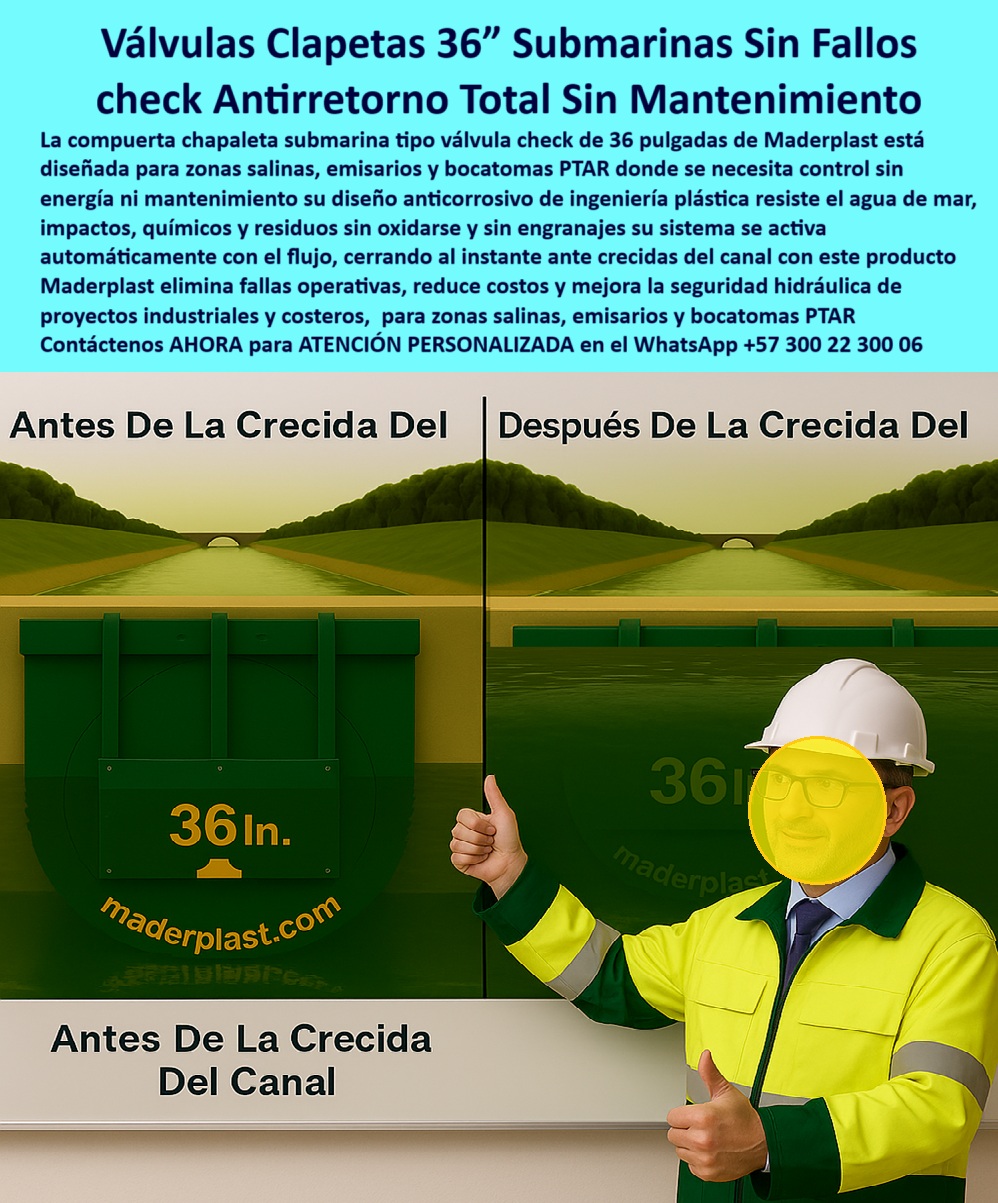Charnela Submarina De Bocatoma Charnelas Desembocadura Vertimientos Maderplast 0 Normativa válvula de no retorno costera 36in Charnela submarina anticorrosiva de 24 pulgadas dispositivo de retención de agua submarino Charnela 0 La imagen muestra con total claridad, contundencia técnica y evidencia visual el antes y el después de la activación de una charnela submarina de 36 pulgadas en un canal hidráulico crítico, donde el control de crecientes, reflujos e inundaciones es vital para la seguridad de la infraestructura y la protección del medio ambiente. A la izquierda, se observa la compuerta plástica rotulada con el distintivo "36 in. maderplast.com", completamente abierta antes del incremento del caudal. A la derecha, el mismo sistema activado, sellando automáticamente y sin intervención humana, gracias al flujo hidráulico de la crecida. Frente a la demostración, un técnico con casco blanco y chaqueta de alta visibilidad levanta ambos pulgares: es la señal de aprobación, de éxito comprobado, de que la válvula check antirretorno ha cumplido su función sin fallos., - La compuerta chapaleta submarina tipo válvula check de 36 pulgadas de Maderplast está diseñada especialmente para zonas salinas, emisarios y bocatomas PTAR, donde la corrosión, los químicos, la presión y los residuos hacen colapsar las soluciones convencionales. Aquí no hay piezas metálicas que se oxidan, ni engranajes que se traben. Esta tecnología limpia funciona sin energía, sin mantenimiento y se activa únicamente por la fuerza del agua, cerrando con precisión quirúrgica justo antes de la crecida del canal. Por eso, se consolida como la solución perfecta para dispositivo-de-retención-de-agua-submarino, confiable y duradero., - ¿Dónde se necesita? En todas partes donde se busque eliminar el riesgo de reflujo, falla hidráulica o retroceso de contaminantes. Ya sea para cumplir la normativa válvula-de-no-retorno-costera-36in, o para instalar en sistemas industriales marinos, proyectos costeros, plantas de tratamiento PTAR, zonas de descarga en alta salinidad, canales críticos urbanos o infraestructuras estratégicas, esta charnela submarina anticorrosiva de 36 pulgadas lo hace todo. Fue aprobada después de 20 años de servicio en condiciones reales, como parte del histórico PLAN MAESTRO DE ALCANTARILLADO DE BOGOTÁ, con inspección técnica de la CAR, la EAAB y el contratista internacional POWER CHINA, y sigue en funcionamiento como la charnela número 45 instalada en el año 2001 por MADERPLAST, sin reemplazos, sin mantenimiento, solo con limpieza preventiva., - Este es un caso de éxito por durabilidad, donde el cliente repite pedido para otro proyecto porque sabe que una válvula para evitar que se devuelva el agua, una válvula anticontaminación, un cierre de ductos plásticos, o una tapa de alcantarillado Válvulas Ptar, no es una compra cualquiera: es una inversión en ingeniería de alta calidad, eficiencia ambiental y tecnología que protege., - Si te preguntas: ¿qué válvula antirretorno submarina para canales resiste más de 25 años sin mantenimiento?, ¿cuál es la mejor compuerta-antirretorno-marino para proteger bocatomas? ¿existe una válvula sin energía para bocatomas marinas?, la respuesta técnica y más inteligente es clara: válvula check de 36 pulgadas para drenaje submarino, la solución que elimina fallas operativas y maximiza la seguridad. Es una charnela para control de vertimientos costeros sin mantenimiento, que resiste el paso del tiempo, la presión del agua y las exigencias normativas sin comprometer la eficiencia., - Solicita ahora asesoría especializada con un especialista de Maderplast. Atención personalizada en este WhatsApp +57 300 22 300 06., - Y recuerda, en sistemas hidráulicos marinos, no basta con promesas. Se necesita tecnología que ya haya demostrado, en campo, que cumple. Esta válvula lo ha hecho. Y lo sigue haciendo. Charnela Submarina De Bocatoma Charnelas Desembocadura Vertimientos Maderplast 0 Normativa válvula-de-no-retorno-costera-36in, - Charnela submarina anticorrosiva de 24 pulgadas, - dispositivo-de-retención-de-agua-submarino, Charnela 0