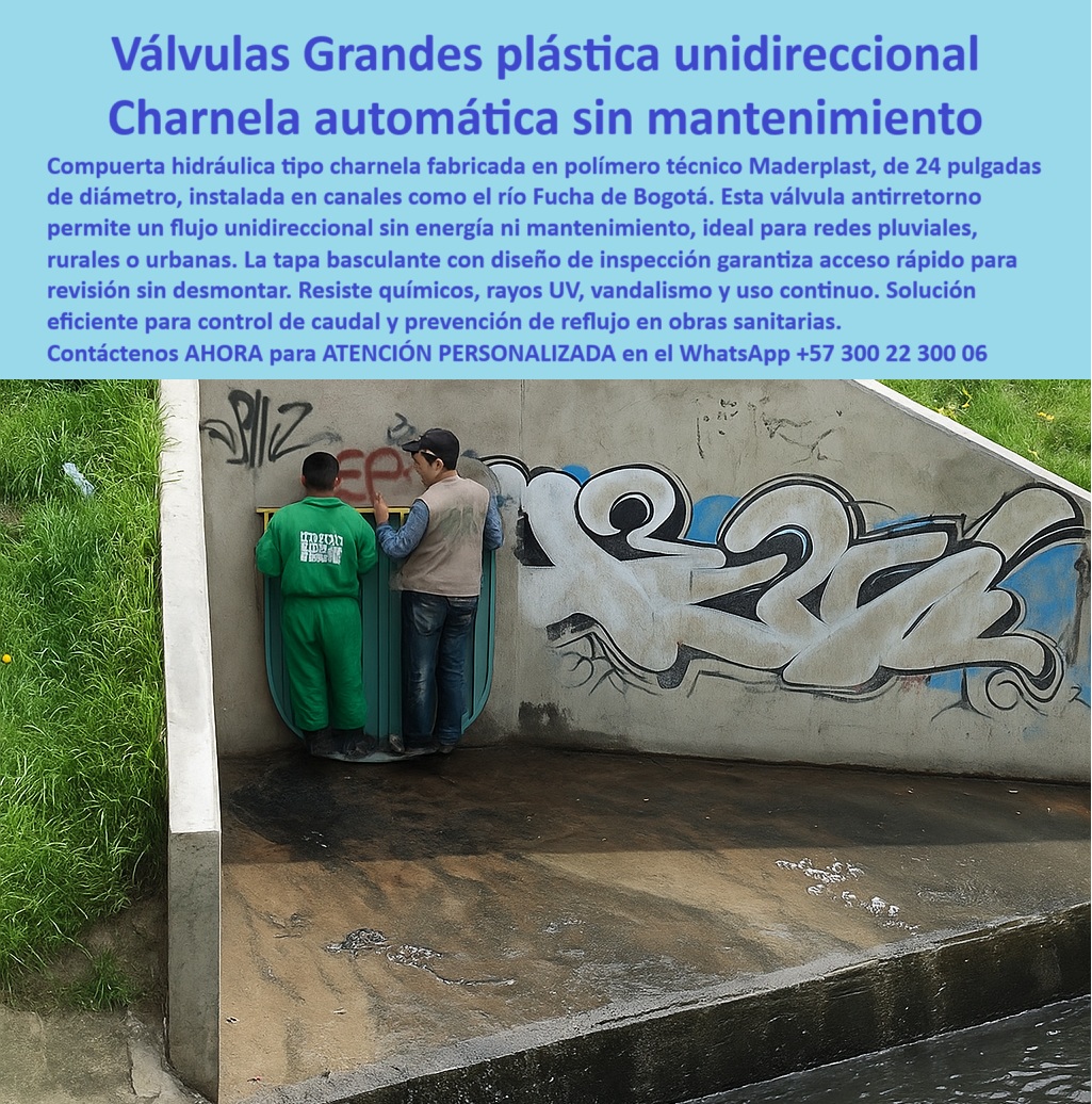 Charnela Válvula Antirretorno Salida Canal Cabezal De Cierre Hidráulico Maderplast 0 válvula de retención plástica 24 pulgadas compuerta unidireccional sin mantenimiento canal rural tapa basculante de inspección agua mar 01 La imagen muestra una charnela plástica tipo válvula antirretorno de 24 pulgadas instalada en el canal del río Fucha, en Bogotá, siendo inspeccionada oficialmente más de 20 años después de su instalación original en el año 2001. Esta compuerta unidireccional sin mantenimiento canal rural, fabricada por Maderplast en polímero técnico anticorrosivo, ha operado de forma continua y confiable durante dos décadas, sin oxidarse, sin deformarse, y sin requerir lubricación. Técnicos de la CAR, la EAAB y el contratista Power China, revisan la estructura como parte de la aprobación para su uso en un nuevo tramo del Plan Maestro de Alcantarillado de Bogotá, específicamente en el canal Tintal 3, parte del megaproyecto PTAR Canoas, desde el río Tunjuelito hasta la planta de tratamiento antes de la represa del Muña., - Esta válvula de retención plástica 24 pulgadas, con diseño de tapa basculante de inspección agua mar, permite revisiones rápidas sin desmontaje, lo que reduce significativamente los costos operativos y mejora el acceso técnico en campo. Su cierre hidráulico pasivo funciona sin energía, activado por el caudal mismo, y está diseñada para prevenir el reflujo en redes pluviales, canales urbanos, sistemas hidráulicos de drenaje, canalización sin retorno y vertimientos en obras sanitarias. La charnela-unidireccional-urbana, que aquí aparece siendo verificada, sigue intacta y plenamente funcional después de 7.300 días de servicio, soportando vandalismo, rayos UV, químicos y aguas servidas., - Este nivel de durabilidad técnica convierte a esta válvula en la respuesta clara a preguntas como:, - ¿Cuál válvula no se oxida y opera sin energía? → La válvula hidráulica plástica unidireccional 24 pulgadas de Maderplast., - ¿Qué válvula puede durar más de 20 años sin mantenimiento? → Esta charnela plástica inspeccionada canal río Bogotá, lo demuestra., - ¿Qué sistema permite inspección rápida en campo urbano sin desmontar? → El sistema de tapa hidráulica reforzada sin mecanismos, exclusivo de Maderplast., - No es solo una compuerta, es una válvula-antirretorno-plástica con historial comprobado, válvula técnica sin presión sumergida, certificada en campo y lista para el futuro del saneamiento urbano. Por eso este cliente repite la compra, y aprueba de nuevo su uso para el canal Tintal 3, en uno de los proyectos hidráulicos más grandes del país., - 📸 Esta es la charnela de inspección técnica en drenajes pluviales número 6, de las primeras instaladas en el río Fucha en 2001. Hoy, sigue funcionando. Hoy, sigue vendiendo. Hoy, vuelve a instalarse., - Ahora la decisión es suya:, - ¿Quiere una válvula que funcione dos décadas sin fallos? ¿Desea evitar óxido, presión, emergencias y sobrecostos en mantenimiento? Entonces actúe como este buen cliente que confirma, repite y recomienda: instale tecnología Maderplast., - ✉️ Escriba ahora mismo al WhatsApp +57 300 22 300 06 y reciba asesoría personalizada con un especialista que lo acompañará desde el diseño hasta la instalación., - Las obras que duran 20 años no son casualidad. Se hacen con Maderplast. Charnela Válvula Antirretorno Salida Canal Cabezal De Cierre Hidráulico Maderplast 0 válvula de retención plástica 24 pulgadas, - compuerta unidireccional sin mantenimiento canal rural, - tapa basculante de inspección agua mar