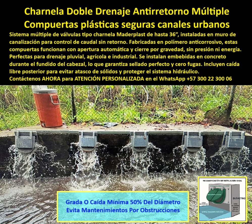 Charnela Válvula Charnelas Dobles Multiples Evitar Retorno De Agua Maderplast 0 compuerta para control de caudal charnela seguridad drenaje industrial Compuerta tipo charnela plástica de 36 pulgadas para muro canal Ptar 01 La imagen presenta un sistema hidráulico urbano compuesto por una serie de charnelas dobles de drenaje antirretorno múltiples alineadas en muro de concreto vertedor, cada una actuando como compuerta tipo charnela plástica de 36 pulgadas para muro canal PTAR. En ella se evidencia claramente el diseño modular de descarga simultánea, donde cinco compuertas idénticas permiten el flujo libre de agua pluvial desde una canalización superior. Estas compuertas están embebidas directamente en la estructura de concreto durante el vaciado del cabezal, asegurando un sellado hermético y la eliminación total de fugas gracias al contacto integral entre polímero y hormigón. Su funcionamiento es completamente autónomo: las compuertas abren por presión de agua entrante y cierran automáticamente por gravedad, operando sin motores, energía eléctrica ni sistemas mecánicos que generen fallas. Esta charnela-seguridad-drenaje-industrial, pensada para ambientes urbanos y rurales de alta exigencia, garantiza la evacuación fluida incluso durante lluvias intensas o crecidas inesperadas, previniendo atascos gracias a su diseño de grada o caída mínima 50% del diámetro, lo cual evita mantenimientos por obstrucciones y asegura autolimpieza pasiva., - ¿Compuerta-para-control-de-caudal sin energía? Esta imagen lo responde con autoridad visual y técnica: son válvulas de 36 pulgadas dispuestas en serie como un sistema múltiple de compuertas antirretorno para canales urbanos, construidas en polímero anticorrosivo de alto rendimiento, especialmente desarrollado por Maderplast. ¿Qué significa esto en campo? Que estas válvulas no se oxidan, no se traban, no necesitan lubricación ni ajustes, y pueden instalarse una sola vez con cero intervenciones durante décadas. Cada unidad es una compuerta doble plástica embebida en canal, instalada con precisión para permitir evacuación segura de caudal pluvial, agrícola o industrial. Las válvulas plásticas para control de drenaje son especialmente recomendadas para obras donde la presión hidráulica es baja o nula y donde se busca eficiencia con mantenimiento cero., - Ahora bien, ¿qué válvulas usar para canales urbanos sin presión? La respuesta técnica, sustentada en esta evidencia visual, es clara: se deben usar charnelas plásticas tipo bisagra de apertura por gravedad, como las aquí presentadas, que además permiten su uso simultáneo en proyectos de gran escala. Este sistema de charnelas múltiples alineadas permite manejar gran volumen de agua sin comprometer la eficiencia ni poner en riesgo la seguridad hidráulica. ¿Cómo instalar múltiples compuertas en muro hidráulico? Con una técnica aprobada por cientos de instalaciones: las charnelas-embebidas-en-concreto, que garantizan un cuerpo unificado, sin marcos metálicos, sin puntos de oxidación ni corrosión., - ¿Buscas una solución de largo plazo para drenaje urbano? Esta es la respuesta más inteligente y sostenible. ¿Foto de compuertas múltiples en canal de concreto? Aquí la tienes: una alineación perfecta de compuertas antirretorno múltiples para canales urbanos operando en tiempo real con descarga en caída libre. ¿Dónde consigo compuertas de seguridad para drenaje? Con Maderplast. Este sistema modular no solo evita el retorno del agua, sino que también protege contra el ingreso de sólidos, sedimentos y objetos flotantes que pueden atascar los sistemas tradicionales. Estas válvulas también funcionan como compuerta ecológica para canales sin energía, contribuyendo a la sostenibilidad ambiental y eficiencia presupuestal de alcaldías, acueductos, PTAR y contratistas de infraestructura hidráulica., - ¿Qué tipo de tapa sirve para controlar caudales sin fallas? Técnica y prácticamente, la charnela doble con apertura automática por presión sin partes metálicas es la opción más confiable, y Maderplast la entrega con sello de garantía. ¿Diseño de charnela múltiple para canal industrial? Este es el mejor ejemplo: compuertas tipo clapeta de 36 pulgadas embebidas en concreto, alineadas y listas para operar con caudales altos, sin riesgo y sin errores., - Cuando el agua busca salir y el tiempo apremia, estas válvulas responden con eficiencia y sin excusas., - Porque cuando el agua sube, Maderplast se activa. Y cuando el mantenimiento es imposible, la compuerta no debe fallar., - 📲 Contáctenos AHORA para ATENCIÓN PERSONALIZADA en el WhatsApp +57 300 22 300 06, - No espere a la próxima emergencia. Lo mejor que puede hacer por su red hidráulica es instalar la solución definitiva hoy. Charnela Válvula Charnelas Dobles Multiples Evitar Retorno De Agua Maderplast 0 compuerta-para-control-de-caudal, - charnela-seguridad-drenaje-industrial, - Compuerta tipo charnela plástica de 36 pulgadas para muro canal Ptar