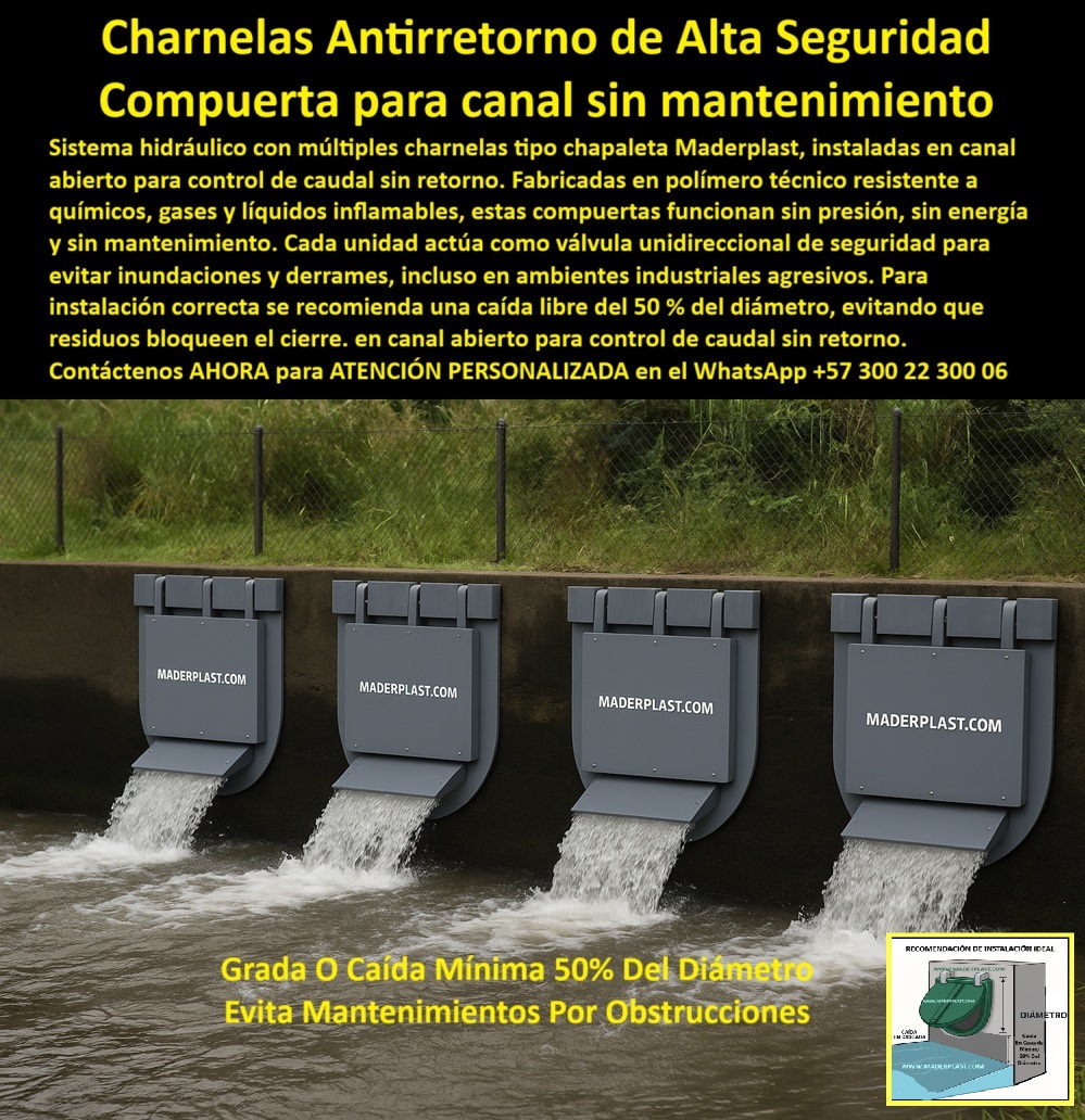Charnela Válvula Charnelas Dobles Multiples Evitar Retorno De Agua Maderplast 0 sistema control inundaciones compuerta plástica para canal abierto Charnela hidráulica resistente para líquidos inflamables en canal Ptar PP 01 La imagen muestra una instalación de altísima exigencia técnica: un sistema hidráulico compuesto por charnelas múltiples tipo válvula instaladas en línea en un canal abierto, cada una funcionando como compuerta plástica para canal abierto con cierre automático unidireccional. Cuatro unidades de color gris oscuro, alineadas perfectamente sobre una estructura de concreto, operan sin presión ni energía, en modo pasivo por gravedad, dejando fluir el agua en una sola dirección. Estas charnelas antirretorno de alta seguridad actúan como defensa activa contra el retorno de agua contaminada, la presión inversa en caso de rebose, o las condiciones agresivas de líquidos industriales, residuos pesados y gases tóxicos., - Diseñadas y fabricadas por Maderplast, cada válvula es una compuerta hidráulica contra retorno químico, fabricada en polímero técnico anticorrosivo, resistente al contacto prolongado con líquidos inflamables, aguas industriales, ácidos, químicos y grasas. Estas charnelas están pensadas para sistemas de control de inundaciones, PTAR, canales industriales, y obras hidráulicas de seguridad química, donde el mantenimiento constante representa un alto costo o un riesgo operativo., - ¿Qué compuerta usar en canal con líquidos inflamables? La respuesta más confiable es esta: una charnela plástica contra reflujos industriales de tipo múltiple, como se ve en la imagen. No solo evita el retorno de agua contaminada, sino que garantiza un funcionamiento estable sin requerir asistencia técnica, engrase o recambios periódicos. Esta válvula técnica para canal de seguridad química opera automáticamente gracias a su diseño basculante, activado por la fuerza del caudal entrante y con cierre hermético cuando el flujo se detiene., - La escena muestra agua saliendo con fuerza a través de cada una de las compuertas, en un entorno canalizado, al pie de una valla metálica perimetral. Este detalle sugiere que se trata de una zona de descarga regulada con líquidos industriales o PTAR, posiblemente instalada para disipar flujo sin intervención manual. La imagen confirma también la observación de Maderplast: para evitar obstrucciones, la caída mínima debe ser del 50% del diámetro, como lo indica el gráfico técnico que aparece abajo a la derecha. Esta recomendación asegura que no se acumulen sólidos que comprometan el sellado, eliminando así cualquier mantenimiento por obstrucciones., - ¿Válvula sin mantenimiento para caudal alto? Esta es la mejor opción: una compuerta tipo clapeta para caudal libre, que soporta el uso intensivo, los químicos agresivos, los ciclos extremos de apertura-cierre y los entornos más exigentes sin deterioro. La solución no solo es segura, sino que también es ecológica, libre de piezas metálicas, y fabricada en Colombia bajo estándares de calidad probados por la industria nacional e internacional., - ¿Existe una válvula para canal químico sin presión? Sí. Lo que ves en esta imagen es una válvula tipo flap para canal abierto, que funciona por gravedad, sin motores, sin sensores, sin alimentación eléctrica. Es una tecnología inteligente por su simplicidad, robustez y eficiencia. En contextos donde el error no es una opción —como plantas industriales químicas, zonas de riesgo inflamable o drenajes urbanos críticos— estas charnelas ofrecen una protección silenciosa, sin interrupciones., - ¿Foto de válvula plástica tipo múltiple? Esta imagen no solo responde, sino que documenta la instalación profesional de un sistema canal-con-charnelas-múltiples, con caída libre óptima, válvulas robustas, y sellado garantizado. Cada charnela actúa como una válvula hidráulica antirretorno doble, diseñada para resistir el retorno de caudal en canal abierto sin energía. Se observa en la imagen cómo cada compuerta está ligeramente elevada sobre el muro, permitiendo que el agua fluya por debajo y caiga en cascada, tal como exige la especificación técnica., - ¿Cómo se evita el reflujo en canal industrial? Con compuertas tipo clapeta con caída recomendada al 50% del diámetro, como estas, diseñadas para soportar sólidos flotantes, residuos, lodos pesados y todo tipo de desechos sin colapsar ni trabarse. Estas son válvulas que no se oxidan, que no se detienen, que no fallan, y que no requieren asistencia humana., - Válvula técnica para obra hidráulica, válvula para zonas agresivas industriales, válvula unidireccional de seguridad para canal, sistema de charnelas hidráulicas para canal de emergencia, válvula plástica sin mantenimiento instalada, charnela de seguridad para líquidos inflamables, sistema de control hidráulico sin presión, todos estos nombres describen fielmente lo que esta imagen representa: confiabilidad total sin mantenimiento, en cualquier condición., - Contáctenos AHORA para ATENCIÓN PERSONALIZADA en el WhatsApp +57 300 22 300 06, y reciba asesoría técnica sobre cómo incorporar estas válvulas múltiples sin presión para canal abierto a su proyecto. Maderplast diseña lo que otros no pueden, fábrica lo que otros no ofrecen, y garantiza lo que otros apenas prometen. Este sistema no es solo una válvula: es seguridad certificada para su canal. Charnela Válvula Charnelas Dobles Multiples Evitar Retorno De Agua Maderplast 0 sistema-control-inundaciones, - compuerta plástica para canal abierto, - Charnela hidráulica resistente para líquidos inflamables en canal Ptar PP