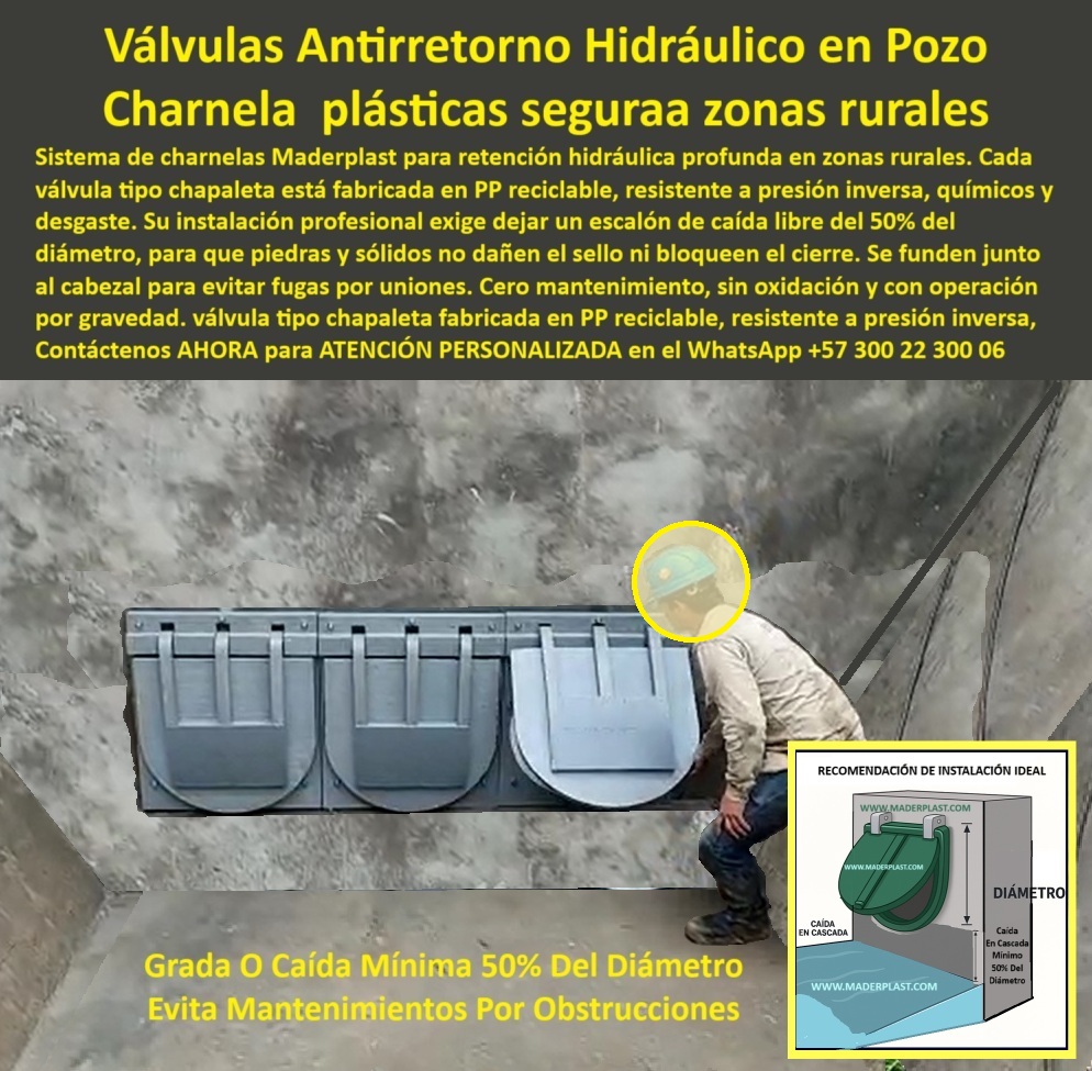 Charnela Válvula Evitar Retorno De Agua Pozo Profundo Cierre Hidráulico Maderplast 0 sistema de retención plástica para zonas rurales charnela anti retorno para drenajes dispositivos de cierre hidráulico seguro Ptar Ptap 01 Válvulas Antirretorno Hidráulico en Pozo: Charnela Plásticas Seguras para Zonas Rurales, - En la instalación de sistemas hidráulicos en zonas rurales, las válvulas antirretorno hidráulico son una herramienta indispensable para garantizar un funcionamiento seguro y eficiente. Las charnelas plásticas de Maderplast son el estándar de calidad en sistemas de retención hidráulica profunda, diseñadas específicamente para evitar problemas de retorno de agua en pozos profundos. Cada válvula tipo chapeta está fabricada en PP reciclable, lo que la hace resistente a la presión inversa, a los químicos y a los efectos del desgaste. Además, su construcción permite una durabilidad excepcional en aplicaciones de drenajes y sistemas hidráulicos rurales., - ¿Por qué es crucial la instalación correcta de la charnela?, - La instalación de las charnelas plásticas de Maderplast exige dejar un escalón de caída libre mínimo del 50% del diámetro del ducto o canal. Esto no es una cifra arbitraria; es el resultado de años de experiencia técnica y pruebas de ingeniería. ¿Por qué es tan importante esta pendiente?, - Prevención del reflujo no deseado en canales y acueductos:, - La caída en cascada es fundamental para evitar que el agua que ya ha sido evacuada regrese al sistema debido a la presión inversa o acumulación. Con una caída mínima del 50% del diámetro, la válvula se cierra con firmeza, manteniendo su carácter unidireccional. Esto es vital, sobre todo en situaciones de tormentas, crecidas de agua o variaciones bruscas de caudal., - Activación eficiente por gravedad:, - A diferencia de otros sistemas que requieren electricidad o mecanismos automáticos, las charnelas hidráulicas de Maderplast se activan sin necesidad de energía. La gravedad juega un papel esencial, permitiendo que la válvula funcione de forma completamente autónoma cada vez que el agua fluye a través del sistema., - Desalojo seguro de sólidos suspendidos:, - El diseño de estas válvulas asegura que los sólidos y lodos presentes en el agua, como los que provienen de aguas agrícolas o sistemas sanitarios, no queden atrapados frente a la válvula. La caída en cascada impulsa la limpieza automática del sistema, reduciendo significativamente la necesidad de mantenimiento manual y evitando obstrucciones., - Evita acumulación de sedimentos y presión contraria:, - Uno de los principales problemas en sistemas hidráulicos mal diseñados es la acumulación de sedimentos debido a la falta de una pendiente adecuada. Esto no solo bloquea el flujo, sino que puede causar presión contraria que dañe las compuertas. Con la charnela plástica Maderplast, este riesgo queda eliminado, lo que prolonga la vida útil del sistema y asegura su funcionamiento estable a lo largo de los años., - Conclusión profesional:, - Las charnelas plásticas hidráulicas de Maderplast no son solo válvulas; son una solución confiable y de bajo mantenimiento. Para asegurar un funcionamiento óptimo, es crucial seguir la recomendación de instalación ideal: una caída mínima del 50% del diámetro. Esto garantiza que el sistema sea seguro, eficiente y funcione por años sin la necesidad de mantenimiento constante., - Estas válvulas antirretorno hidráulicas son perfectas para zonas rurales, sistemas de drenajes agrícolas, canales pluviales, y proyectos de infraestructura hidráulica como PTAR o PTAP. Son una inversión en fiabilidad y eficiencia., - ¿Está listo para garantizar el funcionamiento seguro y sin fallos de su sistema hidráulico?, - Si busca un sistema sin energía, sin fallos y sin mantenimiento, las charnelas hidráulicas Maderplast son la solución ideal. Consulte con un especialista de Maderplast ahora mismo y obtenga asesoría personalizada desde el proyecto hasta la puesta en marcha., - 📱 ATENCIÓN INMEDIATA VÍA WhatsApp: +57 300 22 300 06 estamos para servirle, Charnela Válvula Evitar Retorno De Agua Pozo Profundo Cierre Hidráulico Maderplast 0 sistema de retención plástica para zonas rurales, - charnela anti retorno para drenajes, - dispositivos de cierre hidráulico seguro Ptar Ptap
