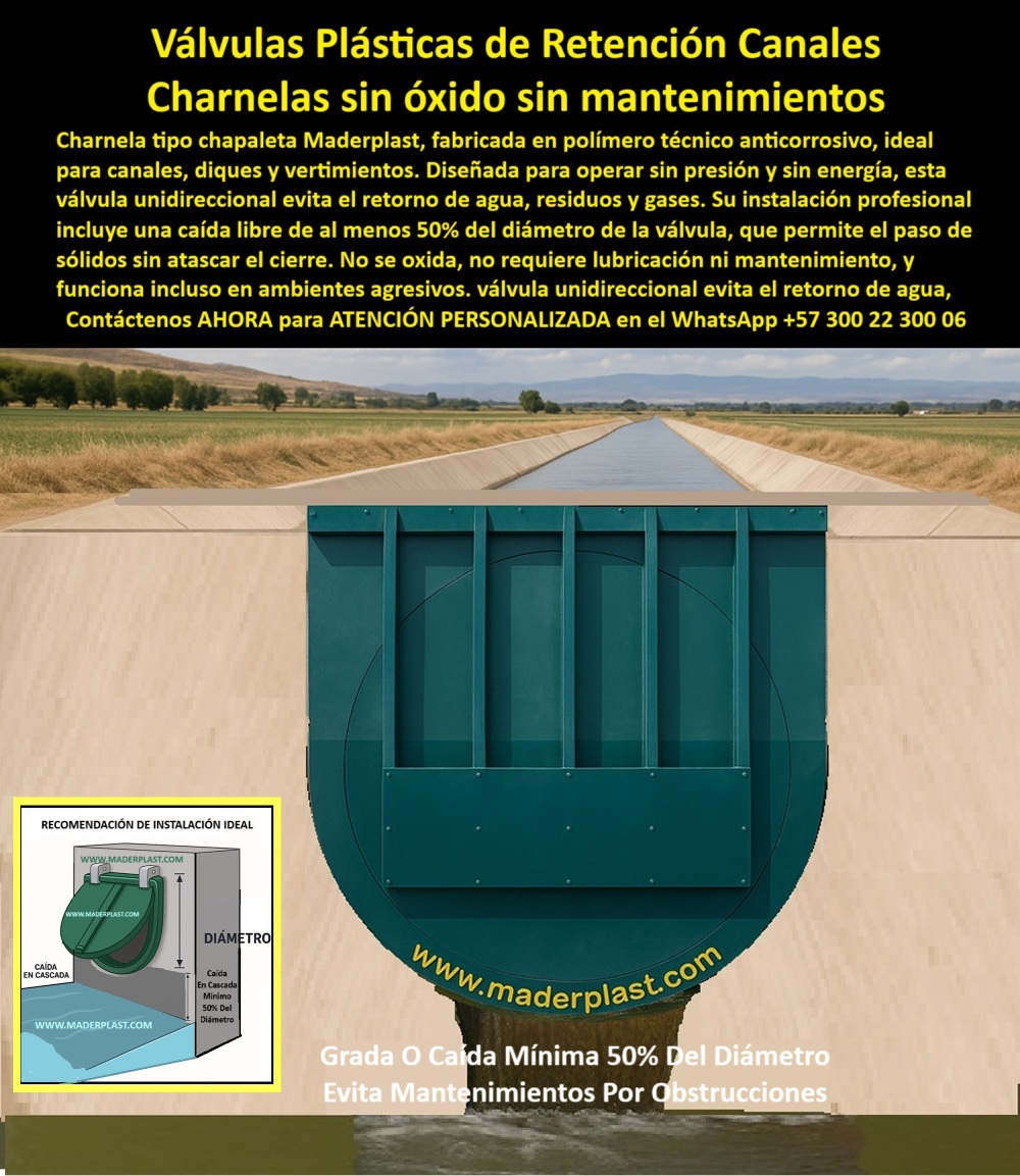 Charnela Válvula chapaleta dique anti retorno Charnelas anti inundaciones Maderplast 0 Válvula plástica de retención canalización válvula de control sin mantenimiento Sistema hidráulico de inspección para vertimientos Ptar 01 La imagen muestra una charnela chapaleta de control hidráulico tipo compuerta, instalada en un canal abierto revestido en concreto, diseñada para operar sin presión, sin energía y sin fallos mecánicos. Esta válvula plástica de retención canalización, de gran diámetro, funciona por gravedad, con cierre automático tipo clapeta que evita eficazmente el retorno de agua, residuos y gases. Su color verde oscuro y su forma semicircular destacan visualmente su solidez y precisión técnica. Al costado inferior izquierdo, la imagen complementaria ilustra gráficamente la caída recomendada del 50% del diámetro para garantizar descarga continua sin obstrucciones, validando su eficiencia hidráulica., - ¿Qué válvula usar para evitar reflujo sin presión hidráulica? La respuesta está frente a nosotros: la válvula-unidireccional-sin-mantenimiento, construida en polímero técnico anticorrosivo, es ideal para canales, diques, vertimientos y sistemas agrícolas. Su tecnología elimina el uso de lubricantes, partes móviles metálicas o sistemas eléctricos. Incluso en ambientes extremos, esta solución sigue funcionando sin oxidarse, sin trabarse, sin fallar., - ¿Qué tapa usar para canales con residuos sólidos? La tapa unidireccional de polímero técnico con funcionamiento sin trabas asegura que ni el barro, ni los residuos flotantes, ni las cargas con sólidos suspendidos interrumpan el flujo hidráulico. La compuerta-plástica-retención-canal está optimizada para soportar caudales variables, flujos con arena y hasta exposición prolongada a aguas servidas o contaminadas., - ¿Dónde encuentro una compuerta sin energía para control de vertimientos? En esta imagen está la solución: una charnela técnica de polímero sin corrosión, confiablemente instalada en el borde de un canal de evacuación abierto. Esta válvula está diseñada para operar como sistema hidráulico de inspección para vertimientos PTAR, garantizando control de caudal sin energía, máxima eficiencia y larga vida útil sin intervención técnica., - ¿Válvula plástica para canal agrícola? Esta charnela verde de gran diámetro para canal se presenta como la mejor opción técnica. Diseñada para el agro, para el tratamiento de aguas, para sistemas de alcantarillado rural o urbano, esta válvula tipo clapeta sin mantenimiento para PTAR funciona con lo más poderoso que existe: la fuerza de la gravedad. Sin mantenimiento, sin presión constante, sin sistemas eléctricos que fallen., - ¿Qué compuerta se recomienda para obras hidráulicas con caudal medio? La compuerta estructural plástica para caudal medio que aquí vemos está fabricada para resistir ambientes húmedos, sustancias químicas, impactos físicos y desgaste mecánico. Su forma, caída tipo cascada y resistencia UV aseguran décadas de servicio sin oxidación. Así lo certifica Maderplast, el fabricante colombiano líder en soluciones sin fallas para obras hidráulicas., - ¿Imagen de válvula plástica sin mantenimiento? Aquí la tienes: una compuerta unidireccional de polímero verde con caída tipo cascada, instalada según especificaciones técnicas. Su desempeño ha sido comprobado en PTAR, canales rurales, sistemas de riego, y redes urbanas expuestas a las lluvias más fuertes o los flujos más agresivos., - ¿Cómo evitar el retorno de líquidos en sistemas abiertos? La solución está en una válvula tipo charnela de polímero resistente con caída mínima del 50%, que actúa como barrera pasiva de alto desempeño. La válvula plástica de seguridad para diques, como la que muestra esta imagen, cumple con normas de eficiencia hidráulica, sostenibilidad y mínima intervención., - Cuando lo que se busca es precisión técnica, durabilidad y operación sin interrupciones, no se improvisa., - 📲 Contáctenos AHORA para ATENCIÓN PERSONALIZADA en el WhatsApp +57 300 22 300 06, - Una compuerta que se instala con inteligencia técnica hoy, evita emergencias, gastos y fallos mañana. Porque Maderplast no solo hace válvulas… fabrica soluciones confiables, duraderas y sin excusas. Charnela Válvula chapaleta dique anti retorno Charnelas anti inundaciones Maderplast 0 Válvula plástica de retención canalización, válvula-de-control-sin-mantenimiento, - Sistema hidráulico de inspección para vertimentos Ptar