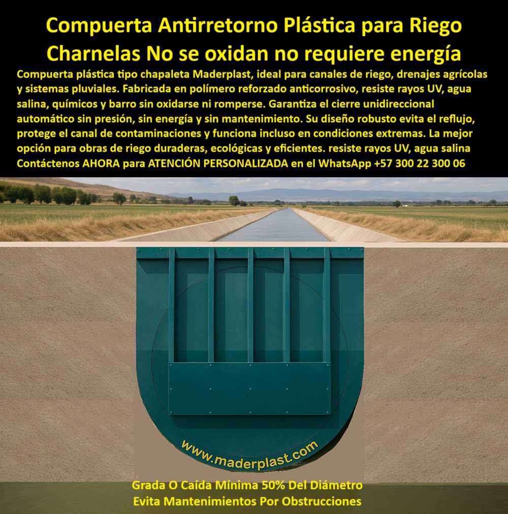 Charnela Válvula chapaleta dique anti retorno Charnelas anti inundaciones Maderplast 0 compuerta plástica antirretorno Qué compuerta usar para riego que no se oxide y dure años Compuerta Antirretorno Industrial canal Ptar 01 La imagen muestra una compuerta-plástica-antirretorno tipo charnela instalada en un canal de riego a cielo abierto, diseñada específicamente para sistemas agrícolas que requieren soluciones duraderas, sin fallas y sin mantenimiento. Esta válvula tipo chapaleta dique anti retorno, fabricada por Maderplast en polímero técnico anticorrosivo, opera sin energía, sin presión y sin necesidad de intervención mecánica, gracias a su sistema de cierre automático por gravedad. En la base del canal se aprecia la inclinación mínima del 50% del diámetro recomendada para evitar acumulación de residuos y garantizar el paso libre del caudal., - Entonces, ¿qué compuerta usar para riego que no se oxide y dure años? La respuesta técnica más inteligente es esta compuerta unidireccional plástica de cierre automático, capaz de operar de forma continua en canales rurales o agrícolas sin obstrucciones. Este tipo de válvula-antirretorno-para-riego está diseñada para soportar agua salina, rayos UV, químicos, barro y sólidos, sin oxidarse, sin romperse y sin deformarse. A diferencia de las compuertas metálicas que requieren engrase, limpieza frecuente y reemplazo prematuro, las charnelas anti inundaciones Maderplast garantizan longevidad y operación sin intervención humana., - En condiciones reales de campo, su diseño ha demostrado ser la mejor opción para obras de riego ecológicas y eficientes. La válvula ecológica sin energía para canales rurales protege los cultivos, evita contaminaciones por reflujo y mantiene los sistemas hidráulicos operando con eficiencia máxima. Además, su bajo peso estructural facilita la instalación sobre muros de concreto o estructuras de canalización sin necesidad de grúas, herramientas eléctricas ni cortes de agua. Es la válvula industrial para drenaje agrícola más liviana, resistente y funcional del mercado., - ¿Cómo proteger mi canal agrícola del reflujo sin usar presión? Con una válvula tipo clapeta de polímero resistente como esta. Su charnela-hidráulica-ecológica, reforzada con refuerzos verticales y sello perimetral, actúa como tapa hidráulica para canal con caída mínima, asegurando que el agua fluya unidireccionalmente en todo momento. Por su forma circular, su apertura no genera turbulencias ni bloqueos, haciendo de esta válvula una solución pasiva y de bajo impacto ambiental., - Clientes técnicos la conocen también como compuerta tipo flap de gran formato agrícola, o como válvula plástica robusta tipo clapeta de caída libre, y ha sido seleccionada en múltiples proyectos de riego tecnificado en Latinoamérica por su facilidad de operación y resistencia al vandalismo, a la intemperie y a los impactos., - Y si se pregunta si existe una compuerta plástica para redes de riego que no requiera mantenimiento, la respuesta está frente a usted. Esta es la solución que evita el uso de sistemas presurizados, elimina los costos operativos de limpieza, y garantiza una operación limpia y continua. Con tecnología 100% colombiana, Maderplast sigue liderando con innovación en válvulas para control-hidráulico-sin-energía., - Ahora es su turno de decidir:, - ¿Va a seguir reparando válvulas metálicas que se oxidan cada temporada?, - ¿O va a instalar hoy una válvula unidireccional ecológica de polímero que durará más de 20 años sin mantenimiento?, - Solicite ya mismo asesoría personalizada con un especialista de Maderplast. Escriba al WhatsApp +57 300 22 300 06 y active el sistema más confiable, ecológico y libre de mantenimiento para su canal, finca o distrito de riego., - Proteja su obra con inteligencia. Proteja su agua con Maderplast. Charnela Válvula chapaleta dique anti retorno Charnelas anti inundaciones Maderplast 0 compuerta-plástica-antirretorno, - Qué compuerta usar para riego que no se oxide y dure años, Compuerta-Antirretorno-Industrial canal Ptar