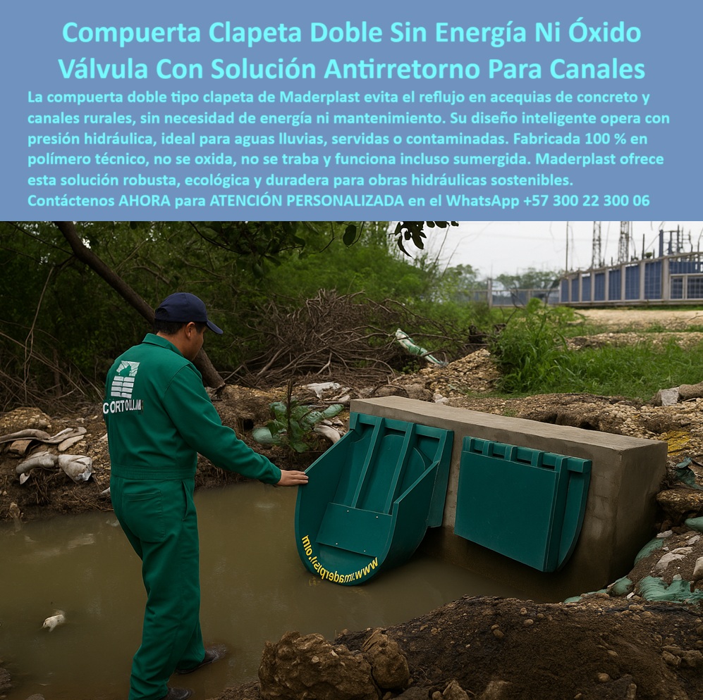 Charnelas Como Instalar Válvula Charnela Paso A Paso Montar Charnelas Maderplast 0 válvula antirretorno para aguas lluvias Compuerta Infraestructura Sostenible Charnela doble tipo clapeta en acequia de concreto canal Ptar 01 En la imagen observamos una compuerta clapeta doble tipo charnela de alta ingeniería instalada en una acequia de concreto en zona rural, donde un técnico uniformado supervisa la operación sin necesidad de intervención mecánica, eléctrica ni manual, demostrando en campo la eficacia de esta solución técnica fabricada por Maderplast, la cual actúa como una válvula antirretorno para aguas lluvias sin presión, sin óxido y sin mantenimiento, pues su diseño robusto y ecológico opera únicamente por cierre pasivo hidráulico, utilizando la fuerza del caudal para activar automáticamente las dos tapas plásticas dobles tipo charnela, que impiden el retorno de aguas contaminadas, servidas o de escorrentía con una efectividad comprobada incluso en condiciones extremas de salinidad, químicos, lodos o flujos intermitentes, por lo que esta clapeta tipo charnela para canales de drenaje pluvial representa la alternativa más confiable para infraestructura hidráulica rural sostenible en regiones donde no hay acceso a energía ni posibilidad de mantenimiento periódico, brindando soluciones técnicas permanentes para desagües PTAR, compuerta para aguas contaminadas, válvula sin presión, control de reflujo para canal abierto, charnela doble ecológica, o válvula plástica técnica para acequia de concreto, pues su cuerpo completo está fabricado en polímero reciclable de alta resistencia estructural, lo que permite soportar largas jornadas sumergida sin presentar oxidación, fisuras ni bloqueo mecánico, y por eso es ideal para quienes buscan solución hidráulica para acequias rurales, tapa plástica doble para acequia de concreto, válvula para controlar aguas servidas en acequias, tapa hidráulica plástica sin mantenimiento, sistema hidráulico sin óxido ni mantenimiento y charnela sin mantenimiento para zonas rurales como las que actualmente han sido validadas en múltiples proyectos agrícolas, distritos de riego y canales de drenaje natural donde se han instalado decenas de estas compuertas sin fallas reportadas en más de dos décadas de uso, y si el cliente pregunta qué es una compuerta charnela para drenaje, la respuesta profesional, técnica y comprobada es esta misma que vemos en la imagen, y si se pregunta qué válvula sirve para controlar aguas residuales sin energía en acequias rurales, la respuesta experta es clara: LA SOLUCIÓN LA DA MADERPLAST, con esta clapeta doble sin presión y resistente, que sigue funcionando años después de su instalación inicial sin requerir repuestos, pintura, ni intervención humana, por eso si usted necesita compuerta para canales, válvula hidráulica para canales lodosos, compuerta de drenaje resistente a químicos, o una válvula automática sin presión hidráulica no lo dude más, contacte ahora mismo un especialista técnico de Maderplast para asesoría personalizada en este WhatsApp +57 300 22 300 06, y asegure hoy mismo su solución definitiva en obras hidráulicas rurales o industriales. Charnelas Como Instalar Válvula Charnela Paso A Paso Montar Charnelas Maderplast 0 válvula antirretorno para aguas lluvias, - Compuerta-Infraestructura-Sostenible, Charnela doble tipo clapeta en acequia de concreto canal Ptar