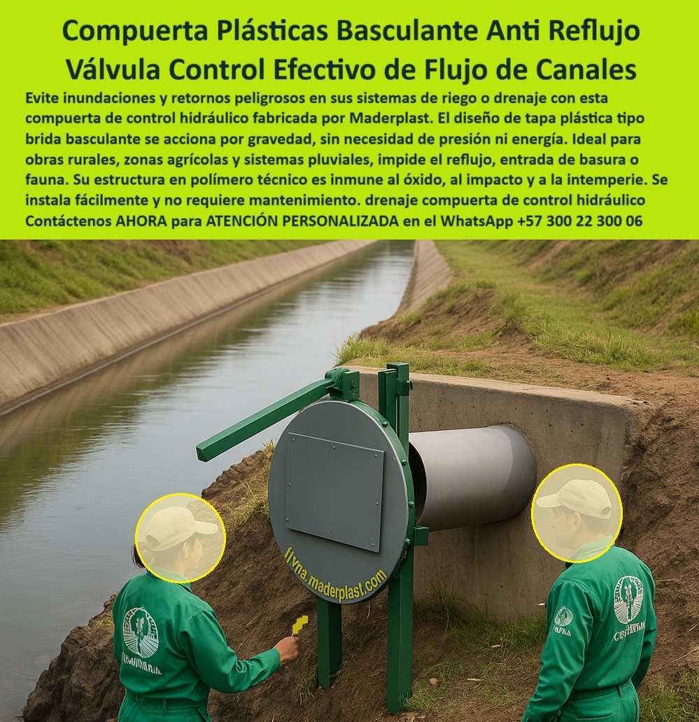 Charnelas Tipo Brida para Tuberías de Alta Presión Válvulas Control de Flujo Maderplast 0 Cómo controlar agua en riego Tapón plástico tipo brida riego. Compuerta contra inundación Válvula para prevenir regreso Ptar PP 01 La imagen muestra el instante en que dos técnicos del equipo de cuadrilla rural supervisan el correcto funcionamiento de una compuerta plástica tipo brida basculante instalada sobre muro de concreto en un canal agrícola. Este sistema representa el futuro del control de caudales rurales: un dispositivo de control hidráulico rural ecológico sin piezas metálicas, sin mantenimiento, y con operación 100% pasiva. La válvula está fabricada por Maderplast en polímero técnico de alta resistencia, capaz de enfrentar rayos UV, químicos, impacto físico y exposición prolongada a la intemperie, sin oxidarse ni requerir lubricación., - Este tapón plástico tipo brida riego está diseñado para actuar como una compuerta contra inundación, impidiendo de forma efectiva el reflujo en sistemas de riego o drenaje abierto. Su funcionamiento es automático: el caudal empuja la tapa, que bascula sobre su eje sin fricción ni energía externa. Al cesar el flujo, el cierre por gravedad tipo tapa oscilante antirretorno garantiza sellado seguro, sin permitir el ingreso de agua contaminada, animales, lodo o desechos., - ¿Cómo controlar agua en riego sin presión ni electricidad? Respuesta técnica: con una válvula unidireccional tipo brida para riego sostenible como la desarrollada por Maderplast, que se instala fácilmente, no se oxida y se puede monitorear visualmente sin necesidad de sensores ni sistemas electrónicos. Esta válvula de control hidráulico canal es perfecta para sistemas pluviales rurales, tuberías expuestas o canales abiertos, donde se requiere evitar el retorno de flujo sin poner en riesgo la infraestructura o el medio ambiente., - La estructura circular se adapta a conexiones tipo brida estándar, lo que facilita su integración con tuberías de alta presión, canales de evacuación o redes mixtas de riego y alcantarillado. En obras de PTAR rurales o zonas agrícolas con alto caudal variable, la válvula plástica tipo flap para prevenir inundaciones campo responde de forma inmediata, impidiendo desbordamientos y retornos peligrosos, sin intervención manual ni consumo energético., - ¿Qué válvula se instala en canales abiertos rurales? Respuesta técnica: la compuerta plástica tipo brida sin mantenimiento, que funciona como una válvula basculante ligera sin energía para drenaje, garantizando seguridad operativa, facilidad de inspección y larga vida útil. El sistema hidráulico tipo brida sin piezas metálicas evita el colapso por oxidación, a diferencia de las compuertas metálicas tradicionales, que suelen fallar por corrosión o atascos mecánicos., - ¿Cómo evitar que entre basura en sistemas de riego? Respuesta técnica: mediante una válvula de cierre automático tipo tapa circular que actúa como escudo contra sólidos, hojas o fauna, manteniendo limpio el canal y protegida la red agrícola. Este tapón de control de presión para tubería de riego también evita la entrada de aire o el retorno del flujo en momentos de descenso del nivel del agua., - Con la tecnología Maderplast, los agricultores, contratistas y operadores de redes hidráulicas cuentan con un aliado confiable, ecológico y eficiente. Este control plástico de caudal canal de campo abierto responde incluso en condiciones extremas, operando por gravedad sin oxidarse, romperse ni deformarse. Su diseño técnico no solo resuelve el problema de reflujos, sino que también elimina el riesgo de inundaciones en cultivos, caminos y zonas rurales sensibles., - Ahora la decisión es suya. ¿Va a seguir perdiendo dinero en válvulas metálicas que se oxidan y fallan, o va a instalar hoy una solución estructural definitiva, sin mantenimiento, sin energía y sin complicaciones?, - Escriba ahora mismo al WhatsApp +57 300 22 300 06 y reciba asesoría personalizada de un especialista de Maderplast. Proteja su canal, su cosecha y su futuro. Instale tecnología de control de flujo confiable, instale Maderplast. Charnelas Tipo Brida para Tuberías de Alta Presión Válvulas Control de Flujo Maderplast 0 Cómo controlar agua en riego, - Tapón plástico tipo brida riego., - Compuerta contra inundación, - Válvula para prevenir regreso Ptar PP