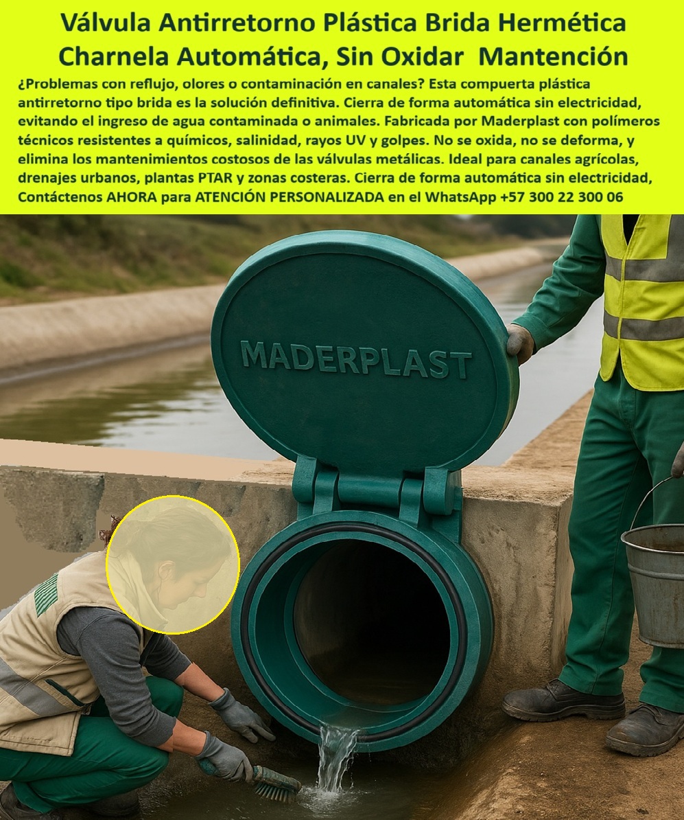 Charnelas Tipo Brida para Tuberías de Alta Presión Válvulas Control de Flujo Maderplast 0 tapa presión con brida plástica Tapa de plástico para tubería compuerta plástica antirretorno válvula redonda con brida Ptar 0 La imagen muestra una válvula plástica antirretorno tipo charnela de diseño circular con brida hermética, instalada en un canal de concreto en una zona rural. La compuerta se encuentra abierta, permitiendo el paso del agua residual, mientras una técnica realiza labores de limpieza con cepillo, lo cual deja en evidencia su accesibilidad, simplicidad operativa y el bajo mantenimiento requerido. Esta charnela automática para tuberías de presión está fabricada por Maderplast en polímero técnico anticorrosivo, resistente a químicos, salinidad, rayos UV y golpes. Su estructura robusta pero liviana elimina la necesidad de partes metálicas, evitando la oxidación, la deformación por presión y los altos costos de mantenimiento típicos de las válvulas convencionales., - ¿Qué tapa se usa en canales agrícolas para evitar reflujo? La respuesta está en esta imagen: una compuerta plástica tipo brida con cierre automático sin energía, capaz de operar por gravedad, sin presión hidráulica ni sistemas mecánicos. Su diseño redondo con brida integrada permite una instalación segura y hermética sobre concreto o PVC. Este sistema es ideal para sistemas de retención con brida plástica, tuberías en PTAR, canales rurales, zonas costeras, redes pluviales y drenajes expuestos a ambientes agresivos., - ¿Qué válvula evita contaminación por reflujo en zonas rurales? Sin duda, esta válvula redonda sin óxido para drenajes urbanos y rurales, cuya tapa-con-brida-hidráulica actúa como barrera pasiva contra retorno de aguas negras, olores, residuos sólidos y entrada de animales. Con su funcionamiento por presión inversa natural, ofrece una solución duradera sin intervención eléctrica, mecánica o humana., - ¿Cómo se instala una válvula redonda en canal pluvial? Esta válvula se fija fácilmente con su brida plástica al muro del canal, tal como se observa en la imagen. El sellado es inmediato gracias al ajuste de contacto y el peso controlado de la tapa. No requiere herramientas especializadas ni conexiones metálicas, lo que simplifica enormemente el proceso. Por eso es reconocida como la mejor opción cuando se busca una válvula-cierre-sin-energía, confiable y libre de fallos., - ¿Compuerta redonda sin óxido en sistema rural? Aquí vemos la solución ideal: una compuerta plástica antirretorno con tapa redonda hermética con bisagra integrada, lista para trabajar incluso en sistemas de presión inversa o descargas irregulares. Esta tecnología ha sido desarrollada para soportar las condiciones más exigentes, tanto en tuberías de alta presión como en canales de evacuación agrícola., - ¿Qué válvula sirve para controlar agua contaminada sin electricidad? La válvula tipo charnela de polímero técnico con operación por gravedad responde con eficiencia, ya que su diseño no se oxida, no se corroe y no se deforma. Por eso es ideal para entornos difíciles como plantas de tratamiento, zonas costeras y drenajes urbanos complejos., - ¿Imagen de compuerta plástica resistente a químicos? Aquí está: una tapa robusta, funcional y estética, instalada con precisión sobre canal rural en concreto. Esta válvula es 100% ecológica, no necesita lubricantes, y puede ser utilizada también en sistemas sanitarios, como se infiere por su resistencia y sellado. Es la mejor alternativa frente al hierro o acero en condiciones de agresividad química o ambiental., - 📲 Contáctenos AHORA para ATENCIÓN PERSONALIZADA en el WhatsApp +57 300 22 300 06, - Maderplast no solo diseña compuertas, diseña tranquilidad. Instale tecnología confiable hoy y despídase del óxido, las fugas y los mantenimientos innecesarios. Esta es la válvula que protege su canal como si fuera su propia casa. Charnelas Tipo Brida para Tuberías de Alta Presión Válvulas Control de Flujo Maderplast 0  tapa presión con brida plástica, - Tapa de plástico para tubería, - compuerta plástica antirretorno, - válvula redonda con brida Ptar 0