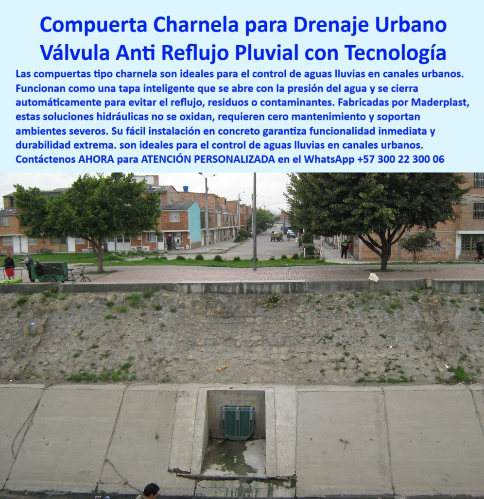 Clapeta Tipo Charnela Canales De Drenaje Pluvial Infraestructura Hidráulica Maderplast 0 Qué es una compuerta charnela para drenaje Qué son tapas que cierran los canales Compuerta instalada en canal urbano Desague Ptar 01 La imagen documenta más que una instalación: documenta una historia de confianza. En ella, vemos un canal de concreto trapezoidal que atraviesa un barrio residencial, con andenes, árboles y viviendas visibles al fondo. En el corazón del sistema hidráulico se encuentra instalada desde el año 2001 una charnela plástica de cierre automático canal, una compuerta tipo charnela desarrollada por Maderplast, aún en perfecto funcionamiento más de 20 años después. Este control hidráulico para drenaje urbano sin presión es una prueba tangible de que cuando una obra se hace bien desde el principio, los resultados duran décadas., - ¿Qué compuerta no se oxida en drenajes pluviales? Responde el técnico de Maderplast: Charnela plástica sin piezas metálicas y duradera, diseñada para resistir reflujo, agua contaminada y ambientes urbanos exigentes. Por eso, en 2024, después de una inspección realizada por EAAB, CAR y POWER CHINA, como parte del Plan Maestro de Alcantarillado de Bogotá, esta misma solución fue aprobada para el canal Tintal 3, dentro del gran proyecto PTAR Canoas, que conecta desde el río Tunjuelito hasta la planta de tratamiento del río Bogotá, antes de la represa del Muña. Cliente satisfecho que repite compra: esa es la mejor evidencia de calidad., - Esta es la válvula urbana de cierre hermético sin fallas, que evita que el agua regrese al sistema, protege los barrios de inundaciones urbanas y asegura la higiene pública. Es una compuerta hidráulica urbana canal concreto que opera sin energía, sin mantenimiento, sin óxido. Un cierre hidráulico inteligente para canales de agua, que soporta más de dos décadas en servicio activo, superando vandalismo, residuos, lluvias torrenciales y el paso del tiempo., - ¿Cómo evitar que el agua regrese por el canal? Responde el técnico de Maderplast: Con compuerta charnela que cierra por presión hidráulica, como esta compuerta ecológica urbana contra reflujo pluvial, que actúa automáticamente apenas el caudal se retira. Una tapa hidráulica resistente para redes pluviales que protege los ductos como parte esencial del sistema de alcantarillado con control de retorno., - Este es un ejemplo de sistema de drenaje urbano con compuerta hidráulica que ha demostrado ser una inversión segura: sin corrosión, sin roturas, sin reemplazos. Su diseño circular se adapta al muro de concreto, creando un sello perfecto. Es la solución aprobada por entidades, validada por ingenieros y reconocida por su durabilidad técnica., - ¿Cuál es la válvula para evitar inundaciones pluviales? Responde el técnico de Maderplast: Tapa abatible de canal que opera sin energía. ¿Qué tapa usar para controlar lluvias urbanas? Responde el técnico de Maderplast: Válvula charnela automática que evita reflujo de agua. ¿Cuál es la mejor válvula para canales urbanos? Compuerta hidráulica sin mantenimiento para reflujo, validada por el caso de éxito del canal del río Fucha. Esta válvula plástica sin mantenimiento para drenajes es el referente en infraestructura hidráulica urbana., - ¿Qué sistema eligen los expertos en ciudades? El sistema de control antireflujo pluvial de Maderplast, compuesto por charnelas pluviales sin mantenimiento, resistentes al vandalismo, al clima y al tiempo., - ✅ ¿Quieres que tu proyecto urbano tenga una compuerta que dure más de 20 años? Escríbenos por WhatsApp al +57 300 22 300 06. No adivinamos: entregamos resultados. ¡Soluciones que funcionan!, - 📞 ¿Necesitas que tu obra cumpla con especificaciones técnicas, normativas de control pluvial y respaldo institucional? Contáctanos ahora al WhatsApp +57 300 22 300 06. Maderplast asesora desde el diseño hasta la entrega final. ¡La válvula confiable para quien exige lo mejor!, - 🔧 ¿Quieres evitar emergencias, inundaciones y fallos? Solicita hoy mismo tu cotización al WhatsApp +57 300 22 300 06. Maderplast es sinónimo de ingeniería duradera, ecológica y sin errores. Clapeta Tipo Charnela Canales De Drenaje Pluvial Infraestructura Hidráulica Maderplast 0 Qué es una compuerta charnela para drenaje, - Qué son tapas que cierran los canales, - Compuerta instalada en canal urbano, Desague Ptar
