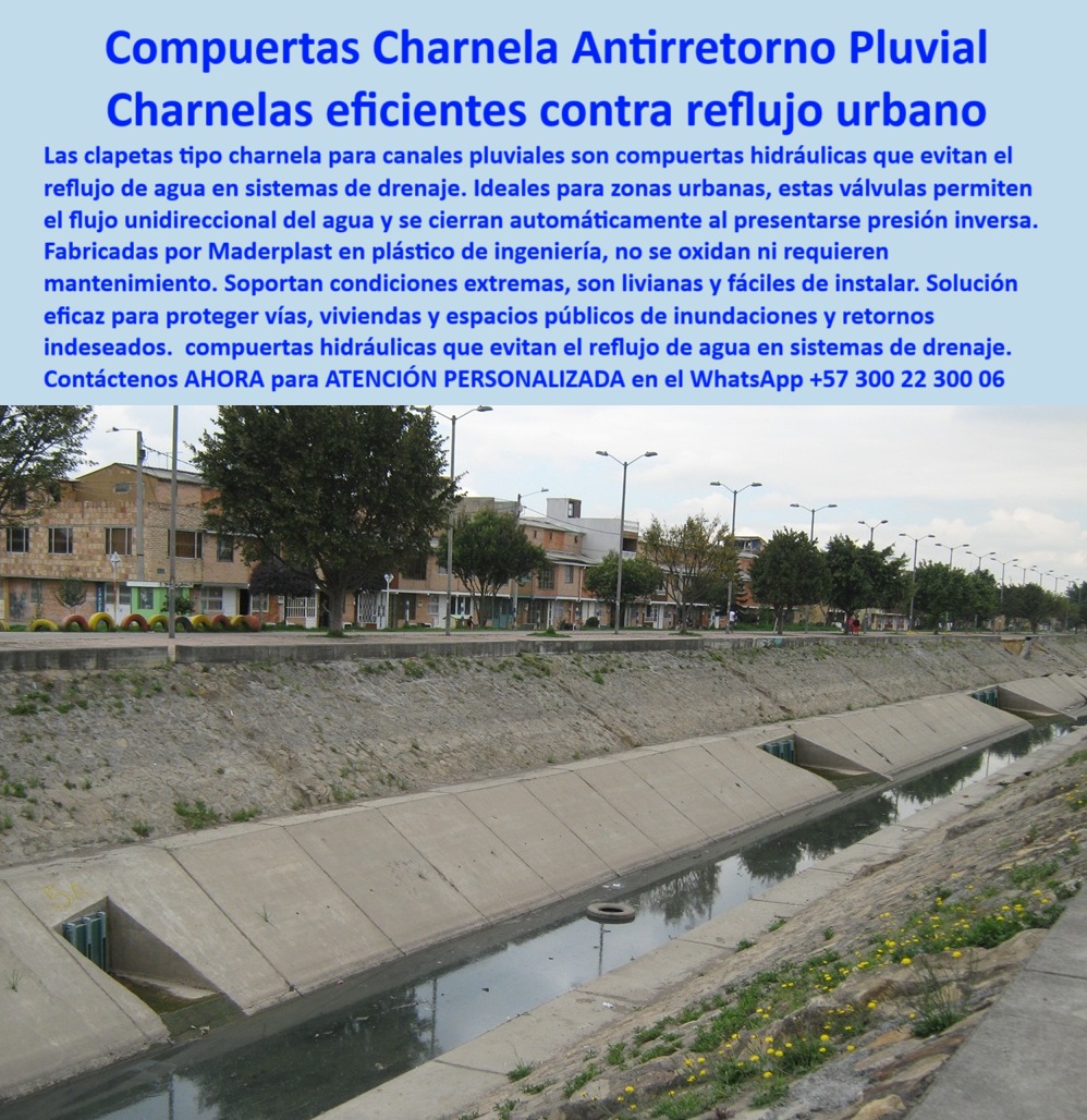 Clapeta Tipo Charnela Canales De Drenaje Pluvial Infraestructura Hidráulica Maderplast 0 compuertas para canales pluviales Cómo evitar que el agua devuelva ejemplos de compuertas en obras públicas ingeniería canales 0 La imagen presenta una escena urbana real de infraestructura hidráulica operativa, donde se observan tres compuertas hidráulicas tipo clapeta tipo charnela canales de drenaje pluvial, instaladas desde el año 2001 en el canal del río Fucha, al sur de Bogotá. Estas válvulas hidráulicas diseñadas por Maderplast no son solo compuertas para canales pluviales, sino un símbolo de confiabilidad, sostenibilidad y visión a largo plazo. ¿Cómo evitar que el agua devuelva? La respuesta técnica está claramente ilustrada aquí: con una válvula hidráulica pluvial para drenaje urbano que se activa por presión de caudal y se cierra automáticamente al detectar presión inversa, sin requerir energía, motores, ni supervisión manual., - Las charnelas plásticas son 100 % libres de óxido, fabricadas en polímero técnico, lo que elimina los problemas comunes de las válvulas metálicas tradicionales: corrosión, mantenimiento frecuente y fallas por acumulación de residuos. En estas condiciones, los ingenieros saben que una compuerta sin presión para canal de concreto es más que una elección: es una obligación técnica cuando se habla de drenaje pluvial urbano moderno. ¿Qué sistema antirretorno se recomienda para canales de concreto urbano? La experiencia demuestra que la válvula automática tipo clapeta instalada directamente en estructuras civiles ofrece los mejores resultados, como lo confirma esta obra con más de 20 años de operación sin fallas., - Este es un verdadero caso de éxito por durabilidad, donde el cliente repite pedido para otro proyecto, al verificar en campo que las charnelas para evitar reflujo en canales urbanos siguen funcionando de forma eficiente, sin presentar desgaste ni oxidación, a pesar del paso del tiempo y de las condiciones agresivas del canal. Por eso, en el Plan Maestro de Alcantarillado de Bogotá, dentro del plan Canoas y la PTAR Canoas, las entidades como la CAR, la EAAB y contratistas como Power China no dudaron en aprobar nuevamente este sistema, garantizando una solución urbana sin mantenimiento para nuevas zonas como el canal Tintal 3., - ¿Existen ejemplos de compuertas en obras públicas que funcionen por más de dos décadas sin una sola intervención? Esta fotografía no solo lo responde, lo demuestra. El sistema hidráulico antirretorno sin energía está aprobado y documentado, siendo una muestra viva de que el diseño técnico correcto no solo se planifica… también se mantiene vigente. La válvula urbana sin oxidación ni pintura es, además, una solución económica, ecológica y visualmente armónica con el entorno urbano. Y no se trata solo de evitar reflujo: también controla olores, residuos flotantes y garantiza la seguridad sanitaria de los barrios aledaños. En definitiva, no hay mejor aliado para un sistema-hidraulico-lluvias que una compuerta técnica tipo clapeta para drenaje, certificada por años de funcionamiento., - Para recibir especificaciones técnicas, fichas de instalación o asesoría personalizada con un especialista Maderplast, puedes escribir al WhatsApp +57 300 22 300 06, donde te ayudarán a dimensionar la válvula unidireccional automática para canal que tu proyecto necesita. Las charnelas plásticas urbanas sin mantenimiento como esta no necesitan publicidad: necesitan replicarse. Porque lo que funciona, se repite. Y lo que se repite, transforma ciudades. Clapeta Tipo Charnela Canales De Drenaje Pluvial Infraestructura Hidráulica Maderplast 0 compuertas para canales pluviales, - Cómo evitar que el agua devuelva, - ejemplos de compuertas en obras públicas, - ingeniería canales 0
