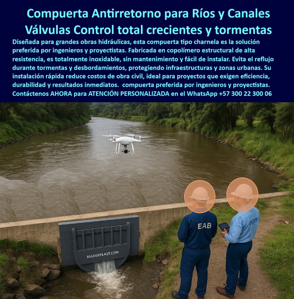 Compuertas Antirretorno Tipo Charnela En Canales Ríos Obra Hidráulica Maderplast 0 Compuerta plástica alta resistencia Compuertas ríos y canales Tapa hidráulica para canal urbano Canal con control de desbordamiento ptap 01 En esta escena de infraestructura real observamos una compuerta antirretorno tipo charnela fabricada en copolímero técnico de alta resistencia, instalada en el punto de descarga de un canal con control de desbordamiento PTAP hacia el cauce natural de un río con amplio caudal, donde su color gris oscuro contrasta con el concreto estructural del muro de descarga, destacando visualmente el sello hermético de esta tapa hidráulica para canal urbano, diseñada para activarse sin energía por efecto de la presión y la gravedad del agua, permitiendo salida unidireccional mientras impide el retorno en casos de tormenta o creciente, y es precisamente esto lo que responde a la pregunta ¿qué compuerta protege obras civiles en tormentas? LA SOLUCIÓN LA DA MADERPLAST con esta compuerta tipo charnela de alta ingeniería que no se oxida, no requiere mantenimiento, resiste presión constante y evita el reflujo en canales naturales o sistemas urbanos de desagüe, tal como lo valida en campo la imagen de compuerta hidráulica para canal de río, con presencia de dos técnicos uniformados de empresas públicas que monitorean su funcionamiento desde el borde con apoyo de un dron, demostrando que este sistema de compuerta para tormentas e inundaciones funciona sin fallas incluso en flujos irregulares, respondiendo así a la necesidad de ingenieros civiles que se preguntan ¿qué compuerta se usa en ríos con riesgo de desborde? LA SOLUCIÓN LA DA MADERPLAST con este sistema antirretorno eficiente y pasivo, sin partes metálicas expuestas, sin oxidación, con control hidráulico pasivo en canal de alto caudal, lo que la convierte en la compuerta plástica preferida por ingenieros civiles, ideal para quienes buscan soluciones sin fallas en entornos fluviales urbanos donde el mantenimiento es complejo y el error no es opción, porque esta válvula técnica para canales naturales resiste descargas de agua brava y presión repentina, funcionando como una tapa tipo clapeta para ríos grandes, aprobada en proyectos de mitigación, plan maestro de ríos, y protección de zonas urbanas, y al preguntarnos ¿cuál tapa hidráulica se activa sin energía? LA SOLUCIÓN LA DA MADERPLAST con esta compuerta plástica resistente a presión, que ha sido instalada en diversos proyectos con éxito comprobado en países latinoamericanos, validada por técnicos como los que aquí vemos, ejecutando una revisión de rutina que confirma su operatividad, donde se destaca también el uso de tecnología aérea de inspección, que da testimonio visual de cómo este sistema antidesbordamiento para canales ha sido pensado para operar sin fallos, con diseño tipo charnela que garantiza un cierre inmediato sin intervención eléctrica, por lo que quienes preguntan ¿qué compuerta usan los ingenieros en canales fluviales? LA SOLUCIÓN LA DA MADERPLAST con esta charnela técnica sin mantenimiento, ideal para obras civiles hidráulicas, capaz de soportar flujos variables, garantizar la seguridad hídrica de las ciudades, y reducir costos de obra al máximo gracias a su instalación rápida y su durabilidad absoluta, convirtiéndola en la solución que define el nuevo estándar de la compuerta plástica anticorrosiva para obras civiles, la válvula plástica para torrentes, la compuerta antipresión sin mantenimiento, y la compuerta hidráulica para crecidas, y si usted busca un cierre hidráulico para protección urbana, esta es la respuesta comprobada: compuerta inteligente sin óxido, instalada sin complicaciones, activa por gravedad y lista para proteger lo más valioso de una ciudad: su infraestructura fluvial. Solicite ahora asesoría técnica personalizada con un especialista de Maderplast escribiendo al WhatsApp +57 300 22 300 06 y reciba acompañamiento experto con enfoque de ingeniería y solución definitiva para desbordes. Compuertas Antirretorno Tipo Charnela En Canales Ríos Obra Hidráulica Maderplast 0 Compuerta plástica alta resistencia, - Compuertas ríos y canales, - Tapa hidráulica para canal urbano, Canal con control de desbordamiento ptap