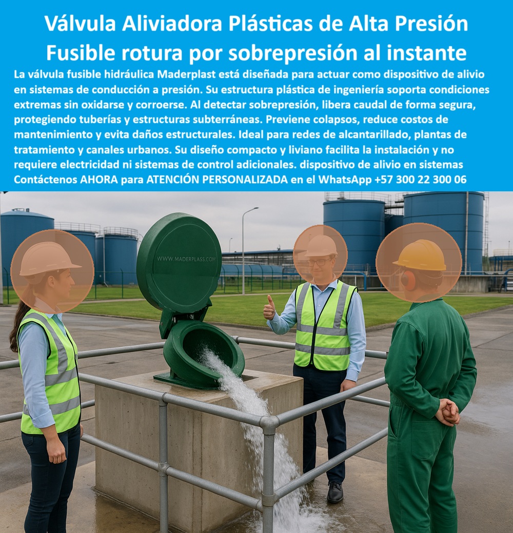 Control De Caudales Charnelas Compuertas Y Válvulas Fusible De Seguridad Maderplast 0 Sistema plástico para alcantarillado Tapa plástica para canal instalación correcta de charnelas Regulador de flujo plástico instalación La escena muestra con precisión el funcionamiento de una válvula fusible hidráulica plástica instalada sobre un pedestal técnico en una planta de tratamiento. Esta válvula fusible de seguridad Maderplast, construida en polímero técnico anticorrosivo, está diseñada para actuar como dispositivo de alivio instantáneo por sobrepresión en sistemas hidráulicos. En la imagen, su tapa se encuentra abierta, descargando caudal de forma controlada, validando su función como válvula alivio de presión urbana rural, sin electricidad, sin sensores y sin mantenimiento., - Instalada frente a los tanques de la PTAR visibles al fondo, esta tapa plástica para canal no solo es una válvula fusible de descarga sin falla, sino también un sistema de control inteligente que libera presión acumulada automáticamente. Al funcionar como fusible hidráulico de protección estructural, previene colapsos, daños por expansión de presión, fugas y roturas en redes subterráneas y sistemas sanitarios. Está diseñada para actuar cuando es necesario, como un regulador de flujo plástico de emergencia, sin requerir intervención técnica ni sistemas electrónicos adicionales., - Esta solución, fabricada por Maderplast, es ideal para municipios, plantas PTAR y redes de alcantarillado urbano donde se busca proteger la infraestructura sin los costos y complicaciones de las válvulas metálicas. Su diseño sin óxido, sin lubricación, de instalación rápida y compacta la hace óptima también como sistema plástico para alcantarillado o como tapa-de-alivio-plástica en sistemas de presión variable. Todo ello con la confiabilidad de una compuerta-sin-energía que actúa por gravedad en el momento justo., - ¿Cómo evitar el colapso en sistemas de presión sin usar electricidad? La respuesta está aquí: con una válvula alivio de alta presión sin energía, como la que muestra esta imagen operando en tiempo real, validada por personal técnico y aprobada para uso en canales urbanos y sistemas sanitarios. Esta es también una herramienta clave en inspecciones de calidad, actuando como válvula canal de revisión de aguas tratadas, ideal para supervisión directa o remota., - Si usted es ingeniero, contratista, operador de planta o responsable de infraestructura hidráulica, esta es su solución: una válvula plástica contra colapso estructural, un sistema de control fusible PTAR canal, una garantía técnica sin complicaciones. Para más información, asesoría experta o cotización inmediata, contáctenos AHORA mismo para ATENCIÓN PERSONALIZADA en el WhatsApp +57 300 22 300 06 Control De Caudales Charnelas Compuertas Y Válvulas Fusible De Seguridad Maderplast 0 Sistema plástico para alcantarillado, - Tapa plástica para canal instalación correcta de charnelas, Regulador de flujo plástico instalación