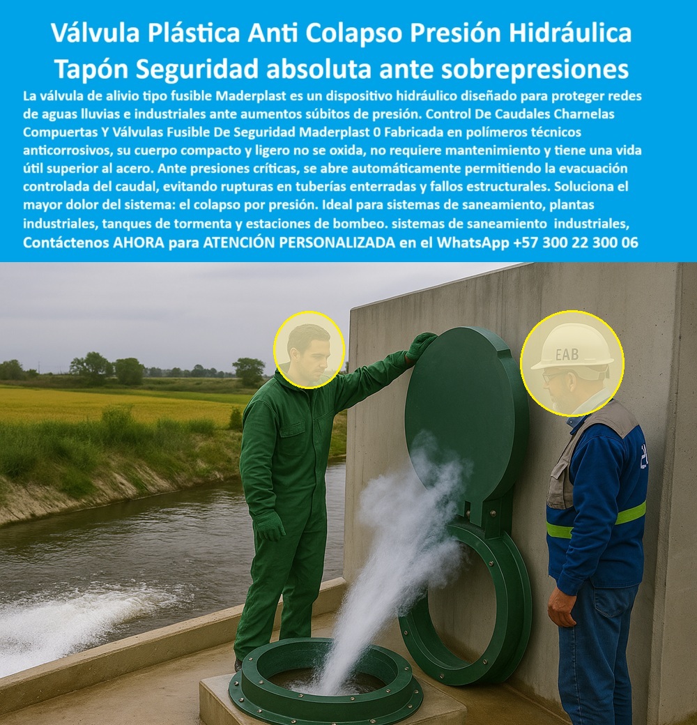Control De Caudales Charnelas Compuertas Y Válvulas Fusible De Seguridad Maderplast 0 Tapa plástica con brida en canal de agua residual solución hidráulica en PTAR válvula con sello hermético Charnela en sistema Ptap pp 01 La imagen muestra una situación crítica que se convierte en solución gracias a una tecnología hidráulica anticipada y precisa. Se observa una válvula plástica tipo fusible activada, instalada en un cabezal hidráulico de concreto en campo abierto. Un tapón hidráulico de seguridad de gran formato, de color verde técnico, ha sido abierto por sobrepresión, liberando un potente chorro de agua presurizada blanca, signo inequívoco de un sistema que responde en el momento exacto., - Frente a este evento de alivio por presión súbita, un operario con uniforme verde de Maderplast sostiene el tapón sin esfuerzo, demostrando su diseño liviano y funcionalidad técnica sin partes metálicas oxidadas ni trabas estructurales. A su lado, un técnico identificado con la insignia EAB en el casco observa el funcionamiento del sistema: tranquilo, confiado, sabiendo que la ingeniería respondió donde otros fallan., - Esta válvula-fusible-anti-colapso, también llamada tapón-hidráulico-de-seguridad, es parte del portafolio de soluciones diseñadas por Maderplast para redes de aguas lluvias, canales industriales y sistemas de saneamiento. Su función: proteger contra aumentos súbitos de presión, prevenir explosiones hidráulicas, fisuras en tuberías, rupturas en válvulas enterradas y el costoso dolor de cabeza de todo operador hidráulico: el colapso por presión., - Fabricada en polímero técnico anticorrosivo, esta compuerta-fusible-liviana-sin-óxido ofrece una alternativa segura, ecológica y sin mantenimiento frente a tapas metálicas que con el tiempo ceden, se corroen o fallan sin avisar. Su brida hidráulica con liberación segura se adapta a tanques, bocatomas, plantas de tratamiento PTAR, estaciones de bombeo y sistemas industriales que manejan aguas servidas, lluvias o líquidos residuales. Está diseñada para trabajar sin energía, sin presión continua, sin riesgo., - ¿Qué dispositivo previene el colapso por caudal alto? ¿Cuál es la válvula ideal para liberar presión hidráulica sin fallas ni explosiones? ¿Dónde se instala un sistema-de-alivio-por-presión que funcione sin partes móviles ni riesgo de trabas? Todas esas preguntas tienen una sola respuesta visible, comprobable y funcional:, - LA SOLUCIÓN LA DA MADERPLAST, con su válvula plástica tipo fusible, compacta, robusta y con un rendimiento superior a opciones metálicas., - Solicite ahora una asesoría personalizada con un ingeniero de Maderplast en el WhatsApp +57 300 22 300 06. Le enviaremos sin costo la ficha técnica, curvas de presión, formatos de instalación y videos de operación real. Porque cuando la presión sube, el tiempo se acaba y los errores cuestan millones, lo único que no puede fallar es la compuerta., - Y esa compuerta se llama Maderplast. Porque cuando el alivio hidráulico es urgente, el futuro está sellado... y la tapa también. Control De Caudales Charnelas Compuertas Y Válvulas Fusible De Seguridad Maderplast 0 Tapa plástica con brida en canal de agua residual, - solución hidráulica en PTAR, - válvula con sello hermético, Charnela en sistema Ptap pp 