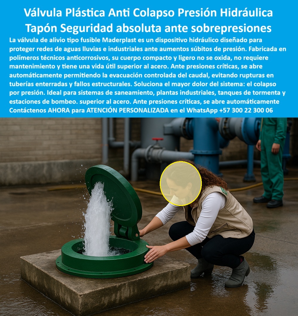 Control De Caudales Charnelas Compuertas Y Válvulas Fusible De Seguridad Maderplast 0 Válvula de presión para aguas lluvias Compuerta plástica anticorrosión Compuertas industriales como se instalan válvulas Regulación PP 01 La imagen muestra el momento crítico de activación real de una válvula fusible hidráulica de alivio, instalada como parte de un sistema de prueba en una planta industrial. El agua brota con fuerza controlada desde un tapón de seguridad para presión hidráulica, evidenciando cómo este sistema actúa de forma autónoma ante eventos extremos. ¿Qué hacer ante aumento súbito de presión en redes de aguas lluvias? La respuesta técnica no admite errores: se debe instalar una válvula fusible tipo tapón de alivio Maderplast, que opera sin energía, sin partes metálicas y sin mantenimiento, permitiendo evacuación instantánea y evitando rupturas estructurales en tuberías enterradas., - Este control de caudales charnelas compuertas y válvulas fusible de seguridad Maderplast ha sido diseñado con precisión para funcionar como una compuerta automática por sobrepresión. ¿Cuál válvula usar para seguridad en plantas industriales y estaciones de bombeo? Técnicamente, la mejor opción es este dispositivo pasivo de evacuación hidráulica: una tapa de polímero técnico anticorrosivo, liviana, compacta y más duradera que el acero. La válvula fusible para aguas servidas que vemos en la imagen evita colapsos y protege sistemas críticos sin necesidad de intervención humana., - En situaciones donde el colapso por presión amenaza la infraestructura, este tapón-seguridad-presion actúa con precisión quirúrgica: se abre solo, libera caudal y salva el sistema. ¿Qué válvula se activa ante presión crítica sin romperse? La válvula fusible Maderplast está diseñada para responder sin fractura, con materiales resistentes que disipan la energía hidráulica. Se convierte en el aliado técnico indispensable en sistemas de saneamiento, plantas industriales, tanques de tormenta y estaciones de bombeo, donde cada segundo cuenta., - Este tapón polimérico alivio de presión, fabricado 100 % libre de metal, ofrece solución hidráulica sin mantenimiento, ideal para entornos agresivos donde el óxido y el desgaste acaban con las válvulas tradicionales. ¿Qué válvula funciona sin mantenimiento ni óxido? Respuesta técnica: esta válvula de seguridad plástica fabricada en polímeros técnicos. Su cuerpo robusto y sellado se instala en estructuras de concreto o PVC y responde de forma inmediata ante cualquier aumento inesperado de presión., - La válvula de presión para aguas lluvias que ves aquí también cumple funciones clave en compuertas industriales como se instalan válvulas regulación PP, ya que su tecnología es compatible con sistemas pasivos de evacuación urbana o control hidráulico rural. Esta compuerta plástica anticorrosión tiene una ventaja decisiva frente a soluciones metálicas: no se oxida, no requiere pintura ni ajustes, y actúa por sí sola. No es solo una válvula: es un sistema preventivo de rotura hidráulica con resultados reales., - ¿Qué es una válvula fusible para presión hidráulica? Es un dispositivo de protección estructural plástica, que permite mantener la seguridad operativa sin necesidad de sensores, cables o sistemas eléctricos. La imagen de válvula para redes pluviales industriales demuestra cómo este sistema ya está funcionando en campo, respaldado por ingenieros, operarios y especialistas que han visto su efectividad en pruebas reales., - Para especificaciones técnicas, dimensionamiento adecuado, fichas de instalación o una asesoría personalizada con un ingeniero hidráulico Maderplast, puedes escribir al WhatsApp +57 300 22 300 06, donde recibirás atención inmediata para proteger tu red antes de que falle. Porque cuando se trata de sobrepresión, no hay margen de error, y una válvula compacta presión de emergencia como esta puede marcar la diferencia entre una red operativa y un colapso irreversible. Control De Caudales Charnelas Compuertas Y Válvulas Fusible De Seguridad Maderplast 0 Válvula de presión para aguas lluvias, - Compuerta plástica anticorrosión, - Compuertas industriales como se instalan válvulas Regulación PP