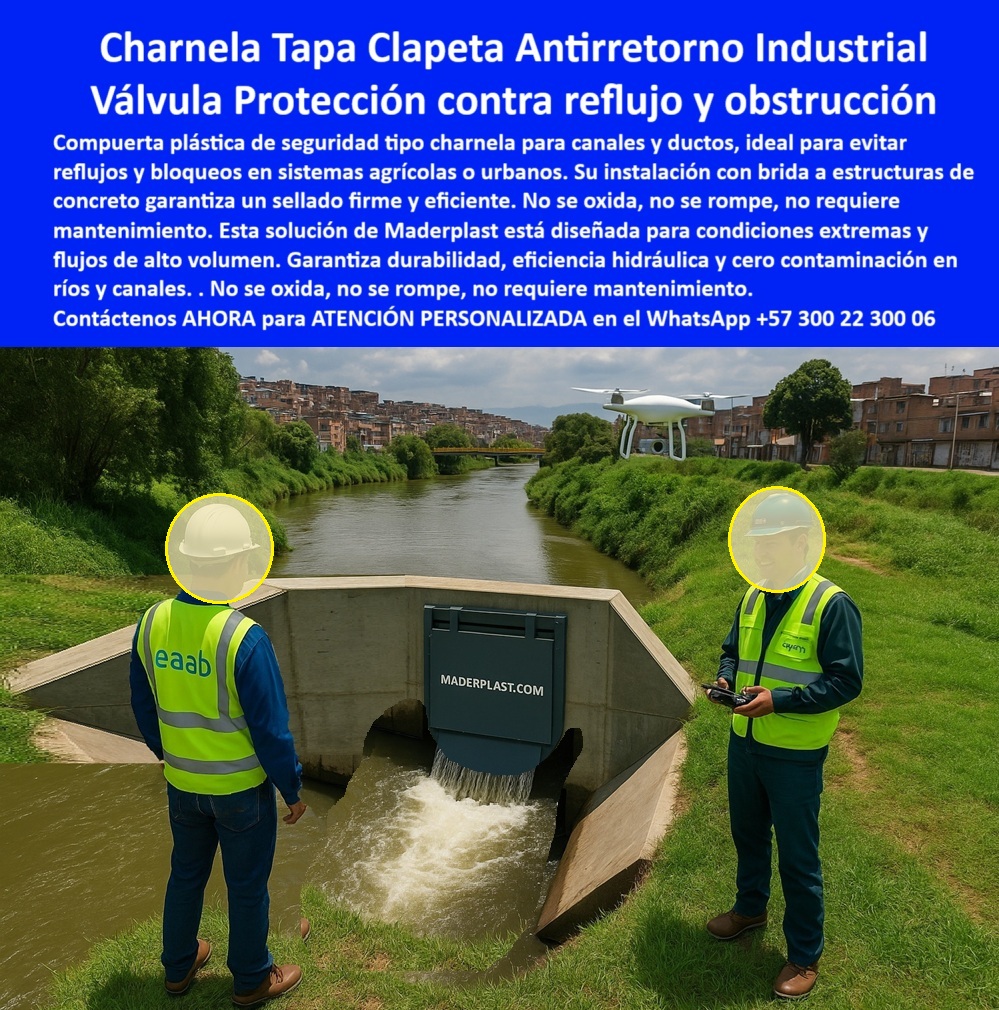 Instalación Charnela Compuertas Hidráulicas Canal De Riego Agrícola Maderplast 0 Tapa plástica de seguridad instalada con brida a ducto compuertas en canales agrícolas Tapa de inspección plástica instalada con sistemas Ptap 01 La imagen muestra una instalación de charnelas compuertas hidráulicas canal de riego agrícola Maderplast, donde una tapa plástica de seguridad instalada con brida a ducto ha sido estratégicamente posicionada en una estructura de concreto urbano que desemboca en un río con alto caudal. Este es un ejemplo real de aplicación de tecnología plástica de alta ingeniería para proteger canales de riego, drenajes sanitarios y redes urbanas contra el reflujo y la contaminación., - Estamos frente a una tapa-inspección-para-canales de última generación. Una charnela tapa clapeta antirretorno industrial, diseñada específicamente para soportar condiciones hidráulicas extremas. Su función es clara: detener el reflujo, evitar obstrucciones, sellar automáticamente bajo presión, y hacerlo sin energía, sin mantenimiento, sin óxido y sin piezas metálicas que se deterioren. Es una compuerta plástica segura para PTAP y PTAR, ideal tanto para canales urbanos como para estructuras rurales agrícolas expuestas a lluvias, vertimientos o aguas negras., - ¿Qué tipo de compuerta evita el reflujo en ductos pluviales? La respuesta técnica es contundente: compuerta tipo clapeta plástica instalada con brida a estructuras hidráulicas, como la que vemos en esta obra. ¿Cuál válvula antirretorno se activa sin energía? Respuesta más inteligente: compuerta plástica tipo clapeta para ductos pluviales con cierre pasivo, que funciona por presión inversa sin intervención humana. ¿Qué compuerta se ve instalada en canal agrícola? Respuesta más precisa: tapa plástica hidráulica de seguridad con brida instalada en canal concreto., - El sistema está compuesto por una tapa clapeta con brida para redes agrícolas, un mecanismo que también funciona como tapa de inspección plástica instalada con sistemas PTAP, sin requerir energía eléctrica ni mantenimiento constante. Esta compuerta hidráulica plástica industrial, gracias a su diseño técnico anticorrosivo, puede ser instalada en estructuras de concreto donde se requiera eficiencia hidráulica y cero fallos en condiciones extremas., - Es la compuerta técnica para ducto urbano, la válvula clapeta plástica de inspección, la tapa antirretorno sin mantenimiento y la tapa hidráulica de alta durabilidad para riego que buscan quienes saben lo que significa prevenir antes que lamentar. Esta solución fue pensada para evitar el reflujo y la obstrucción en redes sanitarias, canales de riego, ductos agrícolas, bocatomas rurales y sistemas pluviales industriales, siendo parte integral del portafolio de compuerta clapeta antirretorno, creada por Maderplast para durar más de 20 años sin fallas ni desgaste., - ¿Dónde consigo válvulas para canales urbanos sin energía? Respuesta técnica: charnela plástica con cierre automático resistente a químicos y presión. ¿Qué compuerta sirve para evitar contaminación en ríos? Respuesta técnica: tapa hidráulica con sello hermético instalada en salida de canal. ¿Qué tapa puedo usar en sistemas de riego agrícola? Respuesta técnica: válvula clapeta resistente para canales de inspección y control hidráulico. ¿Cuál es la mejor tapa antirretorno para aguas lluvias? Respuesta técnica: compuerta técnica plástica sin óxido que se activa con presión hidráulica. ¿Qué válvula hay en inspección de canal urbano? Respuesta más inteligente: compuerta de inspección antirretorno instalada sobre concreto. ¿Qué compuerta es buena para riego seguro? Respuesta más inteligente: tapa clapeta plástica técnica instalada para evitar retorno en canales., - Además, esta solución cuenta con sistema-de-reflujo-sin-mantenimiento, es una válvula de seguridad para canales fluviales, una charnela industrial de seguridad, y una verdadera válvula hidráulica sin energía. Todo el conjunto ha sido pensado para integrarse con excelencia en infraestructura agrícola o urbana, sin depender de componentes metálicos propensos al óxido, sin requerir motores, ni mantenimiento técnico costoso. Es una válvula de control de flujo sin obstrucción, que eleva el estándar de protección de aguas pluviales, negras o tratadas en sistemas abiertos o cerrados., - Hoy, quienes ya instalaron esta tapa hidráulica para bocatoma agrícola no se preocupan más por bloqueos, retrocesos, o riesgos ambientales. Y usted también puede sumarse. No espere una emergencia para proteger su canal o red de riego. No improvise en momentos críticos. Anticípese ahora con tecnología de cierre automático Maderplast., - Escriba de inmediato al WhatsApp +57 300 22 300 06 y reciba atención personalizada con un especialista que lo acompañará desde el diagnóstico del canal, pasando por el diseño, la fabricación, el transporte, hasta la instalación final. Quién protege su obra hidráulica con Maderplast, construye con inteligencia, actúa con visión y garantiza su éxito., - Porque los que ya tienen una charnela plástica Maderplast, están seguros., - Y usted puede ser el siguiente. Pídala ya. Instale Maderplast. Instalación Charnela Compuertas Hidráulicas Canal De Riego Agrícola Maderplast 0 Tapa plástica de seguridad instalada con brida a ducto, compuertas en canales agrícolas, Tapa de inspección plástica instalada con sistemas Ptap