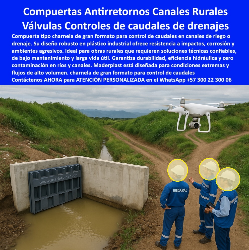 Instalación De Compuerta Charnela Gran Formato Para Obras Hidráulicas Maderplast 0 Charnela para control de caudal Regulador de flujo hídrico rural Compuerta antirretorno drenajes rurales Compuerta industrial Ptap PP 01 En esta instalación de campo observamos una compuerta hidráulica plástica tipo charnela de gran formato instalada estratégicamente en un canal rural de drenaje agrícola y riego, donde el cabezal de concreto recibe de forma robusta una tapa hidráulica plástica reforzada para flujos variables que permite controlar el paso del agua de manera unidireccional y sin retorno. La estructura gris, fabricada en plástico industrial anticorrosivo, fue diseñada por Maderplast para garantizar la máxima eficiencia hidráulica sin necesidad de presión, sin energía, sin óxido y con cero mantenimiento, lo que responde con autoridad a la pregunta ¿qué compuerta evita el retorno en drenaje abierto? LA SOLUCIÓN LA DA MADERPLAST. Tapa plástica con cierre automático, como se confirma visualmente en esta escena donde tres técnicos uniformados de SEDAPAL supervisan el sistema en sitio, mientras un dron realiza monitoreo aéreo de precisión, registrando el estado funcional de esta tecnología. Esta solución, validada por ingeniería, ha sido implementada como parte de programas de infraestructura rural sostenible, donde el control de caudales en canales rurales exige confiabilidad, resistencia a sedimentos y flujo unidireccional en zonas sin electricidad, motivo por el cual se eligió esta compuerta hidráulica para canal rural, diseñada específicamente como charnela para flujo sin retorno, que funciona incluso en presencia de residuos, impactos y condiciones ambientales extremas, porque cuando un profesional del agua se pregunta ¿cuál es la mejor válvula plástica para flujos variables? LA SOLUCIÓN LA DA MADERPLAST. Compuerta robusta sin óxido, tal como se demuestra en esta imagen de compuerta de gran formato en canal rural, instalada sin necesidad de intervención manual gracias a su diseño pasivo, tipo clapeta de bisagra superior, donde la gravedad es el único motor. La operación técnica es clara: el agua fluye hacia fuera, pero nunca regresa, lo que convierte este sistema en una válvula técnica con supervisión por dron, ideal para obras hidráulicas rurales, riegos agrícolas, drenajes pluviales, emisiones controladas, y especialmente en lugares donde se requiere seguridad sin energía. Además, la compuerta ha sido evaluada como válvula plástica de bajo mantenimiento, apta para instalarse sobre concreto, como se aprecia en esta obra donde el cabezal estructural sostiene de manera precisa una charnela antipresión para canales abiertos, cuya forma rectangular soporta incluso caudales contaminados, lo que nos lleva a responder ¿qué compuerta usar para canales de riego agrícola? LA SOLUCIÓN LA DA MADERPLAST. Válvula plástica gran formato resistente, sin tornillos metálicos, sin soldaduras expuestas, sin fallas. Este proyecto fue desarrollado en el marco de soluciones sostenibles para zonas rurales, integrando tecnología hidráulica sin energía y monitoreo inteligente, por eso cuando se plantea ¿cuál válvula sirve para controlar caudal en zona rural? LA SOLUCIÓN LA DA MADERPLAST. Charnela hidráulica confiable, no se trata de un concepto, sino de un sistema probado, instalado, operativo y supervisado. Con más de dos décadas desarrollando soluciones reales, Maderplast continúa consolidándose como el líder técnico en válvulas plásticas antirretorno para riego, compuerta industrial sin óxido, charnela de control para drenaje agrícola, y compuerta hidráulica plástica tipo charnela para canal rural, entregando respuestas funcionales donde el agua debe fluir sin retorno, con precisión, seguridad y cero fallas. Solicite ahora mismo asesoría especializada con un especialista de Maderplast, atención técnica y personalizada en este WhatsApp +57 300 22 300 06, porque esta no es solo una compuerta: es la puerta al control total del agua rural. Instalación De Compuerta Charnela Gran Formato Para Obras Hidráulicas Maderplast 0 Charnela para control de caudal, - Regulador de flujo hídrico rural, - Compuerta antirretorno drenajes rurales, - Compuerta industrial  Ptap PP