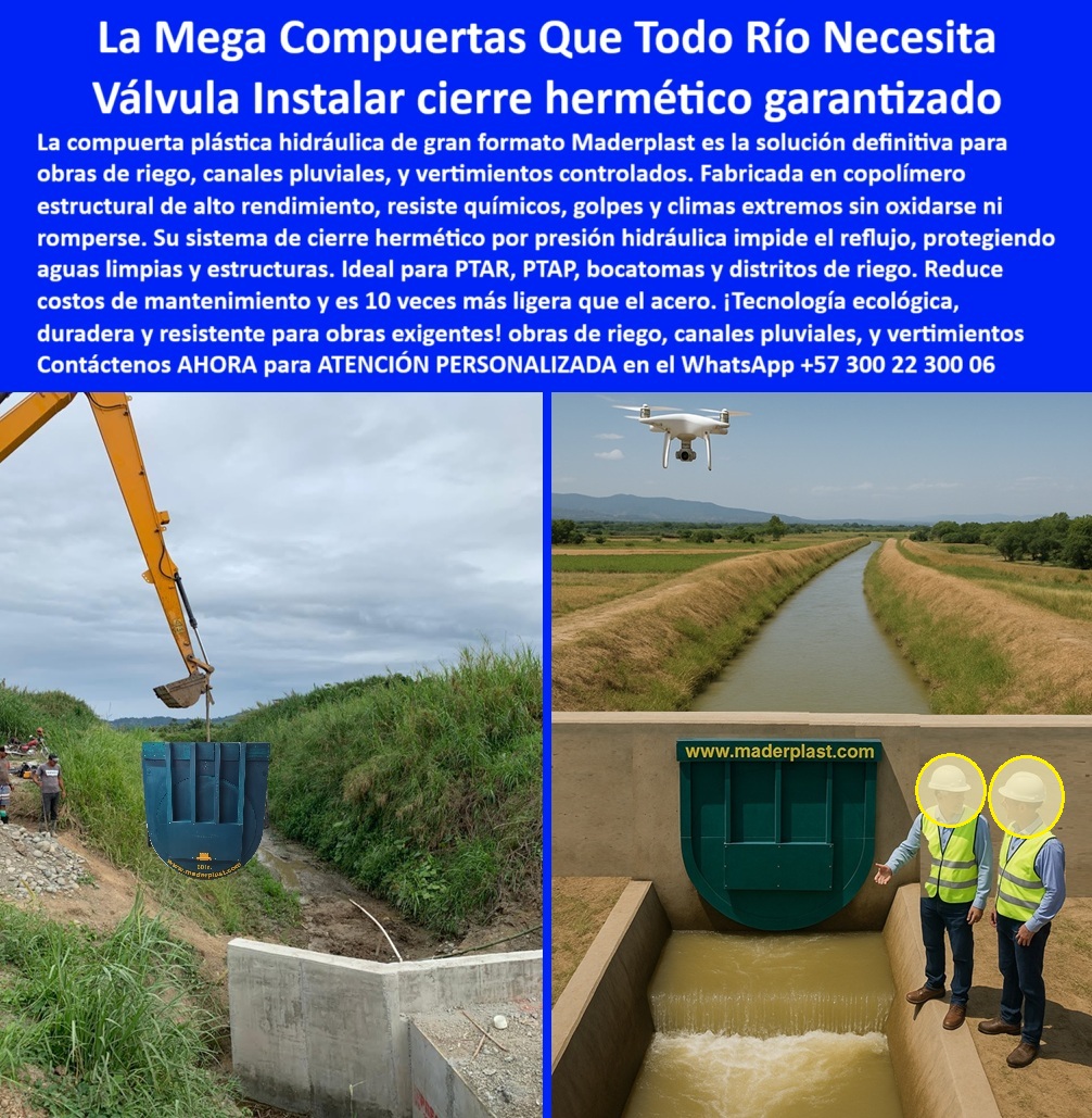 Instalación De Compuerta Charnela Gran Formato Para Obras Hidráulicas Maderplast 0 Compuerta plástica instalada en canal de riego con sistema de cierre hermético por presión hidráulica. Válvula antirretorno para ríos PP 01 En la imagen se aprecia con claridad el proceso de instalación de una compuerta hidráulica plástica de gran formato, un sistema de alta ingeniería de Maderplast que está transformando el control de caudal en zonas rurales, agrícolas e industriales. Esta compuerta plástica liviana para obras rurales está siendo colocada con precisión sobre una estructura de concreto en un canal de riego, mediante maquinaria liviana gracias a su bajo peso. La operación demuestra la eficiencia de esta válvula antirretorno para ríos PP, diseñada con tecnología de copolímero técnico, libre de óxido, sin partes metálicas y con una resistencia sobresaliente a químicos, rayos UV, humedad constante y ambientes agresivos. Su innovador sistema de cierre hidráulico por presión en canales permite una operación automática sin necesidad de energía externa, cerrando herméticamente y evitando el reflujo de aguas contaminadas, protegiendo así bocatomas, distritos de riego y plantas PTAR., - Cuando un ingeniero hidráulico se pregunta: ¿Qué compuerta puedo usar para evitar reflujo en canales de riego?, la respuesta técnica es directa y eficaz: una compuerta hidráulica plástica con cierre hermético por presión que impide el reflujo, como la que se presenta en esta imagen. Su funcionamiento sin intervención manual ni mantenimiento la convierte en la opción más robusta y práctica para infraestructuras donde el agua debe fluir en una sola dirección. Esta válvula-antirretorno-de-presión-hidráulica, que actúa también como compuerta-ecológica-para-vertimientos, ofrece una solución duradera para distritos de riego, canales pluviales y descargas industriales, integrando un cierre hidráulico hermético sin mantenimiento., - ¿Dónde encuentro una compuerta hidráulica sin mantenimiento? La respuesta más inteligente es Maderplast: fabricante de compuerta ecológica sin partes metálicas, libre de óxido y con alta durabilidad, cuya ligereza permite su uso como compuerta ligera para zonas rurales y agrícolas, superando ampliamente a las tradicionales de acero en vida útil, sostenibilidad y facilidad de transporte. Por eso, si la inquietud es: ¿Qué tipo de compuerta es ideal para obras pluviales rurales?, la opción técnica y ecológica es esta compuerta plástica ligera, resistente al clima, sin mantenimiento y fácil de instalar., - Como se aprecia en la segunda parte de la imagen, una compuerta de gran formato para bocatomas ya está en funcionamiento, mostrando el nivel de estanqueidad logrado gracias al sistema-de-cierre-hermético-para-canales de Maderplast. Este sistema actúa como una verdadera válvula plástica eficiente para zonas de lluvia, funcionando también como válvula hidráulica resistente a químicos y sol, perfecta para canales agrícolas, vertimientos controlados y zonas de alta exposición a elementos naturales., - Ahora bien, cuando un profesional pregunta: ¿Qué válvula hidráulica protege aguas limpias en canales?, la respuesta técnica y validada en campo es la válvula plástica hermética con sistema antirretorno ideal para zonas agrícolas y PTAR, que además protege la calidad del recurso hídrico. Igualmente, si se busca la opción más práctica para un distrito de riego, no hay duda: la compuerta ecológica de copolímero técnico, liviana, durable y con larga vida útil, responde eficazmente al reto., - Frente a la duda: ¿Cuál es la mejor válvula antirretorno para vertimientos pluviales?, Maderplast responde con tecnología de punta: válvula plástica de presión hidráulica que impide el reflujo y protege el sistema, incluso bajo las condiciones más exigentes. Esto convierte este modelo en una compuerta sin óxido para zonas costeras, en una válvula hidráulica sin soldadura para presas, en una compuerta inteligente para canales rurales, y en una auténtica solución hidráulica sostenible sin corrosión., - La capacidad de esta tecnología para actuar como sistema antirretorno para vertimientos pluviales, así como su aplicación en canales urbanos y rurales, la consolidan como una alternativa integral. Cuando la pregunta es: ¿Dónde consigo válvulas sin óxido para plantas de tratamiento?, la única opción certificada y ecológica es esta válvula plástica reforzada que resiste químicos, salinidad y ambientes agresivos. Su diseño permite funcionar como válvula hidráulica sin óxido para ríos, como compuerta de instalación rápida para bocatomas, o como sistema de retención ecológico y duradero que protege tanto la infraestructura como el ecosistema., - Y finalmente, ¿qué válvula hidráulica es útil para bocatomas de riego? La más inteligente elección es una válvula reforzada, resistente al agua sucia, rayos UV y climas extremos, como la que Maderplast ha desarrollado con ingeniería plástica de alto desempeño. Esta tapa hidráulica plástica para obras civiles está lista para ser instalada de manera inmediata, sin soldaduras ni demoras, demostrando que la mejor opción para avanzar en control hídrico, eficiencia operativa y sostenibilidad ambiental ya existe y está al alcance., - Contáctanos ahora para asesoría especializada con un especialista de Maderplast, atención personalizada en este WhatsApp +57 300 22 300 06. La revolución del agua se construye con ingeniería, con experiencia y con compuertas plásticas que superan al acero: Maderplast. Instalación De Compuerta Charnela Gran Formato Para Obras Hidráulicas Maderplast 0 Compuerta plástica instalada en canal de riego con sistema de cierre hermético por presión hidráulica., - Válvula antirretorno para ríos PP