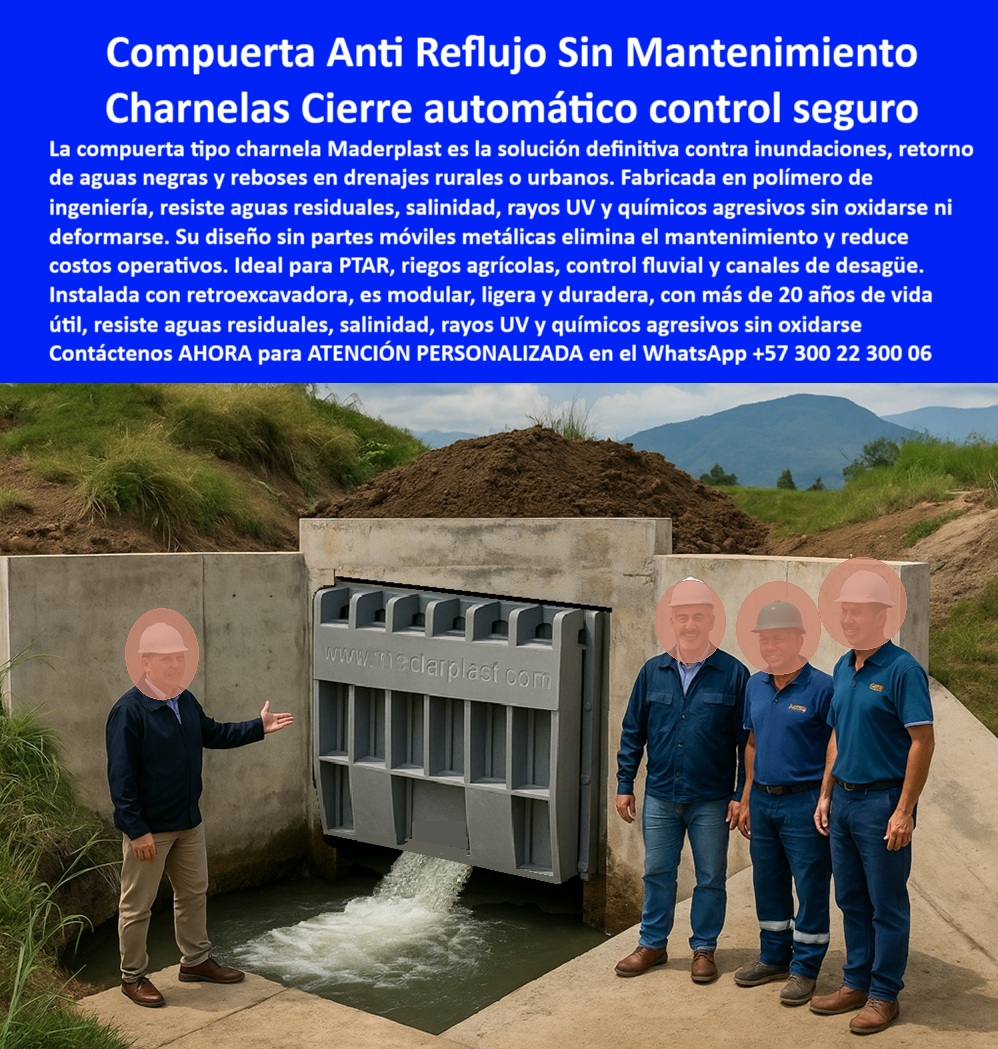 Instalación De Compuerta Charnela Gran Formato Para Obras Hidráulicas Maderplast 0 Infraestructura hidráulica con compuerta automatizada Válvula tipo charnela plástica instalada con retroexcavadora en drenaje agrícola ptap 01 En esta imagen real de campo observamos la instalación de una compuerta plástica gran formato tipo charnela, diseñada y fabricada por Maderplast, operando en un canal agrícola con caudal activo, como parte de un sistema de infraestructura hidráulica con compuerta automatizada, supervisado por técnicos e ingenieros en una zona rural de alto rendimiento hídrico. La válvula tipo charnela plástica instalada con retroexcavadora en drenaje agrícola PTAP es hoy la solución más confiable para controlar reboses, evitar el reflujo de aguas negras y permitir el drenaje controlado en zonas sin presión ni energía. Su operación automática por gravedad, sin piezas metálicas móviles, sin motores ni electricidad, la convierte en la mejor opción técnica para proyectos donde se necesita un sistema de cierre pasivo para aguas negras que sea seguro, eficiente y que no exija intervención ni mantenimiento continuo., - Esta compuerta para zonas agrícolas y rurales, desarrollada en polímero técnico de alta ingeniería, es totalmente anticorrosiva, inmune a la salinidad, los rayos UV y los químicos agresivos del ambiente, garantizando más de 20 años de vida útil sin oxidarse, sin deformarse y sin requerir reparaciones. El diseño modular y robusto de esta charnela plástica sin mantenimiento ha sido optimizado para instalaciones rápidas con maquinaria básica como retroexcavadora, evitando el uso de grúas, soldaduras o estructuras metálicas de soporte. Esta solución permite que ingenieros, contratistas, operadores de PTAR o técnicos rurales implementen un cierre hidráulico automático sin energía que garantiza control total sobre el flujo sin riesgo de fallas operativas., - Lo que distingue a esta tecnología no es solo su diseño liviano y resistente, sino su comprobación en campo. Esta compuerta hidráulica PTAR sin presión ha sido probada en diversos proyectos rurales e industriales, demostrando que su capacidad de control automático para canal de desagüe es superior, incluso en condiciones extremas de caudal variable, aguas residuales y ambientes químicos agresivos. En esta imagen, puede verse cómo el sistema funciona con cierre hermético por gravedad, activado por el mismo flujo de agua, sin necesidad de intervención humana ni monitoreo técnico continuo, lo cual reduce los costos operativos y mejora la eficiencia de las obras hidráulicas rurales modernas., - Para sistemas de riego agrícola, canales de rebose, estaciones de tratamiento de aguas residuales o sistemas mixtos de desagüe urbano, esta compuerta plástica para drenaje rural se convierte en una elección técnica ideal. Su capacidad de resistir impactos, vibraciones, y su tolerancia a altos volúmenes de paso sin deformación estructural, la posicionan como líder entre las opciones disponibles en el mercado. Este es el futuro de la infraestructura hidráulica moderna rural: sin óxido, sin trabas, sin fallas, sin energía., - Entonces, ¿qué compuerta evita el reflujo sin mantenimiento?, o ¿cuál es la mejor compuerta para canales agrícolas?, o ¿qué válvula sirve para agua residual en drenajes rurales?, la respuesta ya está instalada, funcionando, verificada por técnicos e ingenieros que no aceptan errores. La respuesta es esta charnela robusta con cierre automático por gravedad diseñada por Maderplast, con tecnología nacional de exportación, modular, ligera, y capaz de resistir décadas de operación sin un solo centímetro de corrosión. Este sistema de válvula hidráulica sin supervisión ha sido creado para dar resultados, no excusas. Y eso se ve reflejado en cada cliente que repite pedido, cada proyecto que vuelve a elegir esta tecnología, cada canal que sigue fluyendo sin reflujo ni mantenimiento técnico., - Esta no es solo una válvula, es la mejor decisión que puede tomar un ingeniero, un contratista, un municipio o un operador hidráulico rural cuando busca seguridad, eficiencia, control y durabilidad. Solicite asesoría personalizada ahora mismo con un especialista técnico de Maderplast, en este WhatsApp +57 300 22 300 06, porque cuando el agua no puede regresar, cuando el sistema debe funcionar sin fallas, y cuando el presupuesto exige una inversión con resultados reales, LA SOLUCIÓN LA DA MADERPLAST. Instalación De Compuerta Charnela Gran Formato Para Obras Hidráulicas Maderplast 0 Infraestructura hidráulica con compuerta automatizada, - Válvula tipo charnela plástica instalada con retroexcavadora en drenaje agrícola, ptap
