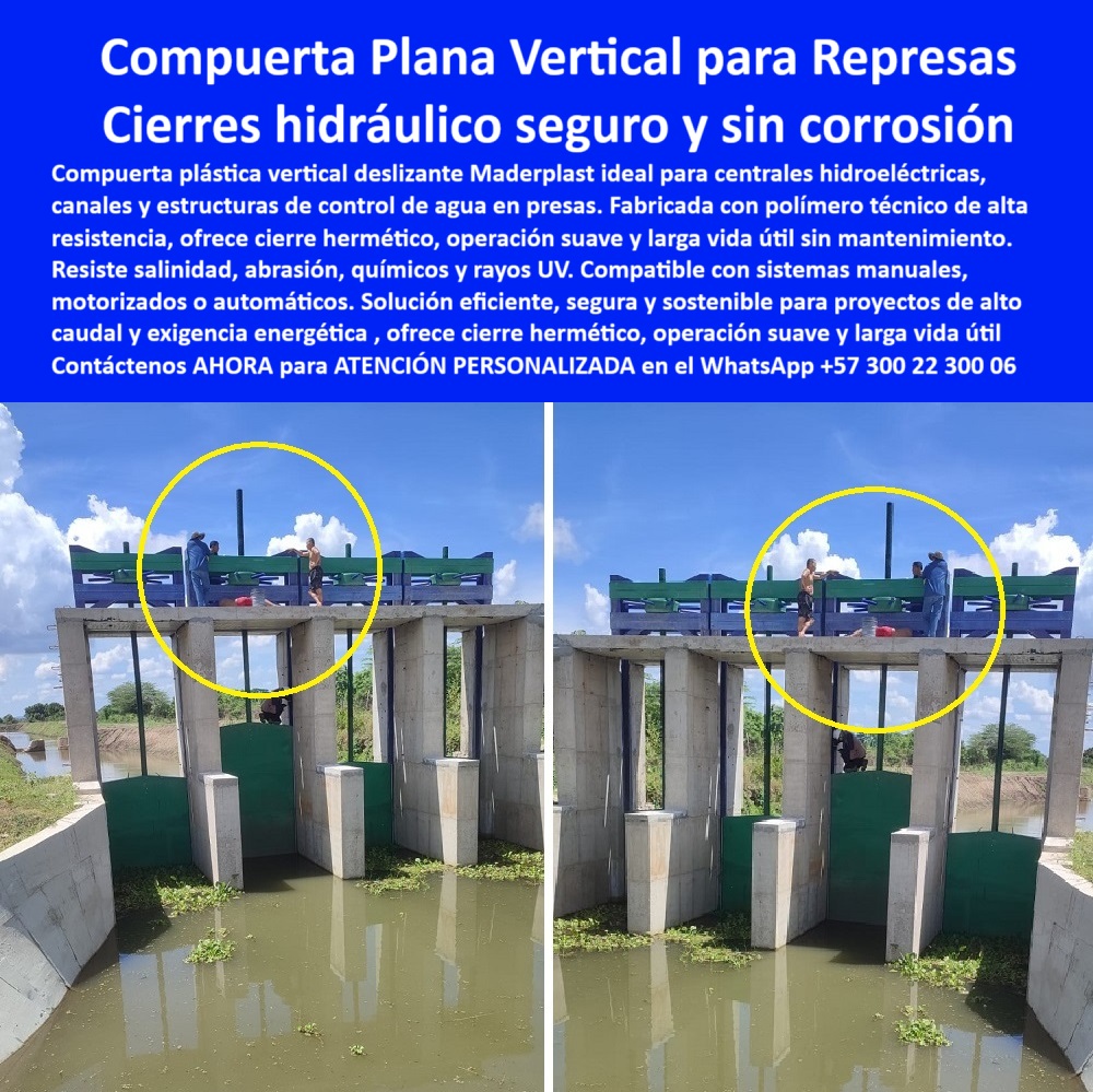 Instalación De Compuerta Charnela Gran Formato Para Obras Hidráulicas Maderplast 0 Obra civil con sistema de charnela plástica Compuerta gigante de plástico Con Puertecilla hidráulica para canales Proyecto hidráulico Ptap 01 En la imagen se aprecia la instalación de compuerta charnela gran formato para obras hidráulicas Maderplast, una solución revolucionaria en obra civil con sistema de charnela plástica, que responde con excelencia técnica y eficiencia operativa a las exigencias de proyectos como el proyecto hidráulico PTAP, donde el control de caudal y la resistencia ambiental son prioritarios. La imagen muestra una compuerta hidráulica plástica vertical de gran escala sobre una estructura de concreto, equipada con una puertecilla hidráulica para canales que garantiza un sistema de control de agua sin óxido, seguro y hermético. Esta compuerta gigante de plástico, diseñada con polímero técnico, ofrece un sistema hidráulico de cierre plástico seguro y confiable, ideal para zonas de alta humedad, salinidad o exposición química, ya que actúa como una verdadera tapa hidráulica antisalina, capaz de resistir sin deterioro estructural ni mantenimiento durante más de 20 años., - Al preguntarnos: ¿Cuál es la mejor compuerta para plantas de tratamiento de agua?, la respuesta más inteligente y técnica es clara: una compuerta hidráulica plástica robusta y hermética, que se desempeña con excelencia en PTAR, PTAP y estaciones de bombeo, donde la durabilidad, el bajo impacto ambiental y la resistencia a químicos y rayos UV son innegociables. Este tipo de solución, con su charnela plástica de gran formato, se convierte también en la mejor alternativa cuando nos consultan: ¿Qué compuerta resiste la salinidad y la oxidación?, y es que no hay otra como esta compuerta-hidráulica-vertical-reforzada, capaz de ofrecer cierre hermético incluso en ambientes extremos., - Diseñada para estructuras hidráulicas duraderas, esta compuerta de polímero técnico para canales agrícolas funciona como válvula unidireccional para canal, como compuerta antirretorno plástica para obras hidráulicas, y también como compuerta para control de escorrentías pluviales, adaptándose a necesidades específicas con eficiencia. Su uso va desde represas sin mantenimiento, pasando por sistemas de riego eficiente, hasta soluciones de cierre automático hidráulico de bajo mantenimiento., - Entonces, ¿qué compuerta para represas es libre de óxido y fácil de instalar? La más inteligente elección es esta compuerta vertical plástica de gran formato, que además de ser resistente y ligera, es fácil de instalar, pues llega preensamblada y no requiere ni soldadura ni maquinaria pesada. Esto responde a la inquietud técnica clave: ¿Cuál es la compuerta más fácil de instalar para obras hidráulicas? La de Maderplast., - Con compuerta vertical manual o motorizada, adaptable a distintos tipos de automatización, esta solución integra una válvula ecológica para proyectos de riego, que actúa como válvula plástica antirretorno durable, optimizando el control de flujo. Frente a la pregunta: ¿Qué válvula puedo usar para canales agrícolas sin mantenimiento?, la respuesta más acertada es la válvula antirretorno plástica reforzada, diseñada para durar sin oxidarse ni corroerse., - De este modo, Maderplast reafirma su liderazgo en compuertas sostenibles para canales y diques, aportando una solución de control hidráulico de flujo eficiente, con cierre hidráulico hermético para presas y sistema de cierre hidráulico resistente a la corrosión, posicionándose como la mejor opción para ingenieros civiles, autoridades hídricas y constructores de infraestructura. Si aún se pregunta: ¿Qué sistema de control hidráulico me sirve para presas?, la mejor solución es la compuerta plástica deslizable con cierre hermético, funcional, duradera y 100 % libre de óxido., - ¿Dónde consigo válvulas hidráulicas sin mantenimiento? Aquí, con Maderplast. ¿Qué tapa hidráulica aguanta químicos y rayos UV? Aquí también, con nuestra tapa plástica técnica resistente a productos químicos agresivos, rayos solares y ambiente salino. Esta tecnología se resume en una poderosa compuerta ecológica sin óxido, con larga vida útil, que responde sin fallas cuando se requiere una compuerta tipo charnela para control de caudal, una válvula resistente para zonas con salinidad, o una charnela-de-cierre-hermético-hidráulico que optimice estructuras de concreto., - Contáctanos ahora para asesoría especializada con un especialista de Maderplast, atención personalizada en este WhatsApp +57 300 22 300 06. La ingeniería moderna, sostenible y libre de mantenimiento ya tiene nombre, color y soporte técnico: Maderplast. Instalación De Compuerta Charnela Gran Formato Para Obras Hidráulicas Maderplast 0 Obra civil con sistema de charnela plástica, - Compuerta gigante de plástico, Con Puertecilla hidráulica para canales Proyecto hidráulico Ptap