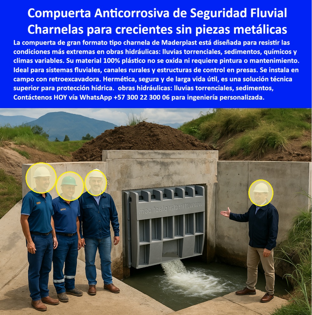 Instalación De Compuerta Charnela Gran Formato Para Obras Hidráulicas Maderplast 0 Qué compuertas no se oxidan en obras hidráulicas Válvula plástica de seguridad hídrica instalada en sistema fluvial protección creciente Ptap 01 La imagen muestra la instalación de compuerta charnela gran formato para obras hidráulicas, desarrollada por Maderplast, en un entorno fluvial de alta exigencia. Frente a un canal de concreto con descarga visible, cuatro ingenieros posan satisfechos ante el resultado: una válvula plástica de seguridad hídrica instalada en sistema fluvial como protección efectiva contra crecientes, lluvias torrenciales y flujos contaminados. Esta compuerta anticorrosiva de seguridad fluvial representa lo mejor de la ingeniería sin mantenimiento: un cuerpo compacto, robusto y 100 % libre de partes metálicas que responde con eficacia incluso en presencia de sedimentos, químicos o presión variable., - La charnela para crecientes sin piezas metálicas está fabricada completamente en polímero técnico de alto rendimiento, lo que garantiza que no se oxida, no se contamina, y no falla incluso en las condiciones más agresivas. ¿Qué compuertas no se oxidan en obras hidráulicas? La respuesta técnica es clara: las compuertas plásticas tipo charnela sin metal para canales fluviales de Maderplast han sido diseñadas con tecnología plástica de alta ingeniería que no requiere pintura, no requiere energía, y no depende de piezas móviles metálicas que puedan corroerse o atascarse con el tiempo., - El sistema de cierre automático por gravedad asegura una operación continua ante lluvias intensas, sin intervención humana ni sistemas auxiliares. Esta válvula plástica de gran formato descargando agua a canal representa una evolución técnica real frente a las compuertas convencionales, ofreciendo resistencia estructural, control preciso de caudales y compatibilidad con canales rurales, presas, estructuras de control de riego y zonas críticas., - En esta instalación de compuerta en obra fluvial con ingenieros, el equipo técnico valida en sitio el perfecto sellado y funcionamiento de la charnela hidráulica de gran formato rural, una solución robusta, anticorrosiva, y pensada para durar más de 25 años incluso expuesta a climas extremos. El flujo unidireccional y hermético de esta válvula plástica tipo charnela para río bloquea eficientemente el reflujo y las obstrucciones, garantizando una protección hidráulica real para zonas vulnerables., - Para obras que requieren compuerta sin metal para canal de agua, donde la corrosión no es una opción y la durabilidad no se negocia, Maderplast ha desarrollado esta charnela plástica anticorrosiva fluvial como la respuesta técnica más avanzada y segura. Ya sea en represas, canales rurales, sistemas de retención o presas temporales, estas válvulas de retención fluvial están listas para asumir el reto., - ¿Qué tapa sirve para caudales grandes sin presión? Respuesta técnica: la compuerta de gran formato para crecientes torrenciales fabricada en polímero técnico por Maderplast. Es una válvula de seguridad hídrica de gran formato para represas que no se oxida, no requiere energía y no falla. Una compuerta con ingeniería confiable, instalación sencilla y desempeño comprobado en campo por expertos., - Y como lo valida la fotografía en campo, esta estructura hidráulica anticorrosiva en obra con ladera no solo es funcional: es técnica, elegante y moderna. Una respuesta concreta a las necesidades reales de la infraestructura hidráulica del siglo XXI., - 📌 Si tu proyecto requiere una solución segura y sin mantenimiento, puedes contactar al equipo técnico de Maderplast en el WhatsApp +57 300 22 300 06 para recibir acompañamiento en la dimensionamiento e instalación de compuertas para obras hidráulicas rurales o urbanas. Porque con Maderplast, la prevención no es opcional: es parte del diseño. Instalación De Compuerta Charnela Gran Formato Para Obras Hidráulicas Maderplast 0 Qué compuertas no se oxidan en obras hidráulicas, Válvula plástica de seguridad hídrica instalada en sistema fluvial protección creciente Ptap
