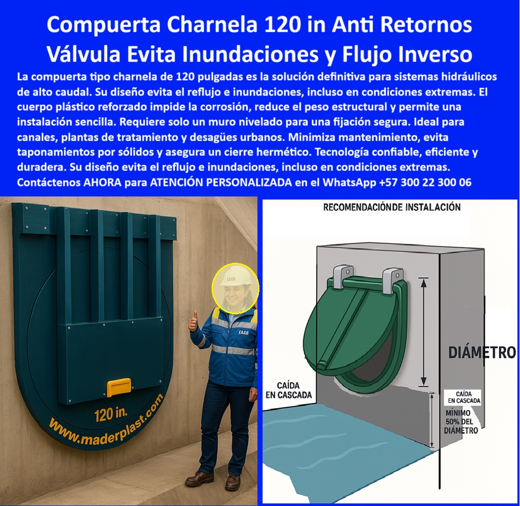 Instalación De Compuerta Tipo Charnela Manual Instalar Charnela Maderplast 0 instruciones instalar Sistema De Control Hidráulico El muro de concreto debe estar nivelado y alineado con la tapa Prevención de acumulación basuras 01 La imagen muestra una compuerta hidráulica plástica tipo charnela de 120 pulgadas, instalada con precisión sobre un muro de concreto nivelado y alineado con la tapa, garantizando un cierre hermético en un canal de desagüe urbano. Esta solución de Maderplast representa la cima de la ingeniería en sistemas hidráulicos de gran caudal, diseñada para evitar de manera eficiente el reflujo de agua y flujos inversos incluso bajo condiciones extremas, sin necesidad de mantenimiento, ni partes metálicas, ni lubricación., - ¿Qué válvula evita el reflujo en canales de concreto? La compuerta plástica tipo charnela de cierre automático por gravedad es la respuesta técnica más confiable. ¿Cuál es la compuerta ideal para evitar inundaciones urbanas? Una tapa plástica vertical con caída tipo cascada para evitar taponamientos. Este modelo incluye sistema de caída libre tipo cascada que impide la acumulación de sólidos y garantiza flujo constante, incluso en presencia de residuos flotantes, lo que lo convierte en el sistema perfecto para plantas de tratamiento, canales abiertos, obras de control de inundaciones, y PTAR urbanas., - ¿Qué válvula instalar para caudales elevados sin fallas? Lo más inteligente es instalar una compuerta plástica antitaponamiento para obras urbanas, cuya estructura de polímero técnico reforzado resiste la corrosión, los químicos, los rayos UV y el óxido, y mantiene su integridad bajo presión hidráulica constante. Esta es una verdadera compuerta-antirretorno-hidráulica de alto rendimiento, perfecta para sistemas de alcantarillado que requieren soluciones sostenibles y libres de mantenimiento., - ¿Cómo se instala una compuerta en muro de concreto para evitar inundaciones? Utilizando una charnela plástica 120 pulgadas con sello hidráulico vertical, fijada con precisión sobre concreto nivelado, como lo indica la recomendación gráfica adjunta. Esto asegura no solo un anclaje seguro, sino también una operación fluida sin obstrucciones. Este sistema se adapta a obras nuevas o rehabilitaciones gracias a su instalación rápida para canales, su diseño ligero y su compatibilidad con infraestructuras existentes., - Para quienes buscan soluciones técnicas modernas, esta válvula para control de inundaciones sin energía también cumple como tapa plástica de cierre automático, charnela vertical para canales de concreto, compuerta tipo clapeta para desagües urbanos, y tapa-clapeta-sin-mantenimiento. Además, responde a preguntas clave como: ¿Qué tapa evita reflujo sin óxido ni piezas metálicas? La válvula plástica anticorrosiva con caída libre para canal. ¿Dónde encuentro una válvula ligera resistente al óxido para canales? En Maderplast, con la charnela plástica de alto rendimiento para sistemas hidráulicos extremos., - Este sistema de control hidráulico sin corrosión se categoriza también como válvula técnica para obras de saneamiento, válvula vertical para canales de desagüe, compuerta reforzada sin partes metálicas, tapa plástica para controlar retornos de agua, y compuerta duradera para plantas de agua. En cada caso, responde a exigencias de flujo elevado, condiciones climáticas severas y necesidades urbanas con confiabilidad total., - La charnela-de-cierre-automático, de gran diámetro, con válvula antirretorno de gran caudal, ha demostrado su eficacia operativa con pruebas en campo. Ya no hay excusa para taponamientos, fallas de diseño o mantenimientos innecesarios. Lo que Maderplast entrega es una compuerta hidráulica plástica vertical mural, con ingeniería comprobada, fabricación de alta precisión, y respaldo técnico desde la planificación hasta la instalación., - Ahora la decisión es suya. ¿Seguir con sistemas obsoletos, o proteger su infraestructura hidráulica con tecnología real, probada y sostenible? Solicite ahora mismo su asesoría personalizada con un especialista de Maderplast. Escriba al WhatsApp +57 300 22 300 06 y active la solución más confiable para el control hidráulico sin mantenimiento. Proteja su ciudad, su obra y su futuro. Instale Maderplast hoy.  Instalación De Compuerta Tipo Charnela Manual Instalar Charnela Maderplast 0 instruciones instalar Sistema De Control Hidráulico, El muro de concreto debe estar nivelado y alineado con la tapa Prevención de acumulación basuras