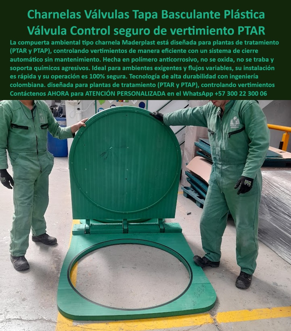 Proveedor Charnelas Grandes Medianas Ptar Ptap Catálogo Brochure Maderplast 0 válvula tipo Tapa basculante plástica compuerta de retención plástica para control de vertimientos compuerta ambiental de retención Ptar ptap 01 La imagen muestra una compuerta ambiental de retención PTAR PTAP tipo charnela fabricada por Maderplast, donde dos técnicos presentan una estructura robusta, circular, construida totalmente en polímero técnico. Esta válvula tipo tapa basculante plástica se encuentra articulada con bisagras integradas en su marco y un anillo de sellado hermético perfectamente visible. Su instalación se realiza sin herramientas complejas, sin sistemas metálicos y sin necesidad de energía, lo que permite un sistema de cierre automático sin mantenimiento altamente confiable, ideal para ambientes exigentes y zonas de operación constante., - ¿Cuál es la mejor compuerta para plantas de tratamiento de aguas residuales? Sin duda, es la compuerta de retención plástica para control de vertimientos, como la que observamos en esta imagen. Está diseñada para resistir químicos agresivos, exposición prolongada a humedad, gases corrosivos y aguas contaminadas, sin sufrir oxidación, trabas ni fallos mecánicos. Esta tecnología colombiana, desarrollada por Maderplast, ha sido validada por ingenieros, contratistas y operadores de plantas PTAR y PTAP en todo el país., - ¿Qué compuerta usar para PTAR sin mantenimiento? La válvula tipo tapa basculante plástica para PTAR opera por gravedad, con un sistema pasivo que garantiza cierre hermético sin consumo energético, sin piezas móviles metálicas, sin oxidación. El sistema de tapa plástica con bisagra y marco que aquí se muestra es perfecto para plantas de aguas residuales industriales que requieren eficiencia y sostenibilidad en la gestión de vertimientos., - ¿Dónde encuentro una charnela para vertimiento eficiente? La respuesta es clara: esta es una charnela ambiental de retención PTAR PTAP, liviana, ecológica y sin partes metálicas. Se trata de una compuerta-plástica-retención instalada en piso industrial con acceso frontal, que puede colocarse en bocatomas, canales de inspección, cámaras de sellado o drenajes de emergencia., - Además, si tu proyecto requiere una tapa plástica basculante para obras de tratamiento, esta solución técnica cumple con todos los criterios de durabilidad, eficiencia, bajo costo operativo y cero mantenimiento. Su diseño circular está optimizado para caudales variables, con flujo controlado y sin riesgo de reflujo. La válvula pasiva de retención para aguas industriales que aquí se muestra es resistente a agentes químicos y ambientes húmedos extremos., - ¿Tapa plástica circular para vertimientos PTAP? Esta válvula cumple el estándar. Está construida para ofrecer un sistema de retención hidráulica de polímero técnico con capacidad de adaptación modular y operación constante. Su diseño permite actuar como tapa-de-cierre-sin-mantenimiento, optimizando recursos, reduciendo riesgos y mejorando el rendimiento de cada planta., - ¿Diseño de charnela plástica para control hidráulico? Esta imagen responde con fuerza: vemos una compuerta circular plástica con bisagra de cierre automático en planta, resistente, ligera, sin fallos estructurales ni trabas mecánicas. Instalada por proveedores con experiencia, se convierte en la aliada ideal de alcaldías, operadores de agua y contratistas de plantas de tratamiento., - Porque en hidráulica, quien instala con visión, evita emergencias., - 📲 Contáctenos AHORA para ATENCIÓN PERSONALIZADA en el WhatsApp +57 300 22 300 06, - Una compuerta bien seleccionada hoy, es un vertimiento sin problemas mañana. Maderplast no solo fabrica charnelas, fábrica tranquilidad, tecnología y cumplimiento. Proveedor Charnelas Grandes Medianas Ptar Ptap Catálogo Brochure Maderplast 0 válvula tipo Tapa basculante plástica, - compuerta de retención plástica para control de vertimientos, - compuerta ambiental de retención Ptar ptap