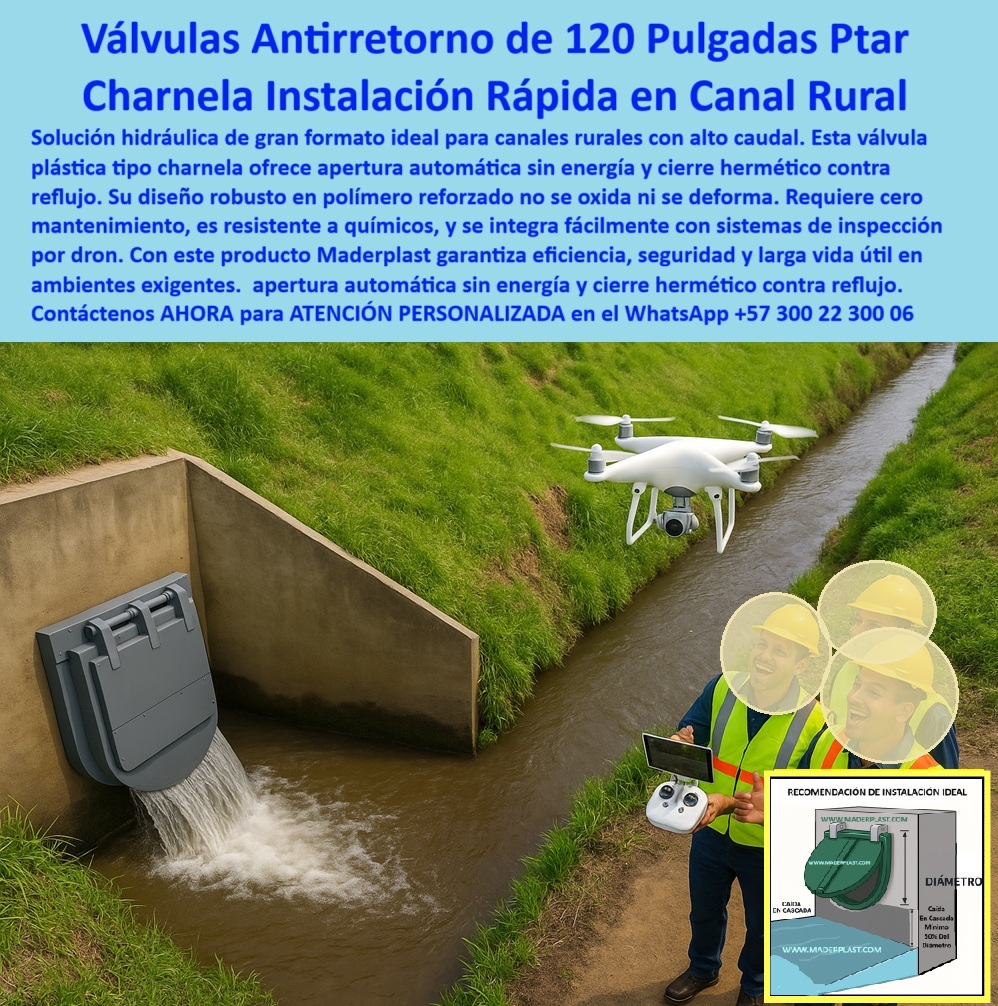Supervisión Técnica de Válvulas Charnelas Instaladas Canales Hidráulicos Maderplast 0 Técnicos inspeccionan válvula de 120 pulgadas Válvula plástica tipo charnela instalada en canal rústico válvulas anti retorno hidro Ptap 01 La imagen muestra con total claridad una válvula plástica tipo charnela instalada en canal rústico, específicamente una compuerta de 120 pulgadas, operando de manera eficiente y sin energía en un canal rural de alto caudal. Se observa cómo dos técnicos, dotados de chalecos de seguridad y casco, inspeccionan el funcionamiento del sistema mediante un dron aéreo de monitoreo, una práctica moderna que permite validar, supervisar y documentar el rendimiento de estos dispositivos a distancia en tiempo real. Este recurso técnico se ha convertido en un aliado clave para la supervisión técnica de válvulas charnelas instaladas en canales hidráulicos Maderplast, consolidando la confiabilidad del sistema incluso en terrenos de difícil acceso., - Esta válvula hidráulica sin presión ni energía pertenece al grupo de válvulas anti-retorno hidro PTAP diseñadas por Maderplast, que gracias a su estructura de polímero técnico reforzado, ofrece apertura automática sin energía y un sistema de cierre automático por gravedad que actúa con el propio caudal. No requiere mantenimiento, no se oxida, no se deforma, y es completamente resistente a químicos y ambientes hostiles, lo que la convierte en la mejor opción para canales de riego, drenajes rurales, obras civiles hidráulicas y sistemas PTAR y PTAP de alto volumen., - ¿Dónde se recomienda instalar una válvula plástica canal de este tipo? En canales rurales sin energía eléctrica, en zonas donde el mantenimiento frecuente no es viable, en estructuras hidráulicas que manejan aguas servidas o químicamente agresivas, o en infraestructuras nuevas que necesitan un dispositivo de control hidráulico sin energía pero con total efectividad. El tamaño de esta válvula de gran formato para canales rurales, de 120 pulgadas, demuestra que incluso los grandes caudales pueden ser gestionados con tecnología pasiva, ecológica y de instalación rápida., - El diseño tipo tapa técnica de inspección rápida con sistema-de-cierre-automático y componentes visibles desde la superficie permite que cualquier operario identifique el estado funcional del sistema sin necesidad de desinstalación ni interrupción del servicio. Esta válvula robusta instalada sobre concreto en canal se convierte en una barrera confiable contra el reflujo, evitando así contaminación inversa, daños estructurales, y garantizando la unidireccionalidad del flujo de manera segura., - ¿Es posible evitar el reflujo en canal sin electricidad? Sí, con esta válvula hidráulica plástica tipo tapa de 120 pulgadas, equipada con charnera robusta para control de caudal rural, Maderplast ha demostrado que el control técnico y seguro del agua no necesita motores, ni sensores, ni presión mecánica. Basta con un diseño de ingeniería inteligente, materiales correctos y un sistema probado en campo. Así se ha validado esta válvula inspeccionada con dron en red hidráulica, optimizando tanto su rendimiento como su instalación., - En esta escena vemos también el uso del sistema de inspección para válvulas rurales mediante tecnología aérea, lo que confirma que las válvulas de inspección remota con dron están revolucionando las prácticas de mantenimiento técnico en el campo. Este nivel de innovación reafirma el compromiso de Maderplast con la eficiencia, la seguridad y el futuro de las obras hidráulicas., - No espere a enfrentar inundaciones, deterioros prematuros o fallas por reflujo. Opte hoy por una compuerta de canalización rural ecológica, una charnela plástica canal rural sin mantenimiento, un sistema que se activa únicamente por el paso del agua y responde con la precisión de una válvula industrial inteligente, sin partes eléctricas, sin fallas, sin riesgo. Contáctenos AHORA para ATENCIÓN PERSONALIZADA en el WhatsApp +57 300 22 300 06, y reciba acompañamiento de un especialista de Maderplast que lo guiará paso a paso en la elección, instalación y puesta en marcha de su válvula anti retorno para PTAP de alto caudal. Porque si es grande, si es seguro, si es moderno y funcional, es Maderplast. ¡Compre con confianza, instale con respaldo, controle con excelencia! Supervisión Técnica de Válvulas Charnelas Instaladas Canales Hidráulicos Maderplast 0 Técnicos inspeccionan válvula de 120 pulgadas, - Válvula plástica tipo charnela instalada en canal rústico, válvulas anti-retorno hidro Ptap