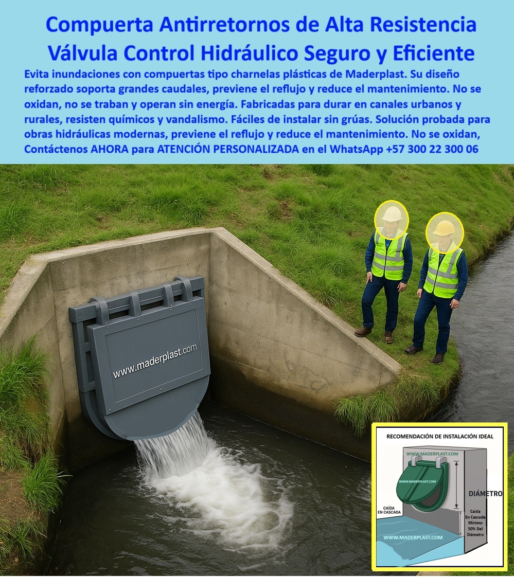Supervisión Técnica de Válvulas Charnelas Instaladas Canales Hidráulicos Maderplast 0 protección contra inundaciones charnelas reforzadas instalación compuerta plástica Inspección de válvula para control hidráulicos Ptap 01 La imagen muestra la supervisión técnica de válvulas charnelas instaladas en canales hidráulicos Maderplast, donde se evidencia la funcionalidad y eficacia de una compuerta antirretornos de alta resistencia tipo charnela. Esta válvula control hidráulico seguro y eficiente está fabricada en polímero técnico reforzado, y su diseño responde a la necesidad urgente de evitar inundaciones, controlar caudales y eliminar el riesgo de reflujo sin depender de presión hidráulica, energía eléctrica ni sistemas mecánicos., - Cuando un ingeniero se pregunta ¿cómo proteger obras hidráulicas contra inundaciones?, la respuesta técnica y comprobada es clara: se logra con válvulas antirretorno reforzadas que evitan caudales inversos sin presión hidráulica, como esta compuerta hidráulica reforzada que vemos instalada directamente en un canal urbano. Gracias a su sistema pasivo de cierre automático sin energía, esta compuerta plástica inspeccionada en campo opera sin fallas, incluso durante lluvias intensas, crecidas o descargas variables, bloqueando el retroceso y garantizando un flujo unidireccional constante., - Su instalación, como se observa en la imagen, es rápida y segura. Si alguien pregunta ¿cómo se instala una charnela sin maquinaria pesada?, la respuesta técnica es que el diseño ligero de Maderplast permite fijarla al concreto directamente, sin grúas ni equipos especializados, lo que reduce costos y tiempos de obra. Esta válvula tipo charnela plástica Maderplast no se oxida, no se corroe, y es resistente a químicos agresivos, vandalismo y exposición solar extrema, lo que la convierte en una solución pasiva para obras hidráulicas modernas tanto en entornos rurales como urbanos., - En el contexto de un sistema pluvial o una planta de tratamiento, si surge la duda ¿qué válvula usar para PTAP sin energía eléctrica?, esta válvula tipo charnela pasiva que cierra automáticamente con caída mínima de agua representa la respuesta ideal. Su diseño está alineado con la instalación recomendada con caída del 50%, lo que optimiza el funcionamiento hidráulico sin obstrucciones y asegura una operación libre de mantenimiento por décadas., - Esta solución también responde a la pregunta ¿qué compuerta sirve para evitar reflujo en canales urbanos? con una sola opción efectiva: una compuerta plástica tipo charnela de cierre automático por gravedad sin mantenimiento, que actúa por diferencia de presión, cerrándose ante caudales inversos sin necesidad de sensores ni operadores. Como se observa, su inspección técnica de compuertas instaladas por profesionales valida su correcto montaje y rendimiento en el sitio., - El diseño tipo clapeta y el uso de polímero avanzado convierten a esta compuerta gris de polímero técnico en la elección favorita para quienes buscan un sistema hidráulico libre de mantenimiento. Es una válvula plástica antirretorno con comportamiento confiable, ideal como charnela-control-caudal, tanto en canales rurales como en sistemas urbanos de drenaje, emisarios o colectores de agua tratada., - Y si lo que necesitas es un dispositivo de control de caudal urbano, aquí tienes una válvula que lo entrega todo: control, durabilidad, facilidad de instalación, cero óxido, cero fricción, cero fallas mecánicas. Su compuerta sin mantenimiento contra reflujo es prueba de que la tecnología pasiva bien diseñada puede superar a sistemas complejos, costosos y frágiles., - No olvides que esta válvula resistente para zonas urbanas, también conocida como tapa de canal tipo check plástica, funciona perfectamente incluso bajo condiciones extremas, siendo parte esencial de un sistema-antireflujo-sin-energía. Maderplast lo hace posible con ingeniería nacional de primer nivel y tecnología que protege vidas, obras y recursos., - ¿Estás en una obra hidráulica, planeando una solución duradera y sin complicaciones? No improvises: elige la válvula-plástica-antirretorno de Maderplast, probada en campo y certificada por años de operación impecable., - 📞 Contáctanos AHORA para ATENCIÓN PERSONALIZADA en el WhatsApp +57 300 22 300 06, - 📌 Compuerta Maderplast: porque lo técnico, lo confiable y lo duradero también puede ser económico, liviano y sin mantenimiento. ¡Solicítala hoy mismo! Supervisión Técnica de Válvulas Charnelas Instaladas Canales Hidráulicos Maderplast 0 protección contra inundaciones, - charnelas reforzadas instalación compuerta plástica, - Inspección de válvula para control hidráulicos Ptap