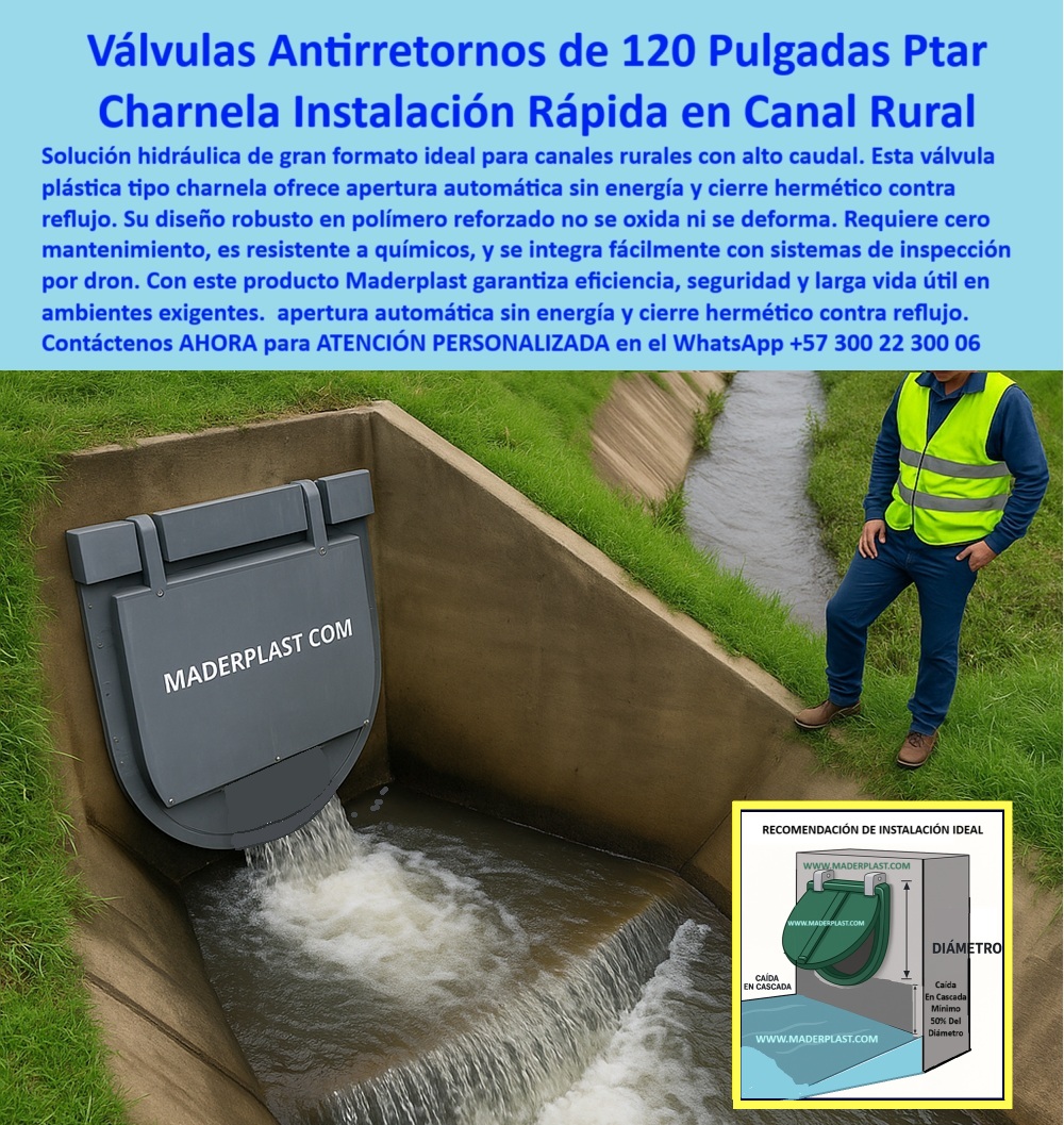 Supervisión Técnica de Válvulas Charnelas Instaladas Canales Hidráulicos Maderplast 0 válvulas de canalización Proyecto diseño fabricación e instalación compuertas para alcantarillado control hidráulico con sensores Ptar 01 En la imagen se documenta una instalación real de una válvula plástica tipo charnela de 120 pulgadas, diseñada, fabricada y supervisada por Maderplast, en un canal rural de evacuación de alto caudal. Esta escena ilustra la efectividad de una supervisión técnica de válvulas charnelas instaladas en canales hidráulicos Maderplast, donde un operario en campo verifica el funcionamiento óptimo de la compuerta, acompañado de monitoreo visual y validación del flujo en condiciones reales. La compuerta está fundida en concreto siguiendo la recomendación de instalación ideal, con caída mínima del 50% del diámetro, lo cual evita obstrucciones y garantiza un flujo constante, confiable y sin mantenimiento., - El cuerpo de esta válvula-plástica-gran-diámetro está construido con polímero técnico reforzado, lo que le permite resistir agresiones de químicos, lodos, rayos UV, aguas servidas o salinas, sin oxidarse, sin deformarse y sin necesidad de mantenimiento. Se convierte así en la válvula hidráulica de gran formato para canal rural más resistente del mercado. Su mecanismo es completamente pasivo: apertura automática con presión del caudal y cierre hidráulico por gravedad, lo que evita reflujos incluso en caudales extremos. La compuerta actúa como válvula tipo check canal PTAR de gran volumen, especialmente diseñada para control antirretorno en sistemas de alcantarillado, drenaje agrícola o redes de riego., - ¿Existe válvula de 120 pulgadas que no se oxide? Respuesta técnica: Sí. La compuerta-plástica-120-pulgadas de Maderplast no solo no se oxida, sino que ha sido validada en obras hidráulicas durante más de 20 años sin presentar deformaciones, fallas ni fugas. Gracias a su diseño robusto y ligero, puede ser instalada sin grúa, y es compatible con tecnologías modernas como control hidráulico con sensores PTAR o monitoreo por dron, lo que permite verificar su operación desde plataformas aéreas sin intervención física en obra., - La válvula aquí mostrada no solo es la respuesta técnica a problemas comunes de oxidación, sino también una solución estructural definitiva para zonas donde la energía no está disponible o los costos de mantenimiento son altos. Esta válvula plástica con cierre por gravedad canal rústico demuestra que es posible tener un sistema hidráulico sin presión ni energía, sin sacrificar eficiencia, durabilidad ni cumplimiento normativo., - ¿Qué válvula se usa en canales de riego de alto caudal? Respuesta técnica: la válvula antirretorno de 120 pulgadas canal pluvial tipo charnela fabricada por Maderplast, especialmente diseñada para resistir caudales agresivos en canales agrícolas sin presión. Funciona sin grasa, sin piezas metálicas, sin oxidación. Es una válvula de control hidráulico sin energía para riego, ideal para proyectos de canalización con control automático, donde el flujo debe dirigirse en una sola dirección, evitando retorno, sedimentación y bloqueo., - Esta compuerta de gran diámetro para PTAR rurales ha sido utilizada en el Proyecto de diseño, fabricación e instalación de válvulas de canalización en regiones donde se exige eficiencia sin fallas técnicas. La válvula hidráulica canalización agrícola alta presión está optimizada para trabajar con grandes volúmenes de agua, y gracias a su diseño técnico innovador, incluso es capaz de integrar monitoreo por sensores, cámaras y drones, lo que facilita las inspecciones remotas en obras rurales., - ¿Cómo se controla el reflujo en canales sin electricidad? Respuesta técnica: mediante un sistema de charnela hidráulica con apertura pasiva y hermetismo sin mantenimiento, como el instalado por Maderplast, que se activa únicamente con la presión del flujo natural. Esto permite evitar inundaciones, retorno de aguas contaminadas y costos de intervención., - ¿Foto de válvula grande para canal rural sin fallas? Respuesta más inteligente: Esta imagen muestra con claridad la compuerta plástica automática sin mantenimiento de 120 pulgadas instalada y supervisada en canal abierto rural. El flujo continuo que se aprecia valida el correcto sellado y apertura sin obstrucción, incluso bajo carga constante. El técnico verifica en campo la eficiencia operativa, mientras la compuerta trabaja sin intervención, sin grasa, sin piezas móviles y sin riesgo de oxidación., - Ahora la decisión es suya. ¿Seguir con sistemas metálicos que fallan o adoptar tecnología sin mantenimiento de gran escala con respaldo real?, - Solicite ahora asesoría especializada con un especialista de Maderplast., - Escriba al WhatsApp +57 300 22 300 06 y active la solución más confiable para canales rurales, riego o PTAR de gran caudal., - Instale Maderplast. Instale futuro. Supervisión Técnica de Válvulas Charnelas Instaladas Canales Hidráulicos Maderplast 0 válvulas de canalización Proyecto diseño fabricación e instalación, - compuertas para alcantarillado, - control hidráulico con sensores Ptar