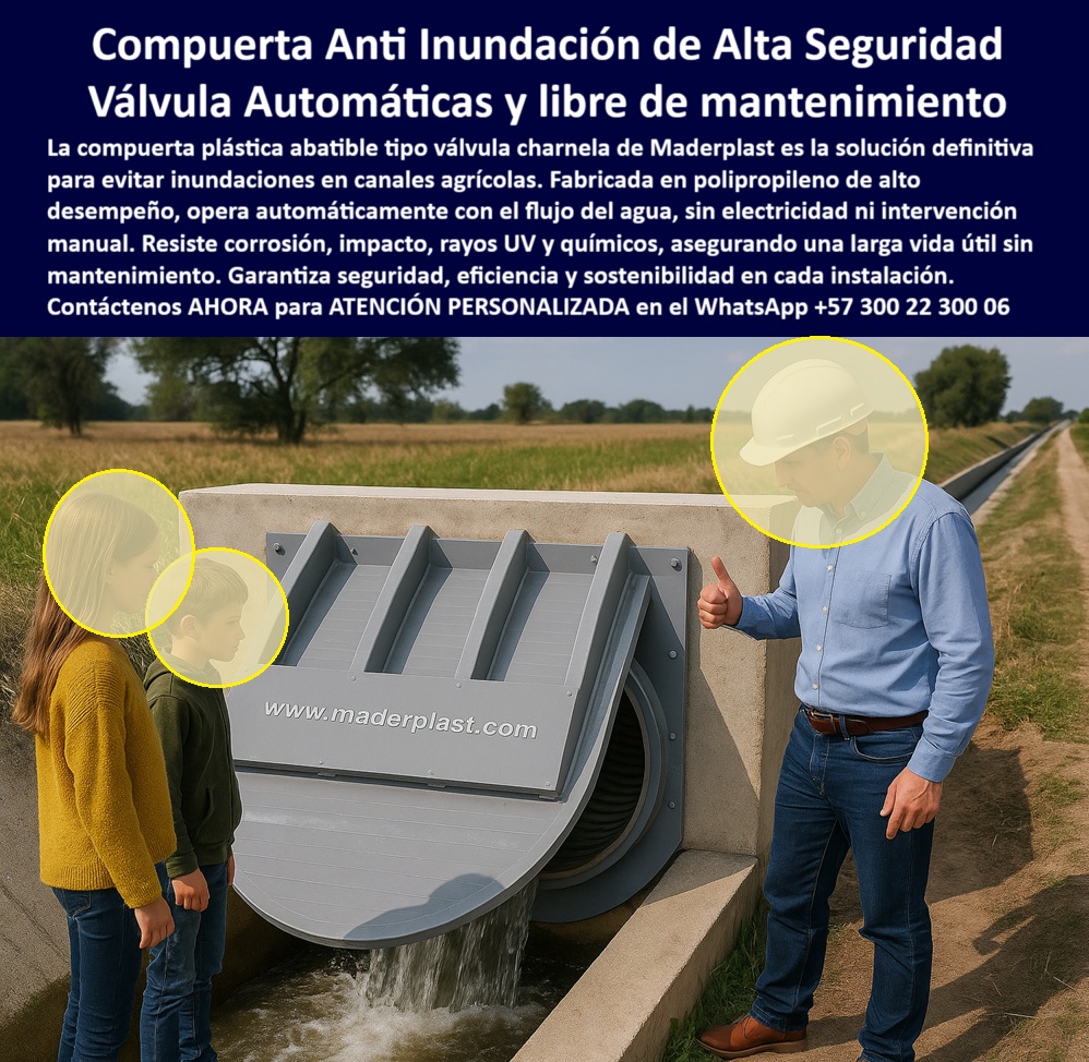 Válvulas Y Control Hidráulico Canales De Riego Compuertas Charnelas Maderplast 0 soluciones antiinundación canal compuerta abatible válvulas automáticas de riego Compuerta plástica canal agrícola grande válvula Ptap 0 ¿CHARNELAS? ¿Qué tan grande la necesita? Así se la fabricamos en Maderplast. ¿Qué tan fuerte la requiere? Así será cuando la compre en Maderplast. Le hacemos sus charnelas como usted las pide, como usted las requiera, y le asesoramos desde el proyecto hasta el diseño, la fabricación, la instalación y la puesta en marcha de las Charnelas Maderplast., - La imagen muestra una compuerta plástica automática tipo charnela instalada en un canal agrícola de gran dimensión, mientras un técnico realiza la inspección visual del sistema, acompañado de niños que representan el impacto social positivo de estas tecnologías hidráulicas sostenibles en zonas rurales. Esta válvula anti inundación de alta seguridad, fabricada en polipropileno de alto rendimiento, está diseñada para operar sin energía, sin motor, sin intervención humana, funcionando únicamente con el flujo del agua. Un sistema que actúa con precisión y autonomía., - Estas válvulas y control hidráulico para canales de riego, desarrolladas por Maderplast, garantizan funcionamiento automático por presión hidráulica. Al no requerir partes metálicas móviles, eliminan el riesgo de oxidación, corrosión o trabas. Esta compuerta abatible es la respuesta más técnica y efectiva ante una necesidad real: soluciones antiinundación canal que funcionen de forma segura, ecológica y sin mantenimiento., - ¿Qué válvula sirve para riego sin electricidad? La respuesta inmediata es: compuerta automática tipo charnela que opera solo con flujo de agua. Este sistema ha sido probado en condiciones extremas de sol, humedad, impacto y químicos. Sus materiales no se deforman, no se degradan, y su cierre hermético impide el retorno de aguas, manteniendo siempre el control del caudal agrícola. Una verdadera válvula hidráulica sin electricidad, hecha para durar., - La compuerta plástica canal agrícola grande válvula PTAP que aquí se muestra, no es un prototipo: es una instalación real, validada y operativa, donde se demuestra la capacidad del sistema para responder automáticamente ante crecidas, sin ningún tipo de energía auxiliar. Es, sin duda, una compuerta de riego por gravedad sin energía eléctrica, diseñada con ingeniería colombiana para el mundo., - ¿Qué compuerta evita inundaciones en cultivos? La respuesta técnica es clara: compuerta plástica anti inundación con cierre hermético y automático. Esta tecnología se ha instalado con éxito en granjas, distritos de riego, canales parcelarios y sistemas abiertos en zonas agrícolas vulnerables al cambio climático. Gracias a su diseño circular abatible, actúa como válvula unidireccional para agricultura, reduciendo pérdidas de agua y optimizando cada litro disponible., - ¿Dónde encuentro válvulas de riego sin mantenimiento? Respuesta inmediata: compuertas abatibles de polipropileno para canales agrícolas sin óxido. Diseñadas para flujos constantes, esta tecnología es ideal como compuerta sin mantenimiento para cultivos, manteniendo la infraestructura hídrica libre de problemas estructurales, sin necesidad de ajustes o repuestos. Maderplast fabrica cada unidad bajo requerimiento técnico, según el caudal, el tipo de canal, el desnivel y la condición climática de la zona., - Esta compuerta circular tipo charnela es la más avanzada solución hidráulica ecológica, no solo por su durabilidad, sino por su impacto ambiental positivo. Reduce el uso de acero, elimina la dependencia de energía eléctrica, y permite una operación segura incluso en presencia de niños, animales o maquinaria rural., - ¿Qué compuerta usan para canales rurales grandes? Lo que se recomienda profesionalmente es: compuerta plástica circular tipo charnela con diseño robusto y automático. Su diseño modular facilita el transporte, la instalación y la integración con canales de concreto, tierra o geomembrana. Es adaptable, confiable y eficiente., - Esta es, sin lugar a dudas, la válvula ecológica de bajo mantenimiento para agricultura que ingenieros hidráulicos, contratistas de riego, alcaldías rurales y operadores de PTAP buscan para garantizar un sistema sostenible. No es una moda, es tecnología de alta ingeniería aplicada a problemas reales del agro., - Por eso, cuando se trata de una compuerta abatible automática para riego, una válvula de riego con cierre automático tipo charnela, o una compuerta plástica resistente para canal de riego rural, la mejor elección es Maderplast. Fabricamos desde lo más pequeño hasta lo más grande. Desde lo más simple hasta lo más técnico., - Solicite ya asesoría especializada con un especialista de Maderplast, atención personalizada en este whatsapp 57+ 300 22 300 06., - Maderplast no adivina: diseña, fabrica, entrega y garantiza. Porque sabemos lo que hacemos. Porque tenemos el respaldo. Porque su proyecto merece la mejor válvula. Y esa válvula, está aquí. Válvulas Y Control Hidráulico Canales De Riego Compuertas Charnelas Maderplast 0 soluciones antiinundación canal, - compuerta abatible, - válvulas automáticas de riego, - Compuerta plástica canal agrícola grande válvula Ptap 0