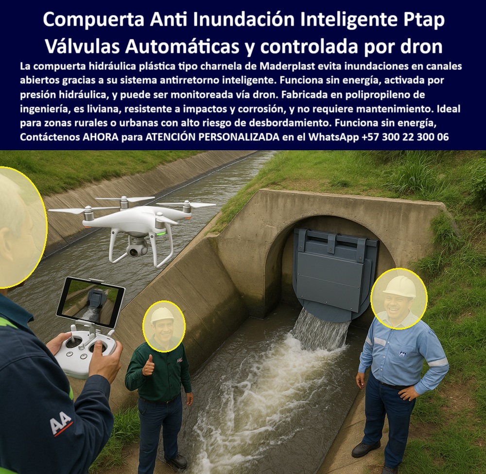 Válvulas Y Control Hidráulico Canales De Riego Compuertas Charnelas Maderplast 0 uso de compuertas en canales compuertas para canales abiertos compuerta automatizada válvula para evitar inundaciones compuerta Ptap PP 01 La imagen presenta un escenario técnico de obra civil en campo abierto donde una compuerta hidráulica plástica tipo charnela, de color gris oscuro y forma circular, ha sido instalada en la salida de un canal abierto de concreto, con agua fluyendo en sentido unidireccional a gran presión. La válvula automática, sin partes metálicas visibles, se activa por la presión del agua y opera sin energía, evitando el retorno del caudal. Al frente, un operario sostiene un control remoto mientras un dron blanco profesional sobrevuela la instalación, transmitiendo imágenes en tiempo real al dispositivo. Dos ingenieros de campo validan en sitio el funcionamiento eficiente del sistema, destacando el monitoreo aéreo como parte de un proceso de inspección inteligente. La vegetación verde en los bordes del canal y la sonrisa de aprobación del personal técnico evidencian una solución operativa, confiable y moderna, pensada para canales abiertos rurales y urbanos, plantas PTAP, y zonas de riesgo hídrico., - En sistemas hidráulicos modernos, prevenir una inundación no es cuestión de suerte: es cuestión de tecnología. Por eso, en esta imagen vemos una compuerta hidráulica plástica tipo charnela, diseñada y fabricada por Maderplast, instalada en un canal abierto de concreto y funcionando con precisión automática, activada únicamente por la presión del flujo de agua. Su arquitectura circular y su fabricación en polímero técnico la convierten en la mejor opción para vías pluviales, canales de riego, sistemas PTAP y zonas de desbordamiento frecuente., - ¿Cuál válvula funciona sin energía para riego? —RESPONDE EL TÉCNICO DE MADERPLAST— Compuerta plástica con apertura hidráulica autónoma activada por presión., - ¿Qué compuerta evita inundaciones en canales abiertos? —RESPONDE EL TÉCNICO DE MADERPLAST— Válvula inteligente plástica de cierre automático con control por dron., - ¿Qué compuerta automática sirve para canales PTAP? —RESPONDE EL TÉCNICO DE MADERPLAST— Válvula hidráulica inteligente, sin mantenimiento, activada por presión., - ¿Qué compuerta puede vigilarse con dron? —RESPONDE EL TÉCNICO DE MADERPLAST— Charnela plástica de monitoreo remoto para canales rurales y urbanos., - Esta válvula automática para evitar inundaciones no solo actúa en el momento justo, sino que puede ser monitoreada con dron, permitiendo inspecciones a distancia, sin riesgo, sin interrupciones, y con validación visual directa. La presencia del equipo técnico en campo y la tecnología de inspección aérea demuestran que estamos frente a un sistema de control hidráulico avanzado, preciso y sostenible., - La compuerta automatizada que aquí observamos es una solución confiable para uso de compuertas en canales rurales, PTAP o zonas vulnerables al desbordamiento. Liviana, resistente, sin mantenimiento y compatible con sistemas de vigilancia inteligente, es la nueva generación de válvulas ecológicas plásticas para canales abiertos., - Solicite ya asesoría especializada con un especialista de Maderplast. Atención personalizada en este WhatsApp +57 300 22 300 06. Su proyecto merece precisión, confiabilidad y futuro. Esa válvula ya existe. Y esa válvula es Maderplast. Válvulas Y Control Hidráulico Canales De Riego Compuertas Charnelas Maderplast 0 uso de compuertas en canales, - compuertas para canales abiertos, - compuerta automatizada, - válvula para evitar inundaciones, compuerta Ptap PP