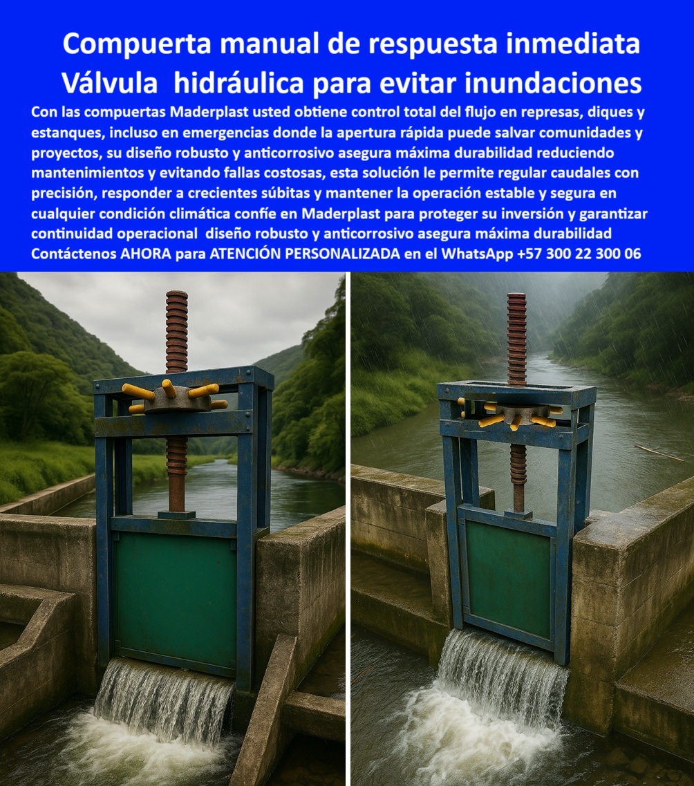 Compuerta para control de caudal en represas, diques y estanques Maderplast 0 compuerta manual para regulación de flujo en presas, - compuerta de apertura rápida para control de inundaciones, - compuerta industrial represas Compuerta para control de caudal en represas diques y estanques Maderplast 0 compuerta manual para regulación de flujo en presas compuerta de apertura rápida para control de inundaciones compuerta industrial represas 0 Compuerta para control de caudal en represas, diques y estanques Maderplast 0 compuerta manual para regulación de flujo en presas, - compuerta de apertura rápida para control de inundaciones, - compuerta industrial represas
