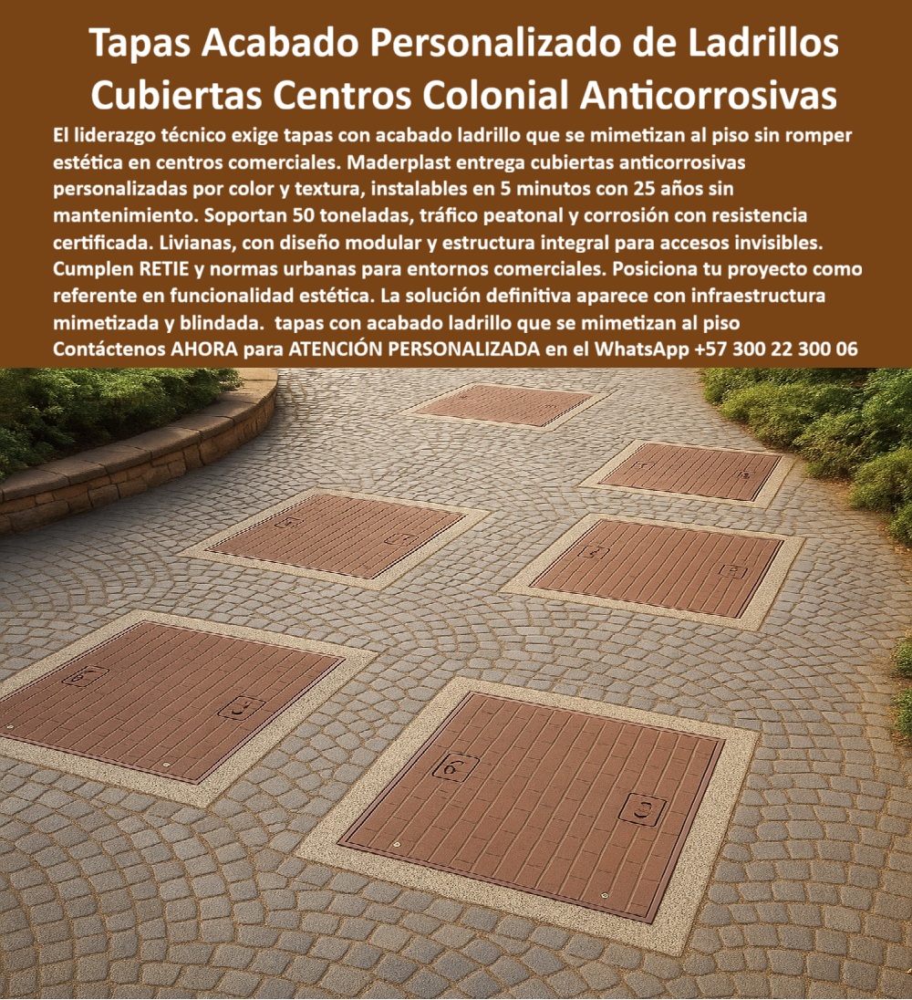 Tapa Con Acabado Personalizable Con Color Y Textura Maderplast 0 Tapas con acabados especiales decorativas tipo ladrillo Tapas acorde y similar acabado del piso Su estructura anticorrosiva Tapas diseñadas a Son ideales para centros comerciales 0 Tapa Con Acabado Personalizable Con Color Y Textura Maderplast 0 Tapas con acabados especiales decorativas tipo ladrillo Tapas acorde y similar acabado del piso Su estructura anticorrosiva Tapas diseñadas a Son ideales para centros comerciales 0