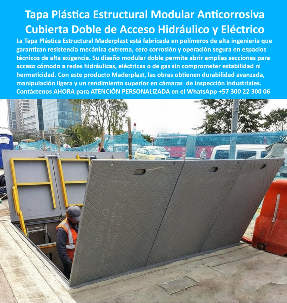 Tapa plástica estructural Maderplast 0 fabricada con polímeros de alta ingeniería. Su diseño modular doble facilita el acceso a instalaciones hidráulicas o eléctricas en espacios técnicos, con alta resistencia mecánica y sin corrosión Tapa Gas Tapa plástica estructural Maderplast 0 fabricada con polímeros de alta ingeniería. Su diseño modular doble facilita el acceso a instalaciones hidráulicas o eléctricas en espacios técnicos con alta resistencia mecánica y sin corrosión Tapa Gas