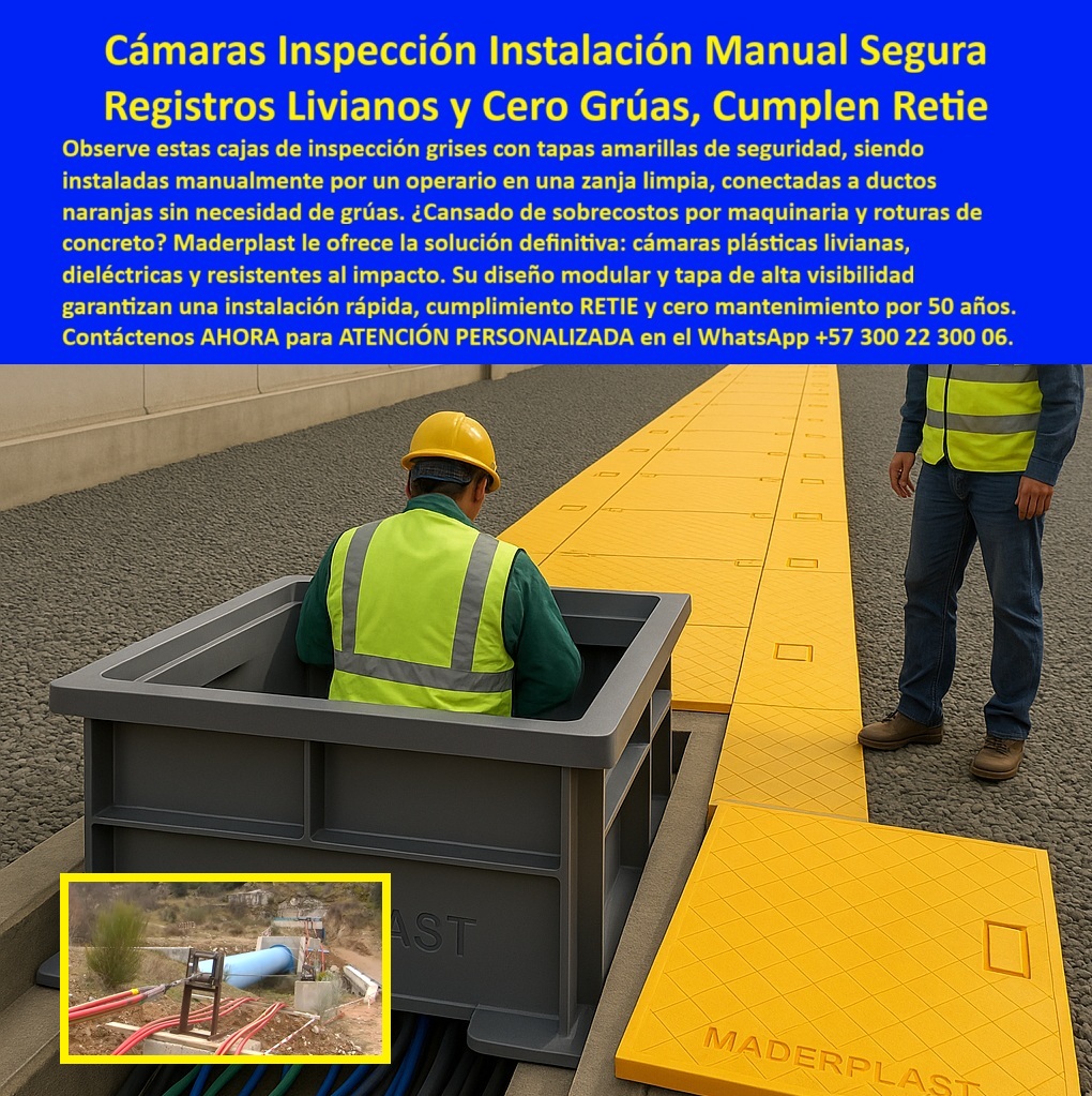 Caja de Instalaciones cajas canalizaciones con tapa Marcos Maderplast 0 Cajas de inspección eléctrica livianas sin grúa Cámara de registro RETIE 90708 certificada Cajas de paso subterráneas telecomunicaciones larga vida Tapas de registro amar