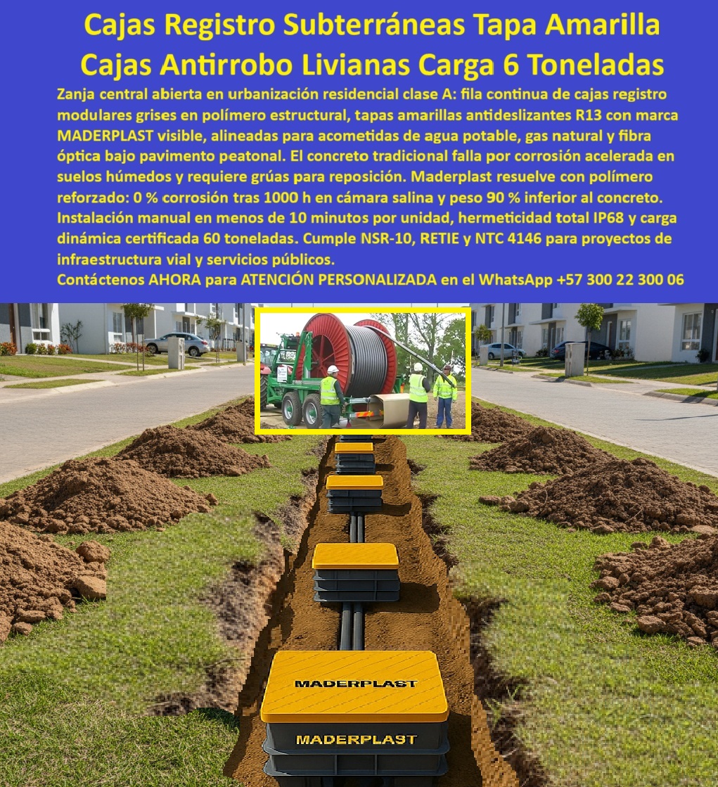 Caja de Instalaciones cajas canalizaciones con tapa Marcos Maderplast 0 Pull box subterránea polímero estructural resistente Tapas reforzadas amarillas seguridad industrial Caja canalización sin valor chatarra antirrobo Cámara registro aguas