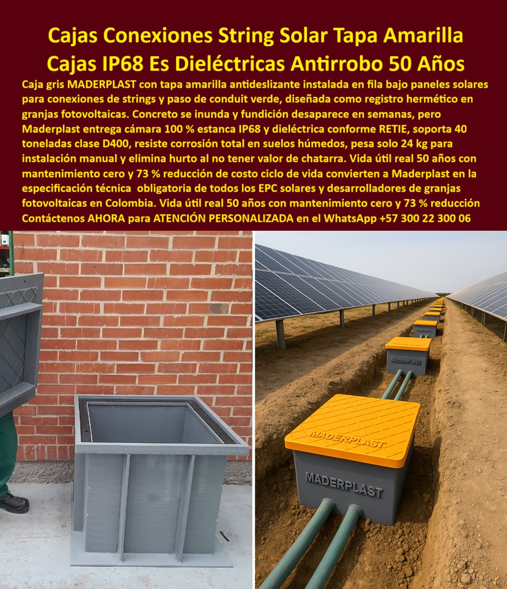 Cajas Inspección Herméticas Caja Conecciones Redes Subterráneas Maderplast 0 Caja plástica hermética alta resistencia IP68 Arquetas estancas nivel freático alto Sistema de sellado cables en arquetas subterráneas Cajas de conexión redes solar