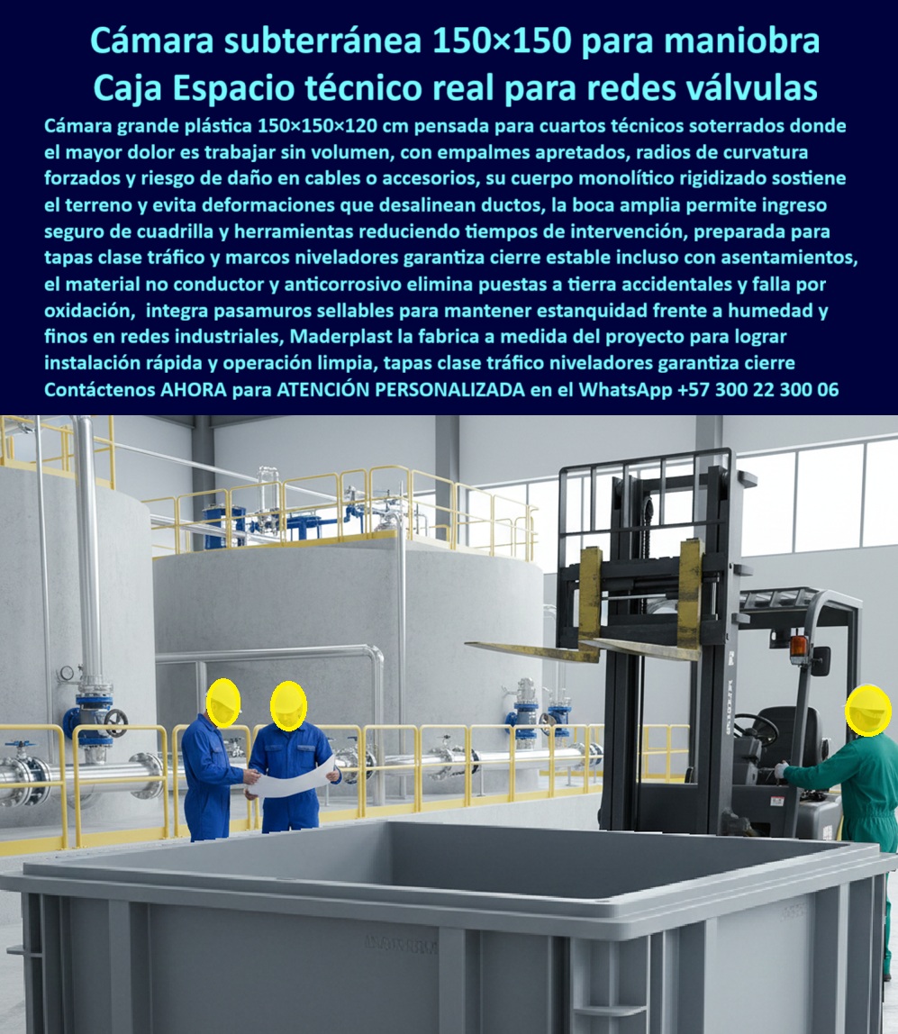 Cajas canalizaciones con tapa y Marcos 150 x 150 x 120 cm Maderplast 0 cámara subterránea para redes industriales caja grande de paso plástica para válvulas y control Caja arqueta eléctrica grande estanca para canalizaciones pozo de registro